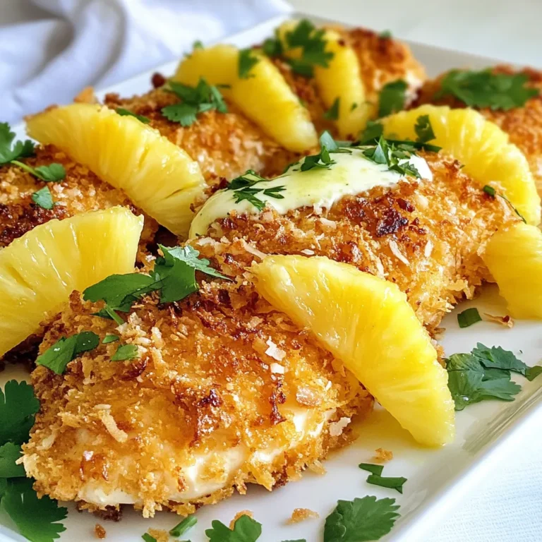 - 4 boneless, skinless chicken breasts - 1 cup shredded coconut - 1 cup panko breadcrumbs - 1 tablespoon garlic powder - 1 tablespoon onion powder - 1 teaspoon paprika - 1 teaspoon salt - ½ teaspoon black pepper - 2 eggs - ½ cup milk - 1 cup shredded mozzarella cheese - 1 ripe pineapple, sliced - 1 tablespoon olive oil - Fresh cilantro for garnish To make Malibu Chicken, you need fresh chicken breasts. They will be the star of your dish. For the coating, you mix shredded coconut with panko breadcrumbs. This mix gives a crunchy texture. Garlic powder and onion powder add great flavor. Paprika, salt, and pepper enhance the taste. For the topping, mozzarella cheese melts beautifully on the chicken. Pineapple slices add a sweet touch. They balance the savory flavors. Olive oil helps the pineapple roast well. Lastly, fresh cilantro brightens the dish. Each ingredient plays a role in creating a tasty meal. {{ingredient_image_1}} 1. Start by preheating your oven to 375°F (190°C). This step is key for even baking. 2. Next, grab a shallow bowl and whisk together 2 eggs and ½ cup of milk. Mix until it's smooth and well combined. 3. In another shallow bowl, mix 1 cup of shredded coconut, 1 cup of panko breadcrumbs, 1 tablespoon of garlic powder, 1 tablespoon of onion powder, 1 teaspoon of paprika, 1 teaspoon of salt, and ½ teaspoon of black pepper. This mix gives the chicken a great flavor. 4. Now, take a chicken breast and dip it into the egg mixture, letting the extra drip off. After that, coat it in the coconut-panko mix. Press lightly to make sure it sticks well. 5. Place the coated chicken breasts on a greased baking sheet. This helps prevent sticking. 6. Sprinkle a generous amount of shredded mozzarella cheese on top of each chicken piece. This will melt and add a nice touch. 7. Slice your ripe pineapple and arrange the slices around the chicken on the baking sheet. Brush them lightly with 1 tablespoon of olive oil for extra flavor. 8. It’s time to bake! Put the baking sheet in the oven and bake for 25-30 minutes. The chicken is ready when it reaches an internal temperature of 165°F (74°C) and the coating turns golden brown. 9. Once it's done, take it out of the oven and let it cool for a few minutes. 10. For a fresh finish, garnish the chicken with chopped cilantro before serving. Enjoy your flavorful Malibu Chicken! - Achieving the perfect golden crust: To get that nice, golden crust, press the coating onto the chicken. This helps it stick well. Bake until the color is a rich, golden brown. - Ensuring chicken is cooked through: Use a meat thermometer to check the chicken. It should reach 165°F (74°C). This ensures it is safe and juicy. - Suggestions for garnish: Fresh cilantro adds a bright touch. You can also use thin lime slices for zest. This will enhance the dish's tropical feel. - Side dishes that complement Malibu Chicken: Serve Malibu Chicken with rice or a fresh salad. Grilled veggies also pair well and add color to your plate. - Best sauces to pair with the dish: A sweet chili sauce works great with the coconut flavor. You can also try a honey mustard or a tangy barbecue sauce for a tasty mix. Pro Tips Perfectly Breaded: For an extra crispy coating, let the coated chicken rest for 10-15 minutes before baking. This helps the breading adhere better. Flavor Boost: Marinate the chicken breasts in a mixture of pineapple juice and soy sauce for a few hours before breading for added flavor. Cheese Options: Feel free to experiment with different cheeses such as pepper jack or cheddar for a unique twist on the flavor profile. Garnishing Tips: Add a squeeze of fresh lime juice over the chicken and pineapple before serving for a refreshing zing. {{image_2}} For a fun twist, you can change the breading. Instead of panko and coconut, try crushed cornflakes. They add a nice crunch. You can also use gluten-free breadcrumbs if you need it. If you're dairy-free, swap the milk for almond or oat milk. They work well in the egg mix. For cheese, choose a dairy-free mozzarella. It melts nicely and keeps the dish creamy. Want to spice things up? Add some cayenne pepper or chili powder to the breading. Fresh herbs like thyme or basil can brighten the flavor too. They give a fresh taste that pairs well with chicken. For cheese, mix it up! Use cheddar for a sharper flavor or pepper jack for heat. You can also try using feta. It adds a nice salty kick that works great with the pineapple. After you enjoy your Malibu Chicken, store any leftovers in the fridge. Place the chicken in an airtight container. This helps keep it fresh for up to three days. You can also wrap it tightly in plastic wrap. Make sure to cool the chicken to room temperature before sealing it up. When you’re ready to eat, reheating is simple. Preheat your oven to 350°F (175°C). Place the chicken on a baking sheet. Cover it with foil to keep it moist. Heat for about 15-20 minutes or until it's warm throughout. You can also use a microwave, but it may not keep the crust crispy. If you want to save Malibu Chicken for later, freezing is a great option. After letting the chicken cool, wrap each piece tightly in plastic wrap. Then, place them in a freezer-safe bag. Remove as much air as possible to avoid freezer burn. You can freeze it for up to two months. When you’re ready to enjoy it, defrost the chicken in the fridge overnight. This keeps it safe. After thawing, reheat it as mentioned before. For better results, bake it in the oven to restore the crispiness. Use glass or plastic containers that are safe for freezing. This helps keep your Malibu Chicken fresh and tasty. What is Malibu Chicken? Malibu Chicken is a tasty dish made with crispy chicken, coconut, and cheese. It has a tropical twist with fresh pineapple and a crunchy coating. This recipe brings flavors of the beach right to your table. Can I make Malibu Chicken ahead of time? Yes! You can prepare the chicken and the coating ahead of time. Coat the chicken and store it in the fridge for up to a day. Just bake it when you’re ready to enjoy a delicious meal. Is Malibu Chicken gluten-free? No, Malibu Chicken is not gluten-free because of the panko breadcrumbs. You can use gluten-free breadcrumbs to make it safe for those with gluten sensitivities. This swap keeps the dish tasty while avoiding gluten. What can I substitute for chicken? You can use turkey breasts or tofu if you want a different protein. Both options work well in this recipe. Adjust the cooking time if you use tofu, as it requires less time to cook. This blog post covered all you need to make Malibu Chicken. We discussed the specific ingredients, cooking steps, and tips for the best results. You learned how to make it crispy and delicious. I shared storage tips and answered common questions, too. Don’t be afraid to get creative with flavors or try different toppings. Enjoy this tasty dish with your favorite sides. Now, it’s time to gather your ingredients and start cooking!