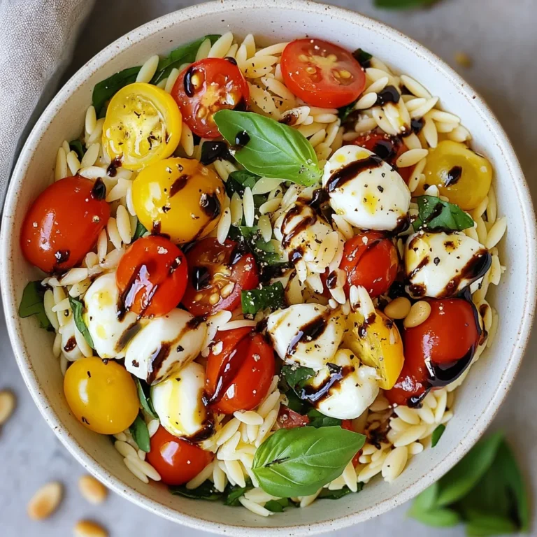 - orzo pasta - cherry tomatoes - fresh mozzarella balls - fresh basil leaves - olive oil - balsamic glaze - garlic powder - salt and pepper - optional: pine nuts To make a great Caprese Orzo Salad, you need a few key ingredients. First, orzo pasta is a small, rice-shaped pasta. It cooks quickly and adds a nice texture. Next, cherry tomatoes bring sweetness and color. Fresh mozzarella balls add creaminess, making every bite delicious. Fresh basil leaves give the salad its classic Caprese feel. Olive oil is vital for dressing, while balsamic glaze adds a sweet tang. Garlic powder boosts flavor, and salt and pepper help balance everything. If you want a crunch, add toasted pine nuts. Gather these ingredients, and you’ll create a fresh salad that is full of flavor. You can find most of these items at your local grocery store. Each bite will remind you of sunny Italian days! {{ingredient_image_1}} To start, bring a large pot of salted water to a boil. Add 1 cup of orzo pasta. Cook it according to the package instructions. This usually takes about 8 to 10 minutes. You want the orzo to be al dente, which means it should be firm but not hard. To check, taste a piece a minute or two before the time is up. Once done, drain the orzo in a colander and rinse it under cold water to stop the cooking process. This also helps cool it down. In a large mixing bowl, combine the cooled orzo, 1 cup of halved cherry tomatoes, and 1 cup of halved mozzarella balls. Stir gently to mix the ingredients without breaking the mozzarella. This step creates a colorful base for your salad. It’s simple but essential for a fresh flavor. Now, we’ll add some flavor! Drizzle 3 tablespoons of olive oil and 2 tablespoons of balsamic glaze over the orzo mixture. Then, sprinkle in 1 teaspoon of garlic powder, along with salt and pepper to taste. Mix everything well. Next, gently fold in 1 cup of torn basil leaves. This adds a fresh taste that is key to a Caprese salad. If you want some crunch, toast ¼ cup of pine nuts in a dry skillet over medium heat for 2-3 minutes until golden. Add these to the salad for extra texture. Let the salad chill in the refrigerator for at least 30 minutes. This resting time helps the flavors blend together beautifully. To avoid mushy pasta, cook the orzo just until al dente. This means it should feel firm but not hard. After draining, rinse it under cold water. This stops the cooking process and keeps the pasta from getting soft. For the freshest taste, always use ripe cherry tomatoes and high-quality mozzarella. Fresh basil leaves should be bright green and fragrant. These ingredients make all the difference in flavor and texture. Serve the salad chilled or at room temperature. It looks great in a large bowl or on a platter. You can add grilled chicken or shrimp for extra protein. This salad pairs well with crusty bread or a light soup. These options make for a complete meal that everyone will love. You can make this salad ahead of time. Just skip adding basil until you are ready to serve. This keeps the leaves fresh and vibrant. You can also customize the flavors by adding ingredients like olives or bell peppers. If you want a kick, try adding a dash of crushed red pepper flakes. These little tweaks can turn a simple salad into a new favorite. Pro Tips Perfectly Cooked Orzo: Make sure to cook the orzo pasta until al dente for the best texture in your salad. Overcooked pasta can become mushy. Fresh Ingredients Matter: Use the freshest cherry tomatoes and basil you can find to enhance the flavor of your salad. Fresh ingredients make a significant difference. Customize Your Salad: Feel free to add other ingredients like diced cucumbers or bell peppers for extra crunch and flavor. This salad is versatile! Make Ahead: This salad can be made a few hours in advance. Just keep it refrigerated and give it a good stir before serving to redistribe the dressing. {{image_2}} If you want to mix things up, try using different cheeses. Feta or goat cheese can add a nice twist. They bring a tangy flavor that pairs well with the other ingredients. If you prefer herbs, swap basil for parsley or cilantro. Each herb gives the salad a unique taste and freshness. Instead of balsamic glaze, explore different vinaigrettes. A simple olive oil and vinegar mix can work wonders too. For a zesty flavor, add lemon or lime juice. This brightens the dish and enhances the flavors. A citrus twist can make your salad feel light and refreshing. Adjust your salad based on the season. In summer, add some fresh cucumbers or bell peppers for crunch. In fall, think about roasted squash or brussels sprouts for warmth. Seasonal vegetables not only taste great but also keep your salad vibrant and exciting. Enjoy the best of each season in your Caprese Orzo Salad! Store your Caprese Orzo Salad in an airtight container. Glass or plastic containers work well. This keeps the salad fresh and prevents odors from mixing. The salad lasts about 3 to 5 days in the fridge. However, it tastes best within the first couple of days. Can you freeze Caprese Orzo Salad? I don’t recommend it. The fresh ingredients, like tomatoes and basil, do not freeze well. If you want to save it, consider freezing the orzo separately. To do this, cook and cool the orzo, then place it in a freezer-safe bag. Press out all the air before sealing. When ready to use, thaw it in the fridge overnight. Reheating Caprese Orzo Salad is not needed. Instead, you can refresh it. Add a splash of olive oil or balsamic glaze. Toss in some fresh basil or a few cherry tomatoes. This brings back the salad’s bright flavors. It makes the dish feel new again! Yes, you can make Caprese Orzo Salad ahead of time. This salad is great for meal prep. To do this, follow these tips: - Cook the orzo and let it cool completely. - Mix in all the other ingredients, but hold off on the basil until just before serving. - Store it in an airtight container in the fridge. It lasts for up to three days. - When ready to eat, add the torn basil leaves. This keeps them fresh and vibrant. Regular orzo pasta is not gluten-free. However, there are gluten-free pasta options available. Here are some alternatives: - Brown rice orzo offers a similar texture. - Quinoa pasta is another healthy choice. - Chickpea pasta adds a nice flavor and protein boost. These options allow everyone to enjoy this tasty salad without worry. You can serve Caprese Orzo Salad warm, but it's best chilled. Serving it warm changes the texture and flavor. If you prefer it warm, follow these steps: - Cook the orzo and mix with the other ingredients while still warm. - Serve it right away for a comforting dish. - Keep in mind, the flavors blend better when chilled. Enjoy experimenting with the temperature to find your favorite way to serve it! This blog covers the steps to make a great Caprese Orzo Salad. We discussed key ingredients, cooking tips, and ways to adjust flavors. You learned how to store leftovers and how to make this dish your own. Final thoughts: This salad is easy and fun. It's perfect for any meal. Try different herbs and toppings to keep it fresh. Enjoy your delicious creation!