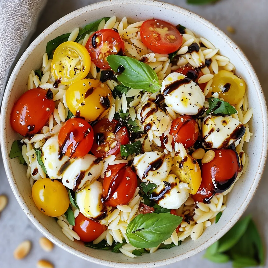 - orzo pasta - cherry tomatoes - fresh mozzarella balls - fresh basil leaves - olive oil - balsamic glaze - garlic powder - salt and pepper - optional: pine nuts To make a great Caprese Orzo Salad, you need a few key ingredients. First, orzo pasta is a small, rice-shaped pasta. It cooks quickly and adds a nice texture. Next, cherry tomatoes bring sweetness and color. Fresh mozzarella balls add creaminess, making every bite delicious. Fresh basil leaves give the salad its classic Caprese feel. Olive oil is vital for dressing, while balsamic glaze adds a sweet tang. Garlic powder boosts flavor, and salt and pepper help balance everything. If you want a crunch, add toasted pine nuts. Gather these ingredients, and you’ll create a fresh salad that is full of flavor. You can find most of these items at your local grocery store. Each bite will remind you of sunny Italian days! {{ingredient_image_1}} To start, bring a large pot of salted water to a boil. Add 1 cup of orzo pasta. Cook it according to the package instructions. This usually takes about 8 to 10 minutes. You want the orzo to be al dente, which means it should be firm but not hard. To check, taste a piece a minute or two before the time is up. Once done, drain the orzo in a colander and rinse it under cold water to stop the cooking process. This also helps cool it down. In a large mixing bowl, combine the cooled orzo, 1 cup of halved cherry tomatoes, and 1 cup of halved mozzarella balls. Stir gently to mix the ingredients without breaking the mozzarella. This step creates a colorful base for your salad. It’s simple but essential for a fresh flavor. Now, we’ll add some flavor! Drizzle 3 tablespoons of olive oil and 2 tablespoons of balsamic glaze over the orzo mixture. Then, sprinkle in 1 teaspoon of garlic powder, along with salt and pepper to taste. Mix everything well. Next, gently fold in 1 cup of torn basil leaves. This adds a fresh taste that is key to a Caprese salad. If you want some crunch, toast ¼ cup of pine nuts in a dry skillet over medium heat for 2-3 minutes until golden. Add these to the salad for extra texture. Let the salad chill in the refrigerator for at least 30 minutes. This resting time helps the flavors blend together beautifully. To avoid mushy pasta, cook the orzo just until al dente. This means it should feel firm but not hard. After draining, rinse it under cold water. This stops the cooking process and keeps the pasta from getting soft. For the freshest taste, always use ripe cherry tomatoes and high-quality mozzarella. Fresh basil leaves should be bright green and fragrant. These ingredients make all the difference in flavor and texture. Serve the salad chilled or at room temperature. It looks great in a large bowl or on a platter. You can add grilled chicken or shrimp for extra protein. This salad pairs well with crusty bread or a light soup. These options make for a complete meal that everyone will love. You can make this salad ahead of time. Just skip adding basil until you are ready to serve. This keeps the leaves fresh and vibrant. You can also customize the flavors by adding ingredients like olives or bell peppers. If you want a kick, try adding a dash of crushed red pepper flakes. These little tweaks can turn a simple salad into a new favorite. Pro Tips Perfectly Cooked Orzo: Make sure to cook the orzo pasta until al dente for the best texture in your salad. Overcooked pasta can become mushy. Fresh Ingredients Matter: Use the freshest cherry tomatoes and basil you can find to enhance the flavor of your salad. Fresh ingredients make a significant difference. Customize Your Salad: Feel free to add other ingredients like diced cucumbers or bell peppers for extra crunch and flavor. This salad is versatile! Make Ahead: This salad can be made a few hours in advance. Just keep it refrigerated and give it a good stir before serving to redistribe the dressing. {{image_2}} If you want to mix things up, try using different cheeses. Feta or goat cheese can add a nice twist. They bring a tangy flavor that pairs well with the other ingredients. If you prefer herbs, swap basil for parsley or cilantro. Each herb gives the salad a unique taste and freshness. Instead of balsamic glaze, explore different vinaigrettes. A simple olive oil and vinegar mix can work wonders too. For a zesty flavor, add lemon or lime juice. This brightens the dish and enhances the flavors. A citrus twist can make your salad feel light and refreshing. Adjust your salad based on the season. In summer, add some fresh cucumbers or bell peppers for crunch. In fall, think about roasted squash or brussels sprouts for warmth. Seasonal vegetables not only taste great but also keep your salad vibrant and exciting. Enjoy the best of each season in your Caprese Orzo Salad! Store your Caprese Orzo Salad in an airtight container. Glass or plastic containers work well. This keeps the salad fresh and prevents odors from mixing. The salad lasts about 3 to 5 days in the fridge. However, it tastes best within the first couple of days. Can you freeze Caprese Orzo Salad? I don’t recommend it. The fresh ingredients, like tomatoes and basil, do not freeze well. If you want to save it, consider freezing the orzo separately. To do this, cook and cool the orzo, then place it in a freezer-safe bag. Press out all the air before sealing. When ready to use, thaw it in the fridge overnight. Reheating Caprese Orzo Salad is not needed. Instead, you can refresh it. Add a splash of olive oil or balsamic glaze. Toss in some fresh basil or a few cherry tomatoes. This brings back the salad’s bright flavors. It makes the dish feel new again! Yes, you can make Caprese Orzo Salad ahead of time. This salad is great for meal prep. To do this, follow these tips: - Cook the orzo and let it cool completely. - Mix in all the other ingredients, but hold off on the basil until just before serving. - Store it in an airtight container in the fridge. It lasts for up to three days. - When ready to eat, add the torn basil leaves. This keeps them fresh and vibrant. Regular orzo pasta is not gluten-free. However, there are gluten-free pasta options available. Here are some alternatives: - Brown rice orzo offers a similar texture. - Quinoa pasta is another healthy choice. - Chickpea pasta adds a nice flavor and protein boost. These options allow everyone to enjoy this tasty salad without worry. You can serve Caprese Orzo Salad warm, but it's best chilled. Serving it warm changes the texture and flavor. If you prefer it warm, follow these steps: - Cook the orzo and mix with the other ingredients while still warm. - Serve it right away for a comforting dish. - Keep in mind, the flavors blend better when chilled. Enjoy experimenting with the temperature to find your favorite way to serve it! This blog covers the steps to make a great Caprese Orzo Salad. We discussed key ingredients, cooking tips, and ways to adjust flavors. You learned how to store leftovers and how to make this dish your own. Final thoughts: This salad is easy and fun. It's perfect for any meal. Try different herbs and toppings to keep it fresh. Enjoy your delicious creation!