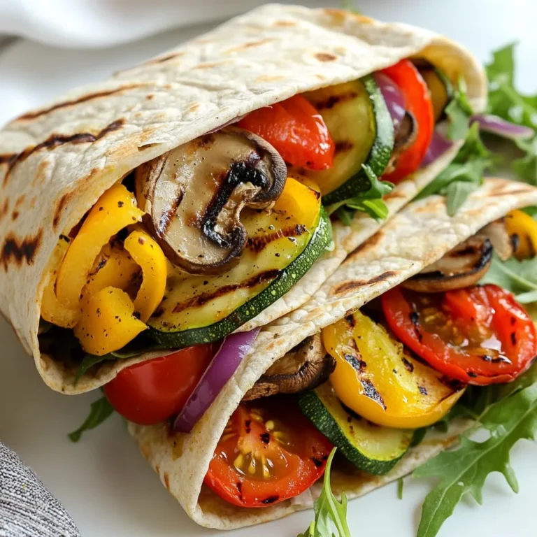 For grilled veggie wraps, you want fresh, colorful vegetables. Here are the key veggies you need: - 1 large zucchini, sliced into thin rounds - 1 bell pepper (red or yellow), sliced into strips - 1 red onion, sliced into rings - 1 cup mushrooms, sliced - 1 cup cherry tomatoes, halved These vegetables add great flavor and texture. Zucchini and bell peppers bring sweetness. Red onion adds a nice bite. Mushrooms give a meaty feel, while cherry tomatoes add juicy bursts. Seasonings make your veggies shine. Here’s what to use: - 2 tablespoons olive oil - 1 teaspoon garlic powder - 1 teaspoon smoked paprika - Salt and pepper to taste Olive oil helps the veggies grill nicely. Garlic powder adds depth. Smoked paprika gives a warm, smoky flavor. Be sure to season with salt and pepper to taste, as this enhances all the flavors. The wrap base and sauces are vital for taste. Here’s what you’ll need: - 4 large whole wheat tortillas - 1 cup hummus or tzatziki sauce - Fresh arugula or spinach for extra crunch Whole wheat tortillas add fiber and flavor. Hummus or tzatziki sauce adds creaminess. Fresh arugula or spinach gives a nice crunch. You can mix and match sauces for variety. {{ingredient_image_1}} Start by heating your grill or grill pan. Set it to medium-high heat. This step is key for getting those tasty grill marks on your veggies. Wait until the grill is hot before adding any vegetables. A hot grill will help to cook the veggies evenly. In a large bowl, mix the sliced zucchini, bell pepper, red onion, mushrooms, and halved cherry tomatoes. Drizzle in the olive oil. Add garlic powder, smoked paprika, salt, and pepper. Toss everything well until the veggies are fully coated. This mix of flavors makes the wraps tasty and colorful. Grab a large tortilla. Spread a nice layer of hummus or tzatziki sauce on it. Next, add a generous amount of your grilled veggies. Top with fresh arugula or spinach for some extra crunch. Roll the tortilla tightly, folding in the sides as you go. If you want a crispy wrap, grill it for an extra 2-3 minutes on each side. Finally, slice each wrap in half diagonally. Enjoy your delicious creation with some extra dipping sauce if you like! Grilling veggies requires some care. Choose fresh and firm vegetables. Slice them evenly for even cooking. A grill basket can help keep smaller pieces from falling through. Preheat your grill to medium-high heat. This step helps to get those lovely grill marks. Brush veggies lightly with olive oil. This prevents sticking and adds flavor. Keep an eye on them. Overcooked veggies can become mushy. Aim for a tender texture with nice grill marks. For grilled wraps, start with a warm tortilla. Spread hummus or tzatziki evenly. This makes each bite flavorful. Layer your grilled veggies in the center, then add fresh arugula or spinach for extra crunch. Roll the wrap tightly. Fold in the sides as you go. This keeps filling inside. If you like, grill the wraps for a few minutes. This adds a crispy texture. Be careful not to burn them. Serve your grilled veggie wraps with extra dipping sauce. Hummus or tzatziki works well. Pair them with a fresh salad for a complete meal. You can also serve with chips or a light soup. For drinks, try homemade lemonade or iced tea. These pair nicely with the fresh flavors of the wraps. Enjoy your tasty and healthy meal! Pro Tips Grill at the Right Temperature: Make sure your grill or grill pan is preheated to medium-high heat to ensure the vegetables cook evenly and develop great grill marks. Experiment with Veggies: Feel free to mix and match your favorite vegetables! Asparagus, eggplant, or even corn can add unique flavors and textures to your wraps. Wrap It Right: When rolling your tortilla, make sure to fold in the sides before rolling tightly to prevent any filling from spilling out. Serve with a Twist: For an extra burst of flavor, drizzle some balsamic glaze or your favorite hot sauce over the wraps just before serving. {{image_2}} You can make your grilled veggie wraps more filling by adding protein. Grilled chicken or turkey adds a nice flavor and texture. For a meat-free option, try black beans or chickpeas. Both provide protein and fiber. Tofu is also a great choice. Marinate it in the same spices as your veggies for extra flavor. Just grill it until it’s golden brown. This way, your wraps become a hearty meal. While zucchini and bell peppers are great, you can mix it up. Try adding eggplant, asparagus, or squash for different tastes. Broccoli or cauliflower florets work well, too. You can even use sweet potatoes, sliced thin and grilled until soft. The more colorful your veggies, the better your wraps look and taste. Explore local markets for seasonal veggies for extra freshness. The sauce can really change your wrap's flavor. Hummus is creamy and adds a nice kick. Tzatziki brings a refreshing taste with yogurt and cucumber. You can also try pesto for a burst of herbal flavor. If you like spice, add a drizzle of sriracha or harissa. Mixing sauces can also create unique flavors. Experiment with your favorites to find what you love best. To keep leftover wraps fresh, wrap each one tightly in plastic wrap. You can also use foil for better protection. Place the wrapped wraps in an airtight container. Store them in the fridge. They stay good for up to three days. If you want to eat them later, don’t add greens until you’re ready to eat. You can freeze grilled veggie wraps for longer storage. Wrap each one in plastic wrap and then foil. This prevents freezer burn. When you’re ready to eat, thaw them in the fridge overnight. Reheat them in a pan or grill for a few minutes. This keeps them warm and crispy. You can also use a microwave if you’re short on time. Grilled veggies can last in the fridge for about five days. Store them in a sealed container. If you freeze the veggies, they can last for about three months. Just make sure to cool them first before freezing. This way, you can enjoy fresh flavors for a long time. Yes, you can use flour tortillas. They are soft and easy to roll. Whole wheat adds more fiber and nutrients. If you prefer flour, go for it! To make them gluten-free, use gluten-free tortillas. Many brands offer great options. You can also check labels to ensure no gluten ingredients. Enjoy the same taste without worry! You can add many veggies! Try eggplant, asparagus, or even sweet potatoes. Broccoli and cauliflower also work well. Mix and match to find your favorite combo! Yes, you can! Make the grilled veggies and wraps a few hours before. Just store them in the fridge. Wrap them tightly in plastic wrap to keep them fresh. Absolutely! Grilled veggie wraps are full of nutrients. They offer vitamins from the veggies and healthy fats from olive oil. When you use whole wheat tortillas, you add more fiber. It's a tasty, healthy meal! Grilled veggie wraps are easy and fun to make. We covered key ingredients, like fresh veggies, oils, and sauces. I shared step-by-step instructions for grilling and assembling the wraps. You learned tips for perfect grilling and ways to mix it up with proteins and sauces. Storing leftovers keeps your meal fresh for later. These wraps are healthy, tasty, and great for any meal. I hope you enjoy making them!