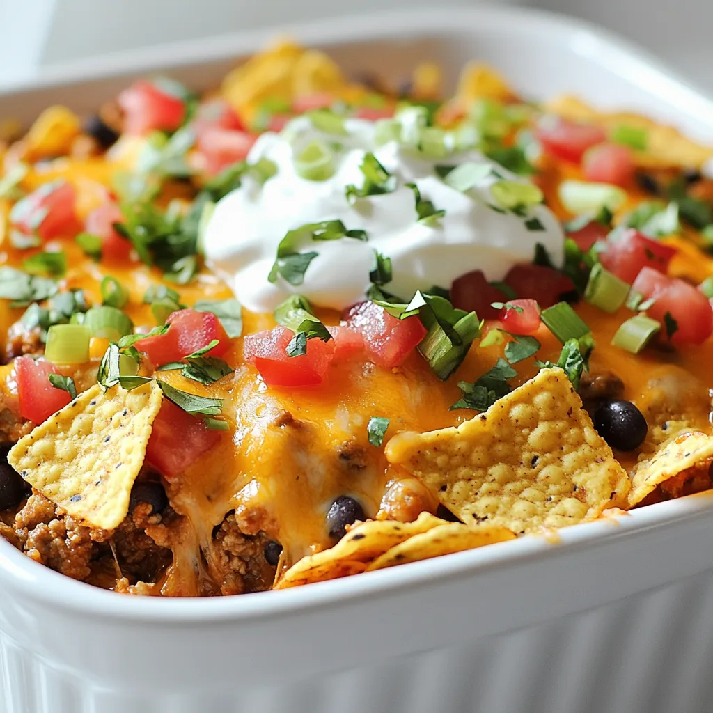 - 1 lb ground beef or turkey - 1 can (15 oz) black beans, drained and rinsed - 1 can (15 oz) diced tomatoes with green chilies - 1 packet taco seasoning - 1 cup corn kernels (fresh, frozen, or canned) - 2 cups tortilla chips, crushed - 2 cups shredded cheddar cheese - 1 cup sour cream or Greek yogurt - 1/2 cup green onions, chopped - Fresh cilantro for garnish (optional) Gather these ingredients before you start. Ground beef or turkey gives great flavor and protein. Black beans and diced tomatoes add fiber and taste. Taco seasoning brings a kick, while corn adds sweetness. Tortilla chips are the base for crunch, and cheese makes it rich and gooey. Sour cream or Greek yogurt adds creaminess, and green onions plus cilantro give freshness. - Sliced avocado or jalapeños - Different cheese options like Monterey Jack or queso fresco Feel free to add extra toppings! Avocado provides creaminess, while jalapeños add heat. You can also switch cheeses to mix things up. These small changes can make a big difference in taste and texture. Enjoy customizing your taco casserole to match your preferences! {{ingredient_image_1}} 1. Preparing the ground meat: Start by heating a large skillet over medium heat. Add 1 pound of ground beef or turkey. Cook until it is brown and no longer pink. If there is extra fat, drain it. This keeps your dish from being greasy. 2. Draining and rinsing beans and tomatoes: While the meat cooks, grab 1 can of black beans and 1 can of diced tomatoes with green chilies. Drain the beans in a colander. Rinse them under cold water. This step helps reduce sodium and improves taste. 1. Sautéing the meat and adding seasonings: Once the meat is cooked, lower the heat. Stir in 1 packet of taco seasoning. Then add the drained beans, diced tomatoes (with juices), and 1 cup of corn. Season with salt and pepper. Mix well and cook for about 5 minutes. 2. Combining ingredients in the skillet: Ensure all the ingredients are heated through. The mixture should be warm and fragrant. This blend of flavors makes the casserole special. 1. Layering chips, meat mixture, and cheese: In a large baking dish, layer half of the crushed tortilla chips on the bottom. Spread half of the meat mixture over the chips. Top it with half of the shredded cheddar cheese. 2. Final layer and baking instructions: Repeat the layers. Add the remaining chips, meat mixture, and cheese on top. Preheat your oven to 350°F (175°C) and bake for 25 to 30 minutes. The cheese should be bubbly and golden. Allow it to cool for a few minutes before serving. Enjoy your delicious taco casserole! To make your taco casserole perfect, ensure even layering. Start with half the crushed chips at the bottom. Then, add half the meat mixture and half the cheese. Repeat these layers. This method helps each bite taste great. Adjusting the seasoning is key. Feel free to add more taco seasoning or salt if needed. Taste the mixture as you cook. This way, you can match it to your family's preference. Prep your ingredients before cooking. Chop the green onions and measure the cheese ahead of time. This cuts down on cooking time and makes serving easier. Using rotisserie chicken saves time too. Just shred the chicken and mix it into your meat mixture. This shortcut gives you more flavor without all the work. Pro Tips Use Lean Meat: Opt for lean ground beef or turkey to reduce fat content and make the dish lighter. Add Extra Veggies: Incorporate diced bell peppers or zucchini into the meat mixture for added nutrition and flavor. Make It Spicy: For a kick, add sliced jalapeños or a dash of hot sauce to the meat mixture. Customize Your Toppings: Feel free to add avocado, salsa, or olives on top for extra flavor and texture. {{image_2}} For a tasty vegetarian twist, you can swap out the meat. Use beans or lentils instead. Black beans add protein and fiber. Lentils provide a nice texture too. You can also add more veggies. Bell peppers and zucchini work great in this dish. They bring color and flavor. Just chop them and mix them in with the other ingredients. If you love heat, make it spicy! Add jalapeños or your favorite hot sauce. This brings a nice kick to the casserole. You can also use pepper jack cheese instead of cheddar. It melts well and adds more spice. Just sprinkle it on top in the last layer. Your taste buds will thank you! For a gluten-free meal, choose gluten-free tortilla chips. They hold up well in the casserole. You can also find gluten-free taco seasoning at stores. This way, you can enjoy all the flavors without worry. Another great idea is to serve it with lettuce wraps. Just scoop the filling into the wraps instead of using chips. It’s a fresh and fun way to eat! After enjoying your taco casserole, cool it down first. This step keeps the food safe. Then, transfer the casserole to airtight containers. Make sure to seal them well. In the fridge, taco casserole lasts about 3 to 4 days. Always check for any off smells or mold before eating. You can freeze taco casserole for later. First, let it cool completely. Cut it into portions for easy use. Wrap each piece tightly in plastic wrap. Then, place them in freezer bags. This keeps the flavor fresh. When ready to eat, thaw it in the fridge overnight. Reheat in the oven at 350°F until hot. Avoid using the microwave as it may change the texture. Enjoy your tasty meal anytime! Yes, you can use other meats in this taco casserole. Ground chicken or ground pork work well. If you prefer a plant-based option, try using lentils or black beans instead of meat. Each choice adds a unique flavor. Just remember to adjust cooking times if needed. You can make this casserole in advance! Prepare the meat mixture as directed. Layer it in the baking dish with chips and cheese. Cover it and store it in the fridge for up to 24 hours. When you're ready to bake, just pop it in the oven. You may need to add a few extra minutes to the baking time if it's cold. There are many great sides to serve with taco casserole. Rice pairs nicely, adding a hearty touch. A fresh salad adds color and crunch. Guacamole brings creaminess and flavor. You can also serve it with tortilla chips for extra crunch. Choose what you like best! This blog post shows how to create a tasty taco casserole. We covered essential ingredients, cooking steps, and tips for the perfect dish. Consider variations like vegetarian or spicy options to suit your taste. Remember to store leftovers properly for future meals. This easy recipe can feed a crowd and satisfy cravings. Enjoy making it your own, and share it with family and friends! You’ll find it fun and rewarding to create your own version.
