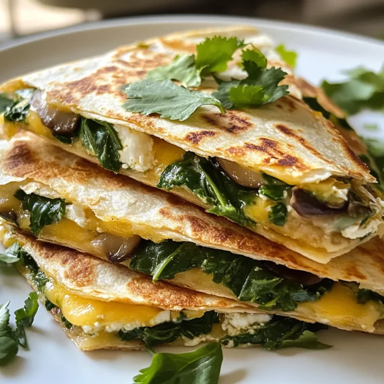 - 4 large flour tortillas - 2 cups fresh spinach, roughly chopped - 1 cup mushrooms, sliced (button or cremini) - 1 cup shredded mozzarella cheese - 1/2 cup feta cheese, crumbled - 1/4 cup red onion, finely chopped - 2 cloves garlic, minced - 1 tablespoon olive oil - 1 teaspoon cumin - Salt and pepper to taste - Optional: fresh cilantro for garnish You can mix it up! Try adding other veggies like bell peppers or zucchini. For a spicy kick, toss in some sliced jalapeños. If you love meat, cooked chicken or shrimp also works great. If you want to make it gluten-free, use corn tortillas instead of flour. For a vegan version, swap the cheeses for vegan cheese. You can also replace the feta with a nut-based cheese. If you don't have cumin, try using taco seasoning for a different flavor! {{ingredient_image_1}} 1. Gather all your ingredients. You need flour tortillas, spinach, mushrooms, mozzarella cheese, feta cheese, red onion, garlic, olive oil, cumin, salt, and pepper. 2. Chop the spinach roughly and slice the mushrooms. Finely chop the red onion and mince the garlic. 3. Set your skillet on medium heat. Pour in the olive oil and let it warm up. 1. Add the chopped red onion to the skillet. Sauté for 2-3 minutes until it softens. 2. Next, toss in the sliced mushrooms and minced garlic. Cook for 5-7 minutes until the mushrooms turn golden brown. 3. Stir in the chopped spinach and cumin. Cook until the spinach wilts, about 2 minutes. Season with salt and pepper. Remove this mix from heat. 4. Take a separate skillet and place one tortilla on it. Sprinkle half of the mozzarella cheese on one side of the tortilla. 5. Spoon the spinach and mushroom mix over the cheese. Add crumbled feta and then sprinkle the rest of the mozzarella on top. 6. Fold the tortilla in half. Cook for about 3-4 minutes until the cheese melts and the bottom side is golden brown. 7. Carefully flip the quesadilla and cook for another 3-4 minutes until the second side is golden. 8. Remove from the skillet and let it cool for a minute. Slice the quesadilla into wedges and repeat for the rest. Serve the quesadillas on a colorful plate. Garnish with fresh cilantro for a pop of color. Pair with salsa or guacamole for dipping. Enjoy your tasty creation! Use medium heat for even cooking. This helps the cheese melt without burning the tortilla. Always heat your skillet before adding oil. This keeps the quesadilla from sticking. When cooking, flip gently to keep the filling inside. A spatula works well for this. Start with a mix of mozzarella and feta cheeses. Mozzarella melts well, while feta adds a nice tang. Sprinkle cheese on half of the tortilla before adding the filling. This layer helps keep the cheese gooey. Cook until the cheese is bubbly and the tortilla is golden. Don’t overfill the quesadilla. Too much filling makes it hard to flip. Watch the heat level; if it’s too high, the tortilla may burn. Also, avoid cooking for too long. This can make the quesadilla tough. Lastly, don’t skip the resting time after cooking. Letting it cool for a minute helps the cheese set and makes slicing easier. Pro Tips Use Fresh Ingredients: Opt for fresh spinach and mushrooms for the best flavor and texture. Fresh ingredients enhance the overall taste of your quesadilla. Customize Your Cheese: Feel free to mix different cheeses like cheddar or pepper jack for added flavor. This can give your quesadilla a unique twist. Don’t Overstuff: While it may be tempting to add lots of filling, overstuffing can make it difficult to flip the quesadilla. A balanced amount ensures even cooking and melting. Serve with Dips: Pair your quesadillas with salsa, guacamole, or sour cream for extra flavor. These dips complement the dish perfectly and add a refreshing element. {{image_2}} You can make your quesadilla even more exciting. Try adding cooked chicken or shrimp. They add protein and flavor. You can also use peppers, corn, or black beans for extra texture. If you love heat, add jalapeños or hot sauce. Mix and match to find your favorite combination! If you need gluten-free choices, use corn tortillas instead of flour ones. They work well for quesadillas. You can find these tortillas in most grocery stores. Just make sure they are labeled gluten-free. This way, you can enjoy your dish without worry. To make the quesadilla vegan, skip the cheese. Use plant-based cheese instead. Many brands offer great options that melt well. You can also add nutritional yeast for a cheesy flavor. For protein, consider adding tofu or tempeh. This keeps it filling and satisfying. To keep your spinach mushroom quesadillas fresh, store them in an airtight container. Make sure they cool down first. Place parchment paper between layers if you stack them. This step helps to keep the quesadillas from getting soggy. Leftovers can last up to three days in the fridge. When you're ready to enjoy leftover quesadillas, the best way to reheat them is in a skillet. Heat it over medium heat. Place the quesadilla in the skillet and cover it with a lid. This method helps the cheese melt nicely. Heat for about 3-4 minutes on each side. You can also use a microwave, but the skillet gives a better texture. If you want to save your quesadillas for later, freezing is a great option. Wrap each quesadilla in plastic wrap. Then, place them in a freezer bag. Make sure to squeeze out as much air as possible. They can stay frozen for up to three months. When you're ready to eat, thaw them in the fridge overnight before reheating. You can serve many tasty sides with your quesadillas. Here are some ideas: - Salsa: A fresh tomato salsa adds a nice kick. - Guacamole: Creamy guacamole pairs well with the flavors. - Sour cream: A dollop of sour cream can cool the spice. - Salad: A light green salad makes a great side. - Rice: Serve with a side of rice for a filling meal. Yes, you can mix up the cheeses! Here are some options: - Cheddar: Sharp cheddar adds a nice flavor. - Monterey Jack: This cheese melts well and is mild. - Pepper Jack: For a spicy twist, try pepper jack cheese. - Goat cheese: Creamy goat cheese gives a unique taste. Leftovers can last in the fridge for about 3-4 days. - Store them in an airtight container to keep them fresh. - Reheat in a skillet or microwave until hot. - If you want to keep them longer, freeze for up to 2 months. In this article, we explored how to make delicious spinach mushroom quesadillas. We discussed the key ingredients, cooking steps, and various helpful tips. You learned about storage options and variations for different diets. This dish is easy to customize and ensures great taste. With these steps and tricks, you can make perfect quesadillas every time. Enjoy experimenting with flavors and impressing your friends and family. You now have all the tools to create a tasty and satisfying meal.