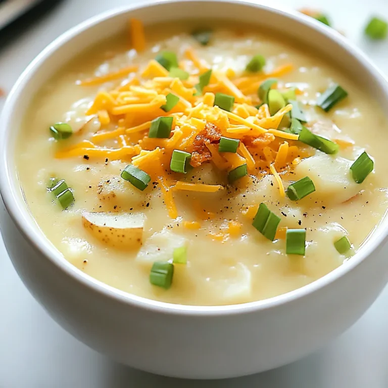 - 4 large russet potatoes - 1 medium onion - 3 cloves garlic - 4 cups vegetable broth - 1 cup heavy cream The main ingredients create the heart of the soup. The russet potatoes give it a creamy texture. Onions and garlic add depth and flavor. Vegetable broth forms the base, while heavy cream makes it rich. - 1 cup shredded cheddar cheese - 1/2 cup crispy shallots - 1/4 cup green onions Toppings elevate the soup. Shredded cheddar cheese melts into a gooey delight. Crispy shallots add crunch and flavor. Green onions bring a fresh pop of color and taste. - Salt and pepper to taste - Optional: Pinch of smoked paprika Seasoning is key to flavor. Salt and pepper enhance the taste of the soup. A pinch of smoked paprika can bring a smoky depth. These simple touches can transform your dish. {{ingredient_image_1}} How to peel and dice potatoes To start, grab your russet potatoes. Use a vegetable peeler to remove the skin. Be sure to peel off all the brown spots. Next, rinse the potatoes under cold water. Cut each potato in half. Then slice each half into smaller pieces. Aim for 1-inch cubes. This size helps them cook evenly. Chopping onions and mincing garlic Take your onion and cut off both ends. Slice it in half and peel off the skin. Lay it flat, then slice it into small pieces. For the garlic, remove the skin from each clove. Use the flat side of a knife to crush the clove slightly. This makes it easier to chop. Mince the garlic into tiny bits. Sautéing onions and garlic In a large pot, heat the olive oil over medium heat. Add the chopped onion first. Sauté it for about five minutes until it turns clear. Now, stir in the minced garlic and cook for one more minute. This step builds a great flavor base for your soup. Boiling, simmering, and blending the soup Once the onions and garlic are fragrant, add the diced potatoes and vegetable broth. Turn the heat up to high and bring it to a boil. After it boils, lower the heat to a simmer. Let it cook for 20 to 25 minutes, or until the potatoes are soft. Now, use an immersion blender to blend the soup until smooth. If you like a chunkier soup, blend only half of it. Incorporating cream and cheese Now it's time to make the soup creamy. Stir in the heavy cream and shredded cheddar cheese. Keep the heat low and let it warm until the cheese melts. This creates a rich, comforting texture. Seasoning adjustments Finally, taste your soup. Add salt and pepper to your liking. If you want a smoky touch, sprinkle in a pinch of smoked paprika. Stir well before serving. Enjoy your loaded potato soup! To get the right texture in your loaded potato soup, you can blend it two ways. If you want it creamy, use an immersion blender to purée all the soup until smooth. For a chunkier soup, blend just half, leaving some potato pieces intact. This gives you a nice mix of textures that makes each bite exciting. To boost the flavor of your soup, think about adding spices or herbs. A pinch of smoked paprika adds a warm, smoky taste. You can also sprinkle in some thyme or chives for a fresh, herbal note. Experiment with flavors to find what you love best! Using the right tools makes cooking easier. For this soup, a large pot is key. A sturdy stockpot helps cook the potatoes evenly. For blending, an immersion blender is perfect. It’s easy to use and clean. If you prefer, a standard blender works well too; just remember to blend in batches. Pro Tips Use Yukon Gold Potatoes: These potatoes have a creamy texture and buttery flavor, making your soup even richer. Add Fresh Herbs: Consider adding fresh thyme or rosemary for an aromatic boost that complements the creamy base. Experiment with Cheese: Try mixing different cheeses like Gruyère or Parmesan for a unique flavor profile. Garnish Creatively: Enhance presentation by using a drizzle of truffle oil or a sprinkle of paprika for color. {{image_2}} You can make loaded potato soup even better by adding bacon bits. Bacon adds a nice crunch and salty flavor. If you want veggies, try adding broccoli or carrots. They give your soup extra color and nutrition. You can also add corn for a sweet touch. Just stir them in when you blend the soup. If you need a dairy-free option, use plant-based cream. Coconut cream works great! It gives a rich taste without dairy. For cheese, try a plant-based cheddar. These swaps keep your soup creamy while being kind to your tummy. Mix up the cheese for fun flavors. Try pepper jack for a spicy kick. You can also swap vegetable broth for chicken broth. This gives a deeper taste. Adding a dash of hot sauce can also spice things up. Explore these twists to find your favorite! To store leftover loaded potato soup, let it cool first. Once cool, pour it into an airtight container. Make sure to seal it tight. You can keep it in the fridge for up to three days. When you want to eat it again, just reheat it on the stove or in the microwave. Stir it well to mix the flavors. If you want to freeze your soup, follow these steps. First, cool the soup completely. Then, pour it into freezer-safe containers. Leave some space at the top for expansion. You can also freeze it in portion sizes. When you want to enjoy it, thaw it overnight in the fridge. Reheat it on the stove over low heat. If it's too thick, add a splash of broth or water to thin it out. In the fridge, loaded potato soup lasts about three days. In the freezer, you can keep it for up to three months. After that, the soup may lose its flavor and texture. Always check for any signs of spoilage before eating. If it smells bad or looks off, it's better to toss it out. If you want a dairy-free option, use coconut cream or cashew cream. Coconut cream adds a slight sweetness, while cashew cream gives a rich mouthfeel. Both can keep your soup creamy. Just remember, these options change the flavor. So, taste and adjust your seasonings as needed. Yes, you can make this soup ahead of time. Cook it fully, then cool it down. Store it in the fridge for up to three days. When you reheat, the flavors blend even more. If you have time, let it sit overnight. Just add fresh toppings before serving. Serve this soup with crusty bread for dipping. A simple side salad also works well. You can pair it with a light coleslaw too. These sides balance the soup's creaminess. Enjoy experimenting with different combinations! This blog post covered how to make a delicious loaded potato soup. We went through the main ingredients, step-by-step instructions, tips for the perfect texture, and ways to customize the recipe. You learned how to store and reheat leftovers and even found answers to common questions. Loaded potato soup is easy to make and full of flavor. With simple tweaks, you can make it your own. Enjoy every warm bowl and share it with friends. Happy cooking!