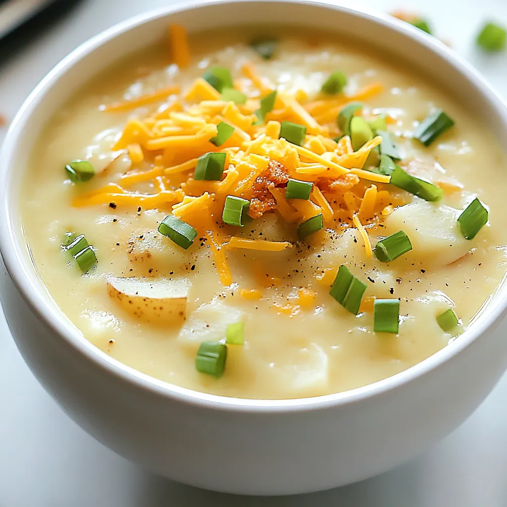 - 4 large russet potatoes - 1 medium onion - 3 cloves garlic - 4 cups vegetable broth - 1 cup heavy cream The main ingredients create the heart of the soup. The russet potatoes give it a creamy texture. Onions and garlic add depth and flavor. Vegetable broth forms the base, while heavy cream makes it rich. - 1 cup shredded cheddar cheese - 1/2 cup crispy shallots - 1/4 cup green onions Toppings elevate the soup. Shredded cheddar cheese melts into a gooey delight. Crispy shallots add crunch and flavor. Green onions bring a fresh pop of color and taste. - Salt and pepper to taste - Optional: Pinch of smoked paprika Seasoning is key to flavor. Salt and pepper enhance the taste of the soup. A pinch of smoked paprika can bring a smoky depth. These simple touches can transform your dish. {{ingredient_image_1}} How to peel and dice potatoes To start, grab your russet potatoes. Use a vegetable peeler to remove the skin. Be sure to peel off all the brown spots. Next, rinse the potatoes under cold water. Cut each potato in half. Then slice each half into smaller pieces. Aim for 1-inch cubes. This size helps them cook evenly. Chopping onions and mincing garlic Take your onion and cut off both ends. Slice it in half and peel off the skin. Lay it flat, then slice it into small pieces. For the garlic, remove the skin from each clove. Use the flat side of a knife to crush the clove slightly. This makes it easier to chop. Mince the garlic into tiny bits. Sautéing onions and garlic In a large pot, heat the olive oil over medium heat. Add the chopped onion first. Sauté it for about five minutes until it turns clear. Now, stir in the minced garlic and cook for one more minute. This step builds a great flavor base for your soup. Boiling, simmering, and blending the soup Once the onions and garlic are fragrant, add the diced potatoes and vegetable broth. Turn the heat up to high and bring it to a boil. After it boils, lower the heat to a simmer. Let it cook for 20 to 25 minutes, or until the potatoes are soft. Now, use an immersion blender to blend the soup until smooth. If you like a chunkier soup, blend only half of it. Incorporating cream and cheese Now it's time to make the soup creamy. Stir in the heavy cream and shredded cheddar cheese. Keep the heat low and let it warm until the cheese melts. This creates a rich, comforting texture. Seasoning adjustments Finally, taste your soup. Add salt and pepper to your liking. If you want a smoky touch, sprinkle in a pinch of smoked paprika. Stir well before serving. Enjoy your loaded potato soup! To get the right texture in your loaded potato soup, you can blend it two ways. If you want it creamy, use an immersion blender to purée all the soup until smooth. For a chunkier soup, blend just half, leaving some potato pieces intact. This gives you a nice mix of textures that makes each bite exciting. To boost the flavor of your soup, think about adding spices or herbs. A pinch of smoked paprika adds a warm, smoky taste. You can also sprinkle in some thyme or chives for a fresh, herbal note. Experiment with flavors to find what you love best! Using the right tools makes cooking easier. For this soup, a large pot is key. A sturdy stockpot helps cook the potatoes evenly. For blending, an immersion blender is perfect. It’s easy to use and clean. If you prefer, a standard blender works well too; just remember to blend in batches. Pro Tips Use Yukon Gold Potatoes: These potatoes have a creamy texture and buttery flavor, making your soup even richer. Add Fresh Herbs: Consider adding fresh thyme or rosemary for an aromatic boost that complements the creamy base. Experiment with Cheese: Try mixing different cheeses like Gruyère or Parmesan for a unique flavor profile. Garnish Creatively: Enhance presentation by using a drizzle of truffle oil or a sprinkle of paprika for color. {{image_2}} You can make loaded potato soup even better by adding bacon bits. Bacon adds a nice crunch and salty flavor. If you want veggies, try adding broccoli or carrots. They give your soup extra color and nutrition. You can also add corn for a sweet touch. Just stir them in when you blend the soup. If you need a dairy-free option, use plant-based cream. Coconut cream works great! It gives a rich taste without dairy. For cheese, try a plant-based cheddar. These swaps keep your soup creamy while being kind to your tummy. Mix up the cheese for fun flavors. Try pepper jack for a spicy kick. You can also swap vegetable broth for chicken broth. This gives a deeper taste. Adding a dash of hot sauce can also spice things up. Explore these twists to find your favorite! To store leftover loaded potato soup, let it cool first. Once cool, pour it into an airtight container. Make sure to seal it tight. You can keep it in the fridge for up to three days. When you want to eat it again, just reheat it on the stove or in the microwave. Stir it well to mix the flavors. If you want to freeze your soup, follow these steps. First, cool the soup completely. Then, pour it into freezer-safe containers. Leave some space at the top for expansion. You can also freeze it in portion sizes. When you want to enjoy it, thaw it overnight in the fridge. Reheat it on the stove over low heat. If it's too thick, add a splash of broth or water to thin it out. In the fridge, loaded potato soup lasts about three days. In the freezer, you can keep it for up to three months. After that, the soup may lose its flavor and texture. Always check for any signs of spoilage before eating. If it smells bad or looks off, it's better to toss it out. If you want a dairy-free option, use coconut cream or cashew cream. Coconut cream adds a slight sweetness, while cashew cream gives a rich mouthfeel. Both can keep your soup creamy. Just remember, these options change the flavor. So, taste and adjust your seasonings as needed. Yes, you can make this soup ahead of time. Cook it fully, then cool it down. Store it in the fridge for up to three days. When you reheat, the flavors blend even more. If you have time, let it sit overnight. Just add fresh toppings before serving. Serve this soup with crusty bread for dipping. A simple side salad also works well. You can pair it with a light coleslaw too. These sides balance the soup's creaminess. Enjoy experimenting with different combinations! This blog post covered how to make a delicious loaded potato soup. We went through the main ingredients, step-by-step instructions, tips for the perfect texture, and ways to customize the recipe. You learned how to store and reheat leftovers and even found answers to common questions. Loaded potato soup is easy to make and full of flavor. With simple tweaks, you can make it your own. Enjoy every warm bowl and share it with friends. Happy cooking!
