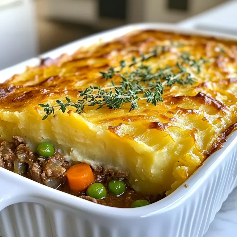 - 1 lb ground lamb or beef - 1 cup diced carrots - 1 cup peas (fresh or frozen) - 1 onion, finely chopped - 2 cloves garlic, minced - 1 cup vegetable broth - 1 tablespoon tomato paste - 1 teaspoon Worcestershire sauce - 4 cups mashed potatoes (prepared or homemade) - 2 tablespoons olive oil - Salt and pepper to taste - Fresh thyme leaves for garnish To make a great Shepherd's Pie, you need fresh and good-quality ingredients. I love using ground lamb, but beef works well too. Both meats give rich flavor. Diced carrots add a nice crunch, while peas bring sweetness. Chop the onion finely for even cooking. Garlic adds depth, so don’t skip it. Vegetable broth keeps the filling moist and tasty. Tomato paste and Worcestershire sauce boost the savory notes. For the topping, I recommend homemade mashed potatoes. They create a creamy layer above the filling. Use olive oil to sauté the veggies. Salt and pepper enhance the flavors. Finally, fresh thyme leaves make this dish smell wonderful. Gather these ingredients, and you’ll be ready to create this classic dish. Remember, quality ingredients lead to a better meal! {{ingredient_image_1}} - Preheat the oven to 400°F (200°C). - In a large skillet, heat 2 tablespoons of olive oil over medium heat. - Add 1 finely chopped onion and 2 minced garlic cloves. Sauté until they turn soft and clear, about 3-4 minutes. - Add 1 pound of ground lamb or beef to the skillet. Break it apart as it cooks. - Season with salt and pepper. Cook until the meat is browned, about 5-7 minutes. - Stir in 1 cup of diced carrots, 1 cup of peas, 1 tablespoon of tomato paste, and 1 teaspoon of Worcestershire sauce. - Pour in 1 cup of vegetable broth. Let this simmer for 10 minutes until it thickens. Taste it and adjust the seasoning as needed. - Transfer the meat and vegetable mixture to a baking dish. Spread it evenly across the bottom. - Top with 4 cups of prepared mashed potatoes. Smooth them out with a spoon. - Create peaks with the spoon’s back for a crispy finish. - Bake in the preheated oven for 25-30 minutes, or until the top is golden brown. - Remove from the oven and let it sit for a few minutes. Garnish with fresh thyme leaves before serving. To make the perfect mashed potatoes for Shepherd's Pie, start with starchy potatoes like Russets. Boil them until tender, then drain well. Mash them while they are hot for a smooth texture. Add butter and milk for creaminess. Season with salt and pepper to taste. You can adjust the seasoning in your meat mixture to fit your taste. Start with salt and pepper. Taste the filling before you add the mashed potatoes. If it needs more flavor, add a bit more Worcestershire sauce or a pinch of herbs. Fresh thyme pairs well with the dish. For serving, you can dish out the Shepherd's Pie in a large baking dish for a family-style meal. This is cozy and inviting. If you want individual servings, scoop the pie into ramekins. This adds a nice touch. Garnishing can elevate your Shepherd's Pie. Add a sprig of fresh thyme on top for color. You can also serve it with a simple side salad to brighten the plate. For a restaurant-style look, create peaks on the mashed potatoes before baking. This adds texture and makes it visually appealing. Pro Tips Use Fresh Herbs: Fresh thyme adds a wonderful aroma and flavor that elevates the dish. Consider using rosemary or parsley for a different twist. Perfect Mashed Potatoes: For creamy mashed potatoes, use a combination of butter and cream. Make sure they are well-seasoned for the best flavor contrast with the meat filling. Layering Flavors: Don't rush the browning of the meat and vegetables. A good caramelization adds depth to the flavor profile of your Shepherd's Pie. Make Ahead: This dish can be made ahead of time and stored in the refrigerator. Just reheat in the oven before serving for a quick and satisfying meal. {{image_2}} If you want a twist on classic Shepherd's Pie, try using different meats. Ground turkey or chicken works great as lighter options. For a vegetarian version, use lentils or mushrooms. These give a hearty texture without meat. You can also swap out vegetables. Instead of carrots and peas, try corn, green beans, or even sweet potatoes. Mixing in spinach adds color and nutrients. Don’t forget to adjust your seasoning to match your new ingredients. Adding cheese to the mashed potatoes can make your Shepherd's Pie extra tasty. A sharp cheddar or creamy gouda gives a nice flavor. Mix the cheese into the potatoes before spreading them on top. Incorporating unique spices can add depth to your dish. Try adding smoked paprika for a hint of smokiness or cumin for warmth. Fresh herbs like rosemary or parsley can brighten the flavors. These small changes can turn your Shepherd's Pie into a gourmet delight! After enjoying your Shepherd's Pie, cool it down to room temperature. Use an airtight container to store leftovers. This keeps the pie fresh and tasty for up to three days in the fridge. If you want to reheat it, preheat your oven to 350°F (175°C). Cover the dish with foil to prevent it from drying out. Heat for about 20 minutes or until it is hot all the way through. Yes, you can freeze Shepherd's Pie! It’s a great option for meal prep. First, let it cool completely. Then, wrap it tightly in plastic wrap and foil. This helps prevent freezer burn. You can freeze it for up to three months. To thaw, move the pie to the fridge for about 24 hours before cooking. Once thawed, you can reheat it in the oven. Follow the same steps as before, covering it with foil. This way, it stays moist and delicious! Shepherd's Pie comes from British roots. It began as a way to use leftover meat. Farmers often made it to feed their families. The dish typically uses lamb, while cottage pie uses beef. Both have a crust of mashed potatoes. This dish is a warm, hearty meal that many love. Yes, you can make it ahead. Prepare the meat filling and mashed potatoes separately. Store them in the fridge for one day. Just combine them and bake when ready. You can also freeze it for up to three months. Thaw overnight in the fridge before baking. Look for a golden brown top. The edges should bubble slightly. A good texture means the filling is hot and thick. Insert a knife in the center; it should come out warm. If you see steam, it's ready to serve. Enjoy your delicious Shepherd's Pie! In this article, we explored the classic Shepherd's Pie, from fresh ingredients to cooking tips. You learned how to prepare, bake, and present this dish with flair. Remember to customize it with your favorite meats or veggies. Whether you’re making it ahead of time or storing leftovers, Shepherd's Pie is easy and fun to work with. Cooking can be a joy, so embrace your creativity. Enjoy your delicious meal and share it with friends and family!