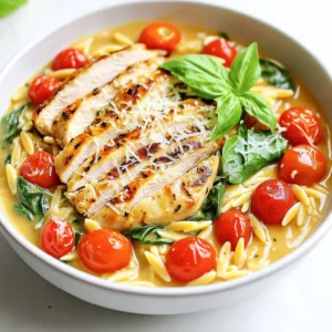 To make Creamy Tuscan Chicken Orzo, gather these simple ingredients: - 1 lb (450g) boneless, skinless chicken breasts - 1 cup orzo pasta - 1 cup cherry tomatoes, halved - 1 cup fresh spinach - 1/2 cup heavy cream - 1/2 cup chicken broth - 1/4 cup grated Parmesan cheese - 2 tablespoons olive oil - 3 cloves garlic, minced - 1 teaspoon dried Italian herbs (oregano, basil, thyme) - Salt and pepper to taste For a touch of color and flavor, consider these garnishes: - Fresh basil leaves - Extra Parmesan cheese These add a nice finish to your dish and make it look appealing. If you need alternatives, here are some easy swaps: - Chicken can be replaced with turkey or shrimp for variety. - Orzo pasta can be swapped with other small pasta types like couscous or quinoa. - Heavy cream works well with half-and-half or a plant-based cream for a lighter option. These substitutions allow you to customize the dish based on what you have on hand or your dietary needs. To cook the orzo, start by filling a medium pot with water. Add salt to the water. Bring it to a boil over high heat. Once boiling, add the orzo pasta. Cook the orzo according to the package instructions. You want it to be al dente, which means it should be firm but not hard. This usually takes about 8-10 minutes. After cooking, drain the orzo and set it aside. This pasta will soak up the delicious sauce later. Next, we move on to the chicken. Take your boneless, skinless chicken breasts and season both sides with salt, pepper, and dried Italian herbs. Heat olive oil in a large skillet over medium heat. Once the oil is hot, add the chicken. Sear it for 6-7 minutes on one side. Then flip it over and cook for another 6-7 minutes. You want the chicken to be golden brown and fully cooked. Once done, remove the chicken from the skillet. Let it rest for a few minutes before slicing it into thin pieces. Now it’s time to make the creamy sauce. In the same skillet, add minced garlic. Sauté the garlic for about 1 minute until it smells great. Then, add the halved cherry tomatoes. Cook these for about 3 minutes until they soften. Next, pour in the chicken broth and heavy cream. Stir everything well and bring it to a low simmer. Add the fresh spinach and let it wilt into the sauce for about 2 minutes. Finally, stir in the grated Parmesan cheese. If the sauce is too thick, you can add a splash of chicken broth to make it just right. Combine the cooked orzo with the sauce, tossing everything together. Now, slice the rested chicken and place it on top of the creamy orzo mixture. Let the flavors mingle for a minute over low heat. Taste and adjust the seasoning with extra salt and pepper if needed. Enjoy the deliciousness! To get juicy chicken, start with room-temperature meat. This step helps it cook evenly. Season the chicken well with salt, pepper, and dried herbs. Sear the chicken on medium heat for 6-7 minutes on each side. Look for a golden brown color and ensure it reaches 165°F (75°C) inside. Let the chicken rest for a few minutes before slicing. This keeps it moist and flavorful. If your sauce is too thick, add more chicken broth. Start with a splash and stir well. If you want a thicker sauce, let it simmer longer. The cream will help create a rich texture. Don't forget to taste as you go. Adjust with salt and pepper to suit your liking. Fresh herbs add brightness to your dish. Try using fresh basil or parsley at the end. They bring a fresh taste that pairs well with creamy sauces. You can also add a pinch of red pepper flakes for heat. Experiment with your favorite spices to find your perfect flavor. {{image_2}} You can boost nutrition by adding more veggies. Try bell peppers, zucchini, or broccoli. Just chop them into small pieces. Cook them with the garlic before adding the cream. You can also add frozen peas right at the end. They add color and sweetness. Feel free to mix in what you have on hand. If you want to switch proteins, shrimp or tofu work great. For shrimp, cook them for about 2-3 minutes in the skillet until pink. Tofu can be cubed and sautéed until golden. Both options will soak up the creamy sauce well. This gives you a tasty twist on the original dish. To make this dish vegetarian, replace chicken with mushrooms. Use hearty types like portobello or cremini. They add a nice texture and flavor. You can also use vegetable broth instead of chicken broth. This keeps the dish rich and creamy without meat. Enjoy the same great taste with a veggie twist! Store leftover Creamy Tuscan Chicken Orzo in an airtight container. Let it cool down first. Keep it in the fridge for up to three days. Make sure to label the container with the date. This helps you track how fresh it is. To reheat, place the orzo in a skillet over medium heat. Add a splash of chicken broth or cream to help with moisture. Stir until heated through, about 5-7 minutes. You can also use a microwave. Heat in short bursts, stirring in between to avoid hot spots. You can freeze Creamy Tuscan Chicken Orzo for up to three months. Place it in a freezer-safe container or bag. Make sure to remove as much air as possible to prevent freezer burn. When ready to eat, thaw it in the fridge overnight before reheating. Yes, you can make Creamy Tuscan Chicken Orzo ahead of time. Cook the orzo and chicken, then combine them with the sauce. Store in an airtight container in the fridge. It will last for up to three days. Reheat gently on the stove or in the microwave. If needed, add a splash of chicken broth to help it regain creaminess. Creamy Tuscan Chicken Orzo pairs well with several sides. Here are some great options: - A fresh green salad with a light vinaigrette. - Garlic bread or crusty rolls for dipping. - Roasted vegetables like zucchini or bell peppers. - A simple side of steamed broccoli or asparagus. To make a thicker sauce for your Creamy Tuscan Chicken Orzo, try these tips: - Use less chicken broth when making the sauce. - Add more grated Parmesan cheese, which will melt and thicken the sauce. - Allow the sauce to simmer longer to reduce it. - If needed, mix a bit of cornstarch with cold water and stir it in, cooking until thickened. This blog post covered the ingredients, cooking steps, and tips for making Creamy Tuscan Chicken Orzo. I shared easy recipes for success and variations for everyone. You can customize the dish with veggies or other proteins to fit your taste. Storing leftovers and reheating tips help you enjoy this meal later. Use these insights to create a tasty dinner that delights your family. Now, get cooking and enjoy your delicious dish!