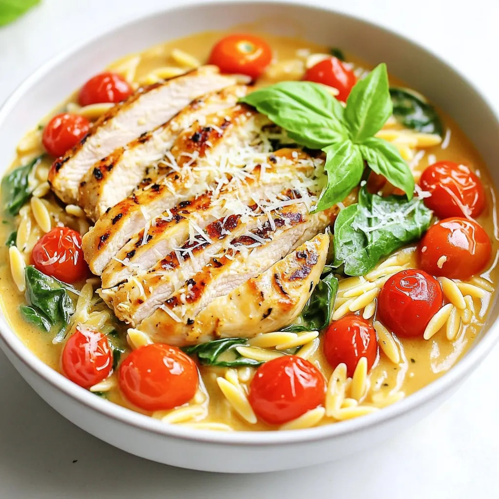 To make Creamy Tuscan Chicken Orzo, gather these simple ingredients: - 1 lb (450g) boneless, skinless chicken breasts - 1 cup orzo pasta - 1 cup cherry tomatoes, halved - 1 cup fresh spinach - 1/2 cup heavy cream - 1/2 cup chicken broth - 1/4 cup grated Parmesan cheese - 2 tablespoons olive oil - 3 cloves garlic, minced - 1 teaspoon dried Italian herbs (oregano, basil, thyme) - Salt and pepper to taste For a touch of color and flavor, consider these garnishes: - Fresh basil leaves - Extra Parmesan cheese These add a nice finish to your dish and make it look appealing. If you need alternatives, here are some easy swaps: - Chicken can be replaced with turkey or shrimp for variety. - Orzo pasta can be swapped with other small pasta types like couscous or quinoa. - Heavy cream works well with half-and-half or a plant-based cream for a lighter option. These substitutions allow you to customize the dish based on what you have on hand or your dietary needs. To cook the orzo, start by filling a medium pot with water. Add salt to the water. Bring it to a boil over high heat. Once boiling, add the orzo pasta. Cook the orzo according to the package instructions. You want it to be al dente, which means it should be firm but not hard. This usually takes about 8-10 minutes. After cooking, drain the orzo and set it aside. This pasta will soak up the delicious sauce later. Next, we move on to the chicken. Take your boneless, skinless chicken breasts and season both sides with salt, pepper, and dried Italian herbs. Heat olive oil in a large skillet over medium heat. Once the oil is hot, add the chicken. Sear it for 6-7 minutes on one side. Then flip it over and cook for another 6-7 minutes. You want the chicken to be golden brown and fully cooked. Once done, remove the chicken from the skillet. Let it rest for a few minutes before slicing it into thin pieces. Now it’s time to make the creamy sauce. In the same skillet, add minced garlic. Sauté the garlic for about 1 minute until it smells great. Then, add the halved cherry tomatoes. Cook these for about 3 minutes until they soften. Next, pour in the chicken broth and heavy cream. Stir everything well and bring it to a low simmer. Add the fresh spinach and let it wilt into the sauce for about 2 minutes. Finally, stir in the grated Parmesan cheese. If the sauce is too thick, you can add a splash of chicken broth to make it just right. Combine the cooked orzo with the sauce, tossing everything together. Now, slice the rested chicken and place it on top of the creamy orzo mixture. Let the flavors mingle for a minute over low heat. Taste and adjust the seasoning with extra salt and pepper if needed. Enjoy the deliciousness! To get juicy chicken, start with room-temperature meat. This step helps it cook evenly. Season the chicken well with salt, pepper, and dried herbs. Sear the chicken on medium heat for 6-7 minutes on each side. Look for a golden brown color and ensure it reaches 165°F (75°C) inside. Let the chicken rest for a few minutes before slicing. This keeps it moist and flavorful. If your sauce is too thick, add more chicken broth. Start with a splash and stir well. If you want a thicker sauce, let it simmer longer. The cream will help create a rich texture. Don't forget to taste as you go. Adjust with salt and pepper to suit your liking. Fresh herbs add brightness to your dish. Try using fresh basil or parsley at the end. They bring a fresh taste that pairs well with creamy sauces. You can also add a pinch of red pepper flakes for heat. Experiment with your favorite spices to find your perfect flavor. {{image_2}} You can boost nutrition by adding more veggies. Try bell peppers, zucchini, or broccoli. Just chop them into small pieces. Cook them with the garlic before adding the cream. You can also add frozen peas right at the end. They add color and sweetness. Feel free to mix in what you have on hand. If you want to switch proteins, shrimp or tofu work great. For shrimp, cook them for about 2-3 minutes in the skillet until pink. Tofu can be cubed and sautéed until golden. Both options will soak up the creamy sauce well. This gives you a tasty twist on the original dish. To make this dish vegetarian, replace chicken with mushrooms. Use hearty types like portobello or cremini. They add a nice texture and flavor. You can also use vegetable broth instead of chicken broth. This keeps the dish rich and creamy without meat. Enjoy the same great taste with a veggie twist! Store leftover Creamy Tuscan Chicken Orzo in an airtight container. Let it cool down first. Keep it in the fridge for up to three days. Make sure to label the container with the date. This helps you track how fresh it is. To reheat, place the orzo in a skillet over medium heat. Add a splash of chicken broth or cream to help with moisture. Stir until heated through, about 5-7 minutes. You can also use a microwave. Heat in short bursts, stirring in between to avoid hot spots. You can freeze Creamy Tuscan Chicken Orzo for up to three months. Place it in a freezer-safe container or bag. Make sure to remove as much air as possible to prevent freezer burn. When ready to eat, thaw it in the fridge overnight before reheating. Yes, you can make Creamy Tuscan Chicken Orzo ahead of time. Cook the orzo and chicken, then combine them with the sauce. Store in an airtight container in the fridge. It will last for up to three days. Reheat gently on the stove or in the microwave. If needed, add a splash of chicken broth to help it regain creaminess. Creamy Tuscan Chicken Orzo pairs well with several sides. Here are some great options: - A fresh green salad with a light vinaigrette. - Garlic bread or crusty rolls for dipping. - Roasted vegetables like zucchini or bell peppers. - A simple side of steamed broccoli or asparagus. To make a thicker sauce for your Creamy Tuscan Chicken Orzo, try these tips: - Use less chicken broth when making the sauce. - Add more grated Parmesan cheese, which will melt and thicken the sauce. - Allow the sauce to simmer longer to reduce it. - If needed, mix a bit of cornstarch with cold water and stir it in, cooking until thickened. This blog post covered the ingredients, cooking steps, and tips for making Creamy Tuscan Chicken Orzo. I shared easy recipes for success and variations for everyone. You can customize the dish with veggies or other proteins to fit your taste. Storing leftovers and reheating tips help you enjoy this meal later. Use these insights to create a tasty dinner that delights your family. Now, get cooking and enjoy your delicious dish!