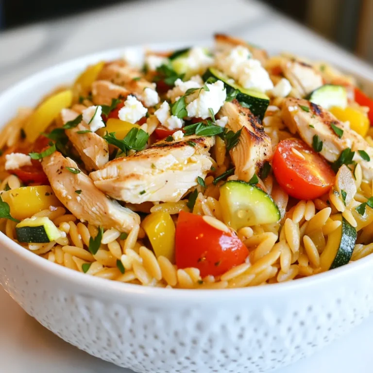 For this tasty dish, you need: - 1 cup orzo pasta - 2 boneless, skinless chicken breasts - 1 tablespoon olive oil - 1 red bell pepper, diced - 1 zucchini, diced - 1 cup cherry tomatoes, halved - 1/4 cup Kalamata olives, pitted and sliced - 1/4 cup feta cheese, crumbled - 2 cups chicken broth - 1 tablespoon fresh lemon juice - Fresh parsley for garnish These ingredients make a flavorful one-pan meal. The orzo gives a nice base, while the chicken adds protein. The fresh veggies bring color and crunch. You also need these seasonings: - 1 teaspoon dried oregano - 1 teaspoon garlic powder - Salt and pepper to taste These simple spices enhance the dish. Oregano adds a Mediterranean touch. Garlic powder provides depth to the chicken's flavor. For a finishing touch, consider these garnishes: - Extra crumbled feta - Lemon wedges - Fresh parsley These garnishes make your dish look great. They add extra flavor and brightness to each bite. Serve the orzo in a big bowl for a beautiful presentation. {{ingredient_image_1}} First, grab a medium pot and fill it with 2 cups of water. Bring the water to a boil. Once boiling, stir in 1 cup of orzo pasta. Cook for about 8 to 10 minutes. You want the orzo to be al dente, which means it should be firm but not hard. After cooking, drain the orzo and set it aside. This simple step sets the stage for a tasty dish. While the orzo cooks, take 2 boneless, skinless chicken breasts. Season them with 1 tablespoon of olive oil, 1 teaspoon of dried oregano, 1 teaspoon of garlic powder, salt, and pepper. Heat a large skillet over medium-high heat. Add the seasoned chicken to the skillet and cook for about 6 to 7 minutes per side. You want the chicken to be golden brown and cooked through. Once done, remove the chicken and let it rest for a few minutes. Then, slice it into strips. In the same skillet, add 1 diced red bell pepper and 1 diced zucchini. Sauté the veggies for about 3 to 4 minutes. They should start to soften but still retain some crunch. After that, add in 1 cup of halved cherry tomatoes and 1/4 cup of sliced Kalamata olives. Cook for another 2 to 3 minutes. This step brings vibrant colors and fresh flavors to your dish. Pour in 2 cups of chicken broth to the skillet and bring it to a gentle simmer. Now, mix in the cooked orzo and the sliced chicken. Add 1 tablespoon of fresh lemon juice for a zesty kick. Stir everything well and let it heat through for about 2 to 3 minutes. This is where the magic happens, and all the flavors blend together. Remove the skillet from the heat. Sprinkle 1/4 cup of crumbled feta cheese on top. Gently fold the cheese into the dish without breaking it up too much. The feta adds creaminess and a salty punch. Before serving, garnish with fresh parsley. Serve the orzo in a large bowl. For a lovely touch, add extra feta and lemon wedges on the side. Enjoy your beautiful Mediterranean Chicken Orzo! To cook orzo just right, use plenty of water. Bring 2 cups of water to a boil before adding 1 cup of orzo. Stir it well and let it cook for 8-10 minutes. Check for al dente texture. The orzo should be soft but still firm. Drain it well and set aside. This helps keep your dish light and fluffy. For tasty chicken, season it well before cooking. I recommend using 1 teaspoon of dried oregano and garlic powder. Add salt and pepper to suit your taste. Rub the spices on both sides of the chicken breasts. This step adds depth and flavor to your meal. Cook until the chicken turns golden brown. It takes about 6-7 minutes on each side. Serve the Mediterranean chicken orzo in a large bowl. Top it with crumbled feta cheese and fresh parsley. You can also add a sprinkle of extra feta for flavor. Place lemon wedges on the side. This adds a nice zesty touch. The bright colors of the veggies make the dish look appealing. Enjoy your beautiful meal! Pro Tips Use Fresh Herbs: Fresh parsley not only adds a pop of color but also enhances the flavor of the dish. Consider adding fresh dill or basil for an additional Mediterranean twist. Perfectly Cooked Chicken: To ensure your chicken is juicy and tender, let it rest for a few minutes after cooking before slicing. This allows the juices to redistribute. Customize Your Veggies: Feel free to swap in seasonal vegetables based on what you have available. Spinach, artichokes, or eggplant would make great additions. Serve with a Side: Pair your Mediterranean Chicken Orzo Delight with a side salad or crusty bread to soak up the delicious flavors of the dish. {{image_2}} You can swap chicken for shrimp or tofu in this recipe. Shrimp cooks fast, so add it in the last few minutes. Just toss it in with the vegetables. Tofu works well too. Use firm tofu and sauté it until golden brown. Both options keep it tasty and fun. You can add many veggies to the mix. Try spinach or kale for a green boost. Artichoke hearts give a nice tang. You can also use carrots for a bit of sweetness. Just chop them small so they cook quickly. This way, you can enjoy different flavors every time you make it. Feta cheese is great, but try goat cheese for a new twist. Goat cheese adds a creamy texture and a tangy taste. You can also use mozzarella for a milder flavor. Just sprinkle it on top and let it melt a little. This change can make your Mediterranean Chicken Orzo feel fresh and new. After enjoying your Mediterranean Chicken Orzo, let it cool. Place any leftovers in an airtight container. Store it in the fridge for up to three days. Make sure to separate the orzo from the chicken if you can. This keeps it fresh for longer. To reheat, you can use the microwave or stovetop. If using a microwave, place the orzo in a bowl. Add a splash of water to keep it moist. Heat for about 1-2 minutes, stirring halfway through. On the stovetop, use a non-stick pan over low heat. Stir often until warm. This way, the flavors stay rich and delicious. You can freeze Mediterranean Chicken Orzo for later. Portion it into freezer-safe bags or containers. Make sure to remove as much air as possible. It will stay good for up to three months. When you’re ready to eat, thaw it in the fridge overnight. Reheat it on the stovetop or microwave as mentioned. Enjoy your meal again! Yes, you can prepare Mediterranean Chicken Orzo ahead of time. Cook the orzo and chicken, then mix with the veggies. Store it in the fridge for up to two days. Just remember to add fresh feta and parsley before serving. To reheat, use a skillet over medium heat. Add a splash of broth or water to keep it moist. Stir gently until warmed through. You can also use the microwave, but cover it to avoid drying out. Yes, this dish is quite healthy. It has lean chicken, fresh veggies, and whole grains from orzo. The olives and feta add healthy fats. Balance it with a side salad for a complete meal. Absolutely! You can swap chicken for shrimp or tofu. Change the veggies based on what you like or have. Feel free to adjust spices to suit your taste. Cooking should be fun and personal! This dish pairs well with a simple green salad or garlic bread. You can also serve it with roasted vegetables or a yogurt dip for extra flavor. We explored making Mediterranean Chicken Orzo, focusing on main ingredients, seasonings, and garnishes. I shared clear steps from cooking to presentation. Tips helped you get perfected orzo and tasty chicken. You can customize proteins and veggies for variety. Proper storage and reheating keep leftovers fresh. Enjoy experimenting with this recipe. It’s a great meal for any occasion. Happy cooking!