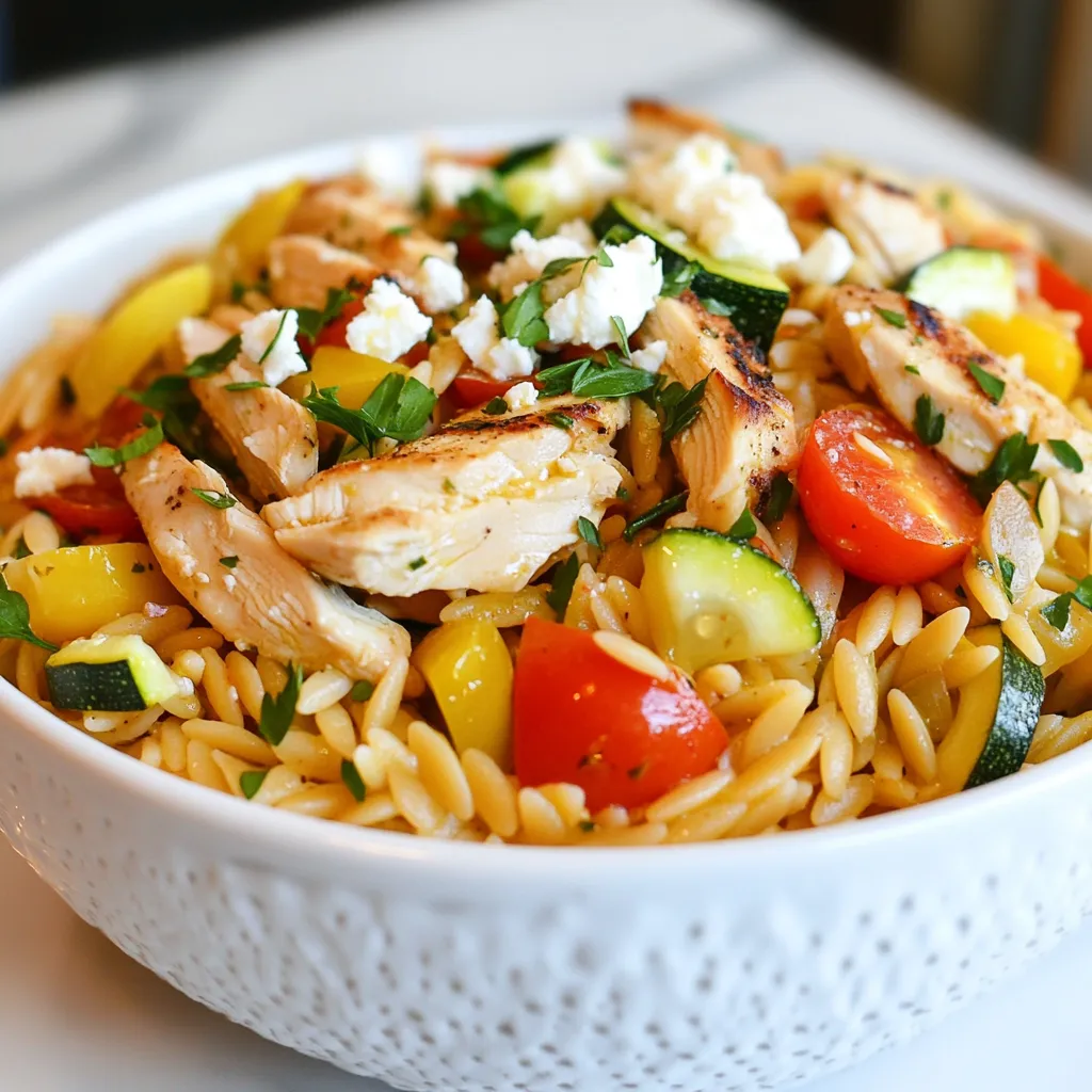 For this tasty dish, you need: - 1 cup orzo pasta - 2 boneless, skinless chicken breasts - 1 tablespoon olive oil - 1 red bell pepper, diced - 1 zucchini, diced - 1 cup cherry tomatoes, halved - 1/4 cup Kalamata olives, pitted and sliced - 1/4 cup feta cheese, crumbled - 2 cups chicken broth - 1 tablespoon fresh lemon juice - Fresh parsley for garnish These ingredients make a flavorful one-pan meal. The orzo gives a nice base, while the chicken adds protein. The fresh veggies bring color and crunch. You also need these seasonings: - 1 teaspoon dried oregano - 1 teaspoon garlic powder - Salt and pepper to taste These simple spices enhance the dish. Oregano adds a Mediterranean touch. Garlic powder provides depth to the chicken's flavor. For a finishing touch, consider these garnishes: - Extra crumbled feta - Lemon wedges - Fresh parsley These garnishes make your dish look great. They add extra flavor and brightness to each bite. Serve the orzo in a big bowl for a beautiful presentation. {{ingredient_image_1}} First, grab a medium pot and fill it with 2 cups of water. Bring the water to a boil. Once boiling, stir in 1 cup of orzo pasta. Cook for about 8 to 10 minutes. You want the orzo to be al dente, which means it should be firm but not hard. After cooking, drain the orzo and set it aside. This simple step sets the stage for a tasty dish. While the orzo cooks, take 2 boneless, skinless chicken breasts. Season them with 1 tablespoon of olive oil, 1 teaspoon of dried oregano, 1 teaspoon of garlic powder, salt, and pepper. Heat a large skillet over medium-high heat. Add the seasoned chicken to the skillet and cook for about 6 to 7 minutes per side. You want the chicken to be golden brown and cooked through. Once done, remove the chicken and let it rest for a few minutes. Then, slice it into strips. In the same skillet, add 1 diced red bell pepper and 1 diced zucchini. Sauté the veggies for about 3 to 4 minutes. They should start to soften but still retain some crunch. After that, add in 1 cup of halved cherry tomatoes and 1/4 cup of sliced Kalamata olives. Cook for another 2 to 3 minutes. This step brings vibrant colors and fresh flavors to your dish. Pour in 2 cups of chicken broth to the skillet and bring it to a gentle simmer. Now, mix in the cooked orzo and the sliced chicken. Add 1 tablespoon of fresh lemon juice for a zesty kick. Stir everything well and let it heat through for about 2 to 3 minutes. This is where the magic happens, and all the flavors blend together. Remove the skillet from the heat. Sprinkle 1/4 cup of crumbled feta cheese on top. Gently fold the cheese into the dish without breaking it up too much. The feta adds creaminess and a salty punch. Before serving, garnish with fresh parsley. Serve the orzo in a large bowl. For a lovely touch, add extra feta and lemon wedges on the side. Enjoy your beautiful Mediterranean Chicken Orzo! To cook orzo just right, use plenty of water. Bring 2 cups of water to a boil before adding 1 cup of orzo. Stir it well and let it cook for 8-10 minutes. Check for al dente texture. The orzo should be soft but still firm. Drain it well and set aside. This helps keep your dish light and fluffy. For tasty chicken, season it well before cooking. I recommend using 1 teaspoon of dried oregano and garlic powder. Add salt and pepper to suit your taste. Rub the spices on both sides of the chicken breasts. This step adds depth and flavor to your meal. Cook until the chicken turns golden brown. It takes about 6-7 minutes on each side. Serve the Mediterranean chicken orzo in a large bowl. Top it with crumbled feta cheese and fresh parsley. You can also add a sprinkle of extra feta for flavor. Place lemon wedges on the side. This adds a nice zesty touch. The bright colors of the veggies make the dish look appealing. Enjoy your beautiful meal! Pro Tips Use Fresh Herbs: Fresh parsley not only adds a pop of color but also enhances the flavor of the dish. Consider adding fresh dill or basil for an additional Mediterranean twist. Perfectly Cooked Chicken: To ensure your chicken is juicy and tender, let it rest for a few minutes after cooking before slicing. This allows the juices to redistribute. Customize Your Veggies: Feel free to swap in seasonal vegetables based on what you have available. Spinach, artichokes, or eggplant would make great additions. Serve with a Side: Pair your Mediterranean Chicken Orzo Delight with a side salad or crusty bread to soak up the delicious flavors of the dish. {{image_2}} You can swap chicken for shrimp or tofu in this recipe. Shrimp cooks fast, so add it in the last few minutes. Just toss it in with the vegetables. Tofu works well too. Use firm tofu and sauté it until golden brown. Both options keep it tasty and fun. You can add many veggies to the mix. Try spinach or kale for a green boost. Artichoke hearts give a nice tang. You can also use carrots for a bit of sweetness. Just chop them small so they cook quickly. This way, you can enjoy different flavors every time you make it. Feta cheese is great, but try goat cheese for a new twist. Goat cheese adds a creamy texture and a tangy taste. You can also use mozzarella for a milder flavor. Just sprinkle it on top and let it melt a little. This change can make your Mediterranean Chicken Orzo feel fresh and new. After enjoying your Mediterranean Chicken Orzo, let it cool. Place any leftovers in an airtight container. Store it in the fridge for up to three days. Make sure to separate the orzo from the chicken if you can. This keeps it fresh for longer. To reheat, you can use the microwave or stovetop. If using a microwave, place the orzo in a bowl. Add a splash of water to keep it moist. Heat for about 1-2 minutes, stirring halfway through. On the stovetop, use a non-stick pan over low heat. Stir often until warm. This way, the flavors stay rich and delicious. You can freeze Mediterranean Chicken Orzo for later. Portion it into freezer-safe bags or containers. Make sure to remove as much air as possible. It will stay good for up to three months. When you’re ready to eat, thaw it in the fridge overnight. Reheat it on the stovetop or microwave as mentioned. Enjoy your meal again! Yes, you can prepare Mediterranean Chicken Orzo ahead of time. Cook the orzo and chicken, then mix with the veggies. Store it in the fridge for up to two days. Just remember to add fresh feta and parsley before serving. To reheat, use a skillet over medium heat. Add a splash of broth or water to keep it moist. Stir gently until warmed through. You can also use the microwave, but cover it to avoid drying out. Yes, this dish is quite healthy. It has lean chicken, fresh veggies, and whole grains from orzo. The olives and feta add healthy fats. Balance it with a side salad for a complete meal. Absolutely! You can swap chicken for shrimp or tofu. Change the veggies based on what you like or have. Feel free to adjust spices to suit your taste. Cooking should be fun and personal! This dish pairs well with a simple green salad or garlic bread. You can also serve it with roasted vegetables or a yogurt dip for extra flavor. We explored making Mediterranean Chicken Orzo, focusing on main ingredients, seasonings, and garnishes. I shared clear steps from cooking to presentation. Tips helped you get perfected orzo and tasty chicken. You can customize proteins and veggies for variety. Proper storage and reheating keep leftovers fresh. Enjoy experimenting with this recipe. It’s a great meal for any occasion. Happy cooking!