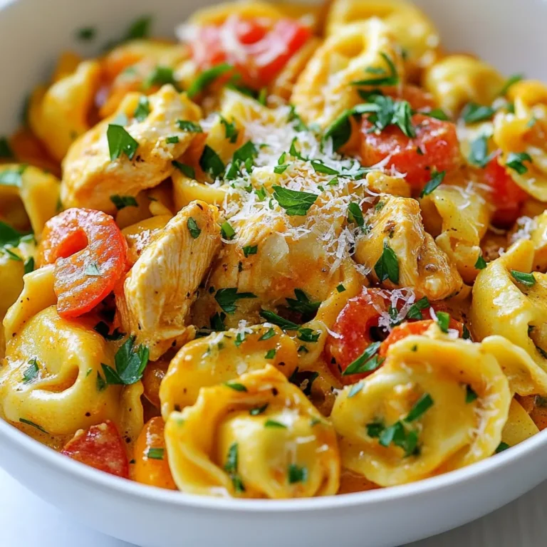 To make Cajun Chicken Tortellini, gather these ingredients: - 2 cups cheese tortellini - 1 pound chicken breast, diced - 1 tablespoon Cajun seasoning - 1 tablespoon olive oil - 1 bell pepper (red or green), sliced - 1 medium onion, sliced - 3 cloves garlic, minced - 1 cup heavy cream - 1 cup diced tomatoes (canned or fresh) - 1/2 cup grated Parmesan cheese - Salt and pepper to taste - Fresh parsley, chopped (for garnish) Each ingredient plays a key role in making this dish tasty. The cheese tortellini brings a delightful texture. The chicken adds protein and heartiness. Cajun seasoning provides the signature kick. Olive oil is perfect for cooking and flavor. Bell pepper and onion create a sweet base. Garlic adds depth and aroma. Heavy cream makes the sauce rich and creamy. Diced tomatoes bring freshness and acidity. Parmesan cheese gives a savory touch. Salt and pepper enhance all the flavors. Lastly, fresh parsley brightens the dish and adds color. Having everything ready makes cooking easy. Trust me, you’ll love how these ingredients come together! {{ingredient_image_1}} To cook the tortellini, start by bringing a large pot of salted water to a full boil. This adds flavor to the pasta. Once boiling, carefully add 2 cups of cheese tortellini. Cook it according to the package instructions, usually about 2 to 4 minutes, until it is al dente. Al dente means it is firm but not hard. After cooking, drain the tortellini and set it aside. This will help keep it from getting mushy later. Next, let’s sauté the chicken. In a large skillet, heat 1 tablespoon of olive oil over medium heat. Season 1 pound of diced chicken breast with 1 tablespoon of Cajun seasoning, salt, and pepper. The seasoning adds a nice kick to the chicken. Add the chicken to the hot skillet. Cook it for about 6 to 7 minutes until it turns golden brown and is fully cooked. Make sure to stir it often for even cooking. Once done, remove the chicken from the skillet and set it aside. In the same skillet, add your sliced bell pepper and onion. Sauté them for about 4 to 5 minutes until they soften. This adds color and flavor to your dish. Then, add 3 minced garlic cloves. Cook for an additional 1 to 2 minutes. Garlic brings a wonderful aroma and taste to the mix. Now it’s time to make the sauce. Pour in 1 cup of heavy cream and 1 cup of diced tomatoes. Stir well to combine all the ingredients. Bring the mixture to a simmer. Let it cook for about 5 minutes. This allows the sauce to thicken slightly. If you want a thicker sauce, let it simmer a bit longer. Return the cooked chicken to the skillet. Gently fold in the drained tortellini. This helps to mix all the flavors together. Sprinkle in 1/2 cup of grated Parmesan cheese. Stir until everything is coated in the sauce. If the sauce seems too thick, add a splash of water or chicken broth until it reaches your desired consistency. Finally, taste the dish and adjust the seasoning with salt, pepper, or more Cajun seasoning as needed. - Avoiding overcooking: Cook tortellini for just a few minutes. Follow the package guide. Al dente means firm, not mushy. Overcooked tortellini loses its shape. - Choosing the right type of tortellini: I love using cheese tortellini. It adds a rich flavor. You can try spinach or meat tortellini too. Each type brings its own taste to the dish. - Experimenting with different Cajun seasonings: Cajun seasoning is key. You can try different brands. Some may be hotter or milder. Adjust to your taste. Don't be afraid to mix spices for a unique kick. - Tips for adding extra flavor: Fresh herbs are great. Add thyme or oregano for depth. A squeeze of lemon juice brightens the dish. You can also toss in some hot sauce for extra heat. - Suggestions for garnishing: Fresh parsley adds a pop of color. Sprinkle it on top before serving. For a touch of elegance, add extra Parmesan. A drizzle of olive oil can also enhance the look. - Serving ideas for guests: Serve in a large bowl for a family-style meal. Provide bowls and utensils for guests to help themselves. Pair with a simple salad or crusty bread for a complete feast. Pro Tips Perfectly Cook Tortellini: Always cook the tortellini in salted water and follow the package instructions closely for the best texture. Season Chicken Generously: Don't be shy with the Cajun seasoning; it enhances the flavor significantly. Adjust to your spice preference. Thicken Your Sauce: If you want a creamier sauce, let it simmer a bit longer. Adding a splash of chicken broth can also help if it becomes too thick. Garnish for Presentation: A sprinkle of fresh parsley and extra Parmesan cheese not only adds color but also elevates the dish's flavors. {{image_2}} To make this dish meat-free, swap the chicken for plant-based protein. Options like tofu or tempeh work great. You can also use canned chickpeas for added protein. For extra nutrition, add colorful vegetables. Bell peppers, spinach, and zucchini bring flavor and vitamins. Toss in some cherry tomatoes for a sweet burst. If you love heat, spice it up! Add cayenne pepper or crushed red pepper flakes. This gives your meal a nice kick. You can also use spicy sausage instead of chicken. And don't forget to sprinkle in more Cajun seasoning for that bold taste. You can choose between a creamy or tomato-based sauce. If you want a lighter version, use tomato sauce instead of heavy cream. For a creamy feel without heavy cream, use coconut milk or cashew cream. These options keep your dish rich and tasty. Feel free to try different flavors and make this dish your own! To store your Cajun Chicken Tortellini in the fridge, let it cool first. Place it in an airtight container. This keeps the dish fresh and safe. I recommend using glass or plastic containers with tight lids. These containers help prevent spills and keep the flavor intact. Your meal will last for about three to four days in the fridge. To freeze Cajun Chicken Tortellini, wait until it cools. Use freezer-safe bags or containers. Remove as much air as possible before sealing. This helps avoid freezer burn. When you're ready to enjoy it again, thaw the dish overnight in the fridge. To reheat, warm it in a skillet over low heat. Add a splash of water or broth if needed. This keeps the dish creamy and delicious. Cajun Chicken Tortellini stays fresh for a short time. In the fridge, it lasts three to four days. In the freezer, it can last up to three months. Look for signs of spoilage, like an off smell or discoloration. If it looks or smells strange, it's best to toss it. Keeping an eye on freshness ensures your meal tastes great every time you enjoy it. Cajun Chicken Tortellini is a tasty one-pan meal. It combines tender chicken, cheese tortellini, and Cajun spices. The dish has a creamy sauce made with heavy cream and tomatoes. You can enjoy it in about 30 minutes. Yes, you can use frozen tortellini. Just cook them according to the package. Frozen tortellini usually takes a bit longer than fresh. Add them to boiling water and cook until they float. This should take about 5-7 minutes. If you want a lighter option, you can use half-and-half. You could also use milk with a bit of flour. This will help thicken the sauce. For a vegan choice, try coconut milk or almond milk. To make this dish dairy-free, skip the heavy cream and cheese. Use coconut milk or a dairy-free cream. You can also use nutritional yeast for a cheesy flavor. It adds a nice taste without dairy. Cajun Chicken Tortellini has a mild to medium spice level. The heat comes from Cajun seasoning. If you prefer less spice, use less seasoning. You can always taste and adjust as you cook. Definitely! You can add veggies like spinach, zucchini, or mushrooms. These will add flavor and nutrition. Just sauté them with the bell pepper and onion for the best taste. Cajun Chicken Tortellini combines bold flavors and simple steps for a fantastic meal. You can cook cheese tortellini and sauté chicken, peppers, and onions with ease. Then, mix everything in a creamy sauce for a delicious dish. Remember, you can adjust spices and add veggies to match your taste. This dish is easy to store and reheats well. Try different variations to keep it exciting. Enjoy cooking and savoring this tasty meal!