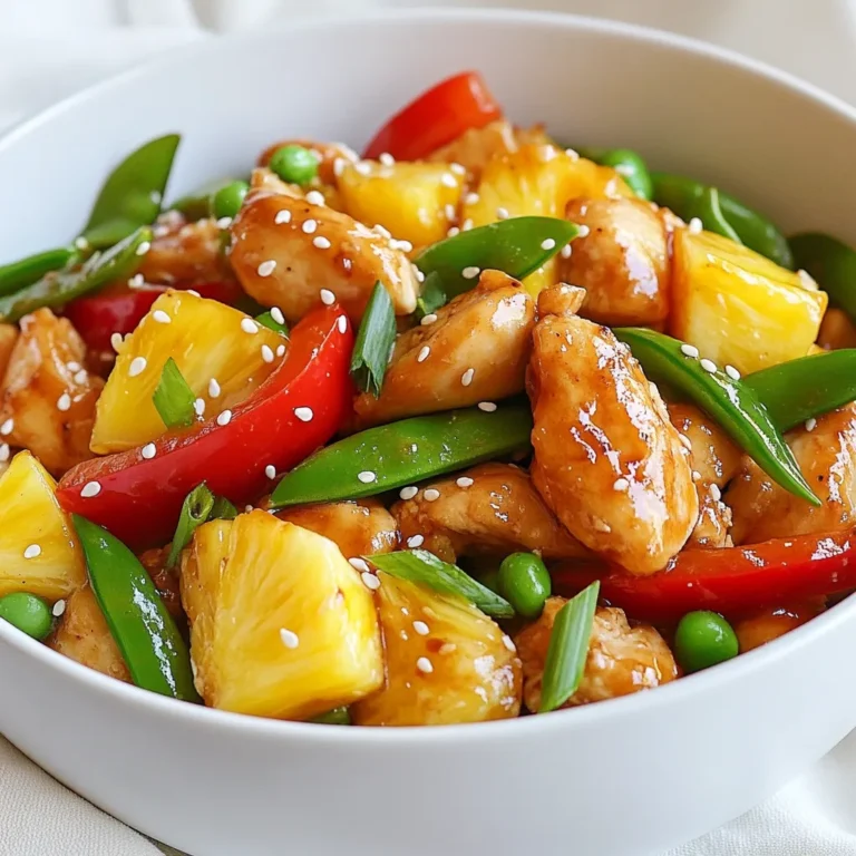 - 2 boneless, skinless chicken breasts, cut into bite-sized pieces - 1 cup fresh pineapple, diced - 1 bell pepper (red or yellow), sliced - 1 cup snap peas, trimmed - 2 green onions, chopped - 2 cloves garlic, minced - 1 tablespoon fresh ginger, grated - 3 tablespoons soy sauce - 1 tablespoon honey - 1 tablespoon cornstarch mixed with 2 tablespoons water (slurry) - 2 tablespoons vegetable oil - Salt and pepper to taste - Sesame seeds for garnish The chicken gives the dish protein. Pineapple brings sweetness and a tropical touch. Bell peppers add crunch and color. Snap peas make the meal fresh and vibrant. Green onions add a mild onion flavor. Garlic and ginger offer warmth and depth to the taste. - Red pepper flakes for heat - Cashews or peanuts for crunch - Fresh cilantro for freshness - Lime juice for tanginess These optional ingredients let you customize your stir fry. Red pepper flakes can spice it up. Nuts add a nice crunch. Fresh herbs brighten the dish. Lime juice gives a zesty kick. This dish serves four and is balanced in nutrients. Each serving has about: - Calories: 290 - Protein: 23g - Carbohydrates: 27g - Fat: 12g - Fiber: 3g Pineapple Chicken Stir Fry is not just tasty; it's also wholesome. You get protein from chicken and fiber from vegetables. The dish is low in fat and packed with flavor. {{ingredient_image_1}} To start, gather all your ingredients. This makes cooking easier and faster. Here’s what you need: - 2 boneless, skinless chicken breasts, cut into bite-sized pieces - 1 cup fresh pineapple, diced - 1 bell pepper (red or yellow), sliced - 1 cup snap peas, trimmed - 2 green onions, chopped - 2 cloves garlic, minced - 1 tablespoon fresh ginger, grated - 3 tablespoons soy sauce - 1 tablespoon honey - 1 tablespoon cornstarch mixed with 2 tablespoons water (slurry) - 2 tablespoons vegetable oil - Salt and pepper to taste - Sesame seeds for garnish Once you have everything ready, wash and chop the veggies. This keeps your kitchen tidy and helps you stay focused. First, heat 1 tablespoon of vegetable oil in a large skillet or wok over medium-high heat. Once hot, add the chicken pieces, seasoning with salt and pepper. Stir-fry the chicken for about 5-7 minutes. You want it golden and fully cooked. Once done, remove the chicken and set it aside. Now, in the same pan, add the remaining tablespoon of oil. Toss in the minced garlic and grated ginger. Stir-fry for 30 seconds until the smell fills the air. Next, add the sliced bell pepper and snap peas. Cook for about 3-4 minutes, stirring often. You want them tender but still crisp. Then, add the pineapple to the pan. Mix it well with the veggies. In a small bowl, combine the soy sauce and honey. Pour this mix over the stir-fry. Stir to coat everything evenly. Now, return the cooked chicken to the pan. Mix in the cornstarch slurry. This will thicken your sauce. Cook for an additional 2 minutes until the dish looks glossy and the sauce thickens. Finally, stir in the chopped green onions before removing it from heat. Keep these tips in mind for a perfect stir-fry: - Use a hot pan to get a nice sear on the chicken. - Cut veggies to similar sizes. This helps them cook evenly. - Don’t overcrowd the pan; cook in batches if needed. - Stir often to prevent sticking and burning. - Serve right away for the best flavor and texture. These steps and tips will help you create a delicious Pineapple Chicken Stir Fry that shines on your dinner table! One common mistake is overcooking the chicken. Cook it just until it turns golden. If you add too many vegetables at once, they may steam instead of fry. This can make them soggy. Also, don’t skip the cornstarch slurry. It helps thicken the sauce and adds a nice shine to the dish. Lastly, make sure your oil is hot before adding the chicken. This prevents sticking and ensures even cooking. To boost the flavors, use fresh ingredients. Fresh garlic and ginger add a lot of taste. You can also add a splash of lime juice for some acid. This brightens up the dish. If you like heat, try adding sliced chili peppers or a dash of red pepper flakes. A splash of sesame oil at the end can also deepen the flavor. Serve with sesame seeds for a crunchy touch and extra flavor. For this recipe, a large skillet or wok works best. A wok allows for even cooking and better heat distribution. A wooden spatula is great for stirring without scratching your pan. If you have a meat thermometer, it can help ensure your chicken is fully cooked. Finally, having a good chef’s knife makes chopping ingredients quick and easy. Pro Tips Marinate the Chicken: For enhanced flavor, marinate the chicken pieces in soy sauce and a bit of ginger for 30 minutes before cooking. Use Fresh Ingredients: Fresh pineapple and vegetables will give the stir fry a vibrant taste and texture, improving the overall dish. Adjust Sweetness: Depending on your preference, you can add more honey or even a splash of lime juice for a tangy balance. Perfect Cooking Time: Be careful not to overcook the vegetables; they should remain crisp and colorful for the best texture. {{image_2}} You can swap chicken for other proteins. Tofu is a great choice for a vegetarian dish. Just cube it and sauté until golden. Shrimp also works well. Cook it until pink and tender. Both options taste great with the pineapple and sauce. Feel free to mix in other veggies. Broccoli, carrots, and bell peppers add color and crunch. Bok choy or zucchini can also brighten the dish. Use what you love or what you have on hand. This recipe is flexible and fun! You can change the sauce for new flavors. Try adding some chili paste for heat. A splash of rice vinegar can add a tangy kick. You might also mix in some orange juice for sweetness. Experiment with ingredients to find your favorite blend. To store your leftover pineapple chicken stir fry, let it cool first. Place the stir fry in an airtight container. Keep it in the fridge for up to three days. Make sure to keep the chicken and veggies covered. This helps them stay fresh and tasty. If you want to freeze your stir fry, use a freezer-safe container. It’s best to freeze it in single servings. This way, you can grab just what you need later. The stir fry can stay fresh in the freezer for up to three months. When you’re ready to eat, let it thaw in the fridge overnight. When reheating, use a skillet on medium heat. Add a splash of water or broth to keep it moist. Stir often to heat evenly. You can also microwave it in a bowl with a lid. Heat in short bursts, stirring in between to avoid overcooking. This keeps the chicken juicy and the veggies crisp. You can serve this dish with rice or quinoa. Both options soak up the sauce well. You might also try it with noodles for a fun twist. Fresh salad or steamed broccoli add great color and nutrition. Yes, you can use canned pineapple. Just drain it well to avoid too much juice. Canned pineapple is sweet and easy to find. It will still taste great in your stir fry. To make Pineapple Chicken Stir Fry gluten-free, swap soy sauce for gluten-free soy sauce or tamari. Most brands offer good gluten-free options. You also want to check all other sauces and ingredients you use. Yes, you can prep this dish ahead of time. Cut the chicken and veggies and store them in the fridge. You can also mix the sauce and keep it separate. Just stir-fry everything together on the day you want to serve it. Pineapple Chicken Stir Fry is a great dish that combines fresh flavors and textures. We covered key ingredients and simple steps to make it right. Avoid common mistakes and try new variations to keep things exciting. Store leftovers properly to enjoy later, and reheating tips will help maintain taste. Feel free to experiment with sides and sauces for more fun. This stir fry is quick, tasty, and flexible for anyone in the kitchen. Enjoy the journey of cooking this delicious meal!
