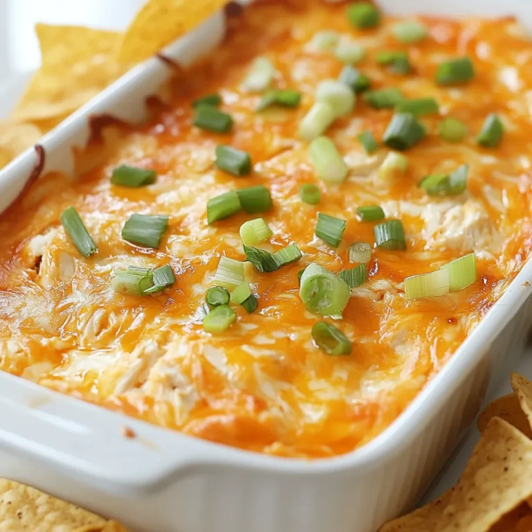 To make a great Buffalo Chicken Dip, you need a few key items: - 2 cups shredded cooked chicken - 1 (8 oz) package cream cheese, softened - 1 cup buffalo sauce (pick based on how spicy you like it) - 1/2 cup ranch dressing (or blue cheese dressing if you prefer) - 1 cup shredded cheddar cheese - 1/2 cup crumbled blue cheese (optional) - 2 green onions, chopped (for garnish) - Tortilla chips or celery sticks for serving These ingredients blend to create a rich flavor. The cream cheese adds a creamy base. The buffalo sauce gives it that spicy kick. The chicken provides protein, making it filling. I often use specific brands for the best flavor. For cream cheese, I like Philadelphia. It has a smooth texture that mixes well. For buffalo sauce, Frank's RedHot is a favorite. It strikes the right balance between heat and flavor. For ranch dressing, Hidden Valley is a solid choice, but any brand you enjoy works. For cheese, I recommend Tillamook for cheddar. It melts beautifully and tastes rich. You can change this dip to fit your taste. Add more spices like garlic powder or onion powder for extra flavor. If you love heat, add diced jalapeños or use a hotter buffalo sauce. You can also mix in other cheeses like pepper jack for a twist. If you want to make it healthier, swap in Greek yogurt for cream cheese. This keeps it creamy but adds a protein boost. {{ingredient_image_1}} To start, gather your ingredients. You need: - 2 cups shredded cooked chicken - 1 (8 oz) package cream cheese, softened - 1 cup buffalo sauce - 1/2 cup ranch dressing - 1 cup shredded cheddar cheese - 1/2 cup crumbled blue cheese (optional) - 2 green onions, chopped - Tortilla chips or celery sticks First, preheat your oven to 350°F (175°C). In a large mixing bowl, mix the softened cream cheese and buffalo sauce until smooth. This step is key. It blends the flavors well. Next, add the shredded chicken and ranch dressing. Stir it all together until the chicken is fully coated. Then, fold in the shredded cheddar cheese. If you like blue cheese, add that too! Once you have your mix ready, transfer it into a baking dish. Spread it evenly. This ensures every bite gets that rich flavor. Now, place it in the preheated oven. Bake for 20 to 25 minutes. You want it hot and bubbling. After baking, be careful when you take it out. Let it cool for a minute. This helps avoid burns when you serve it. For serving, you can use tortilla chips or celery sticks. Both add a nice crunch. To make it look great, garnish with chopped green onions on top. This adds color and flavor. You can serve it right in the baking dish for a casual vibe. Or, scoop it into a nice serving bowl for a fancier look. Enjoy this creamy dip at your next gathering! You can make Buffalo Chicken Dip a day before your party. Follow the recipe but stop before baking. Place the dip in a baking dish and cover it. Store it in the fridge until you're ready to bake. When it's time to serve, just pop it in the oven. This saves time and lets the flavors blend. Not everyone loves spice the same way. To make it milder, use less buffalo sauce. You can also pick a milder sauce. If you want more heat, add more buffalo sauce. A splash of hot sauce can also help. Taste as you mix to find the right balance for your guests. Mix your dip well to ensure every bite has flavor. Use a sturdy spatula to blend the cream cheese and buffalo sauce smoothly. This makes the dip creamy. When baking, keep an eye on the dip. It should be hot and bubbly, usually around 20-25 minutes. Let it cool for a few minutes before serving. This keeps it from burning your mouth! Pro Tips Adjust the Spice Level: Modify the amount of buffalo sauce to suit your heat preference. Start with less and add more as needed. Make it Ahead: Prepare the dip in advance and store it in the refrigerator. Just bake it when you're ready to serve! Experiment with Cheeses: Feel free to mix different cheeses like Monterey Jack or pepper jack for added flavor and texture. Perfect Pairings: Serve with a variety of dippers like pita chips, carrots, or cucumber slices for a refreshing crunch alongside the dip. {{image_2}} You can make a tasty vegetarian version. Replace the chicken with shredded jackfruit or tempeh. These ingredients soak up flavors well. Use the same cream cheese and buffalo sauce. This swap keeps the dip rich and creamy. Add more veggies like spinach or bell peppers for crunch. Your guests won’t miss the meat! Cheese is key in Buffalo Chicken Dip. Try mixing different cheeses for a twist. Use pepper jack for a spicy kick. Goat cheese adds a tangy flair. You can also mix mozzarella to make it stretchier. Blend cheeses to find your favorite combo. Each mix brings a new taste to the table. You can enjoy this dip even if you avoid dairy. Use a dairy-free cream cheese. Many brands offer good taste and texture. Swap regular ranch dressing with a dairy-free version. Nutritional yeast can add a cheesy flavor. To keep it creamy, use coconut milk or cashew cream. Your guests will love this version just as much! To store leftover Buffalo chicken dip, let it cool first. Then, scoop it into an airtight container. Make sure it is sealed tightly to keep it fresh. Place the container in the fridge. It will last for about three to four days. Always check for any off smells before serving. You can freeze Buffalo chicken dip for later use. First, let it cool completely. Then, transfer it to a freezer-safe container. Leave some space at the top because the dip will expand. It can be frozen for up to three months. When ready to eat, thaw it in the fridge overnight. To reheat Buffalo chicken dip, preheat your oven to 350°F (175°C). Place the dip in an oven-safe dish. Heat it for about 20 minutes or until hot. Stir it halfway through to warm it evenly. You can also use a microwave. Heat in short bursts, stirring in between, until it's warm throughout. Yes, you can make Buffalo chicken dip in a slow cooker. Just combine all the ingredients in the slow cooker. Set it on low for about 2 hours. Stir it occasionally, and enjoy the warm, creamy dip. Buffalo chicken dip can last about 3 to 4 days in the fridge. Store it in an airtight container. Make sure it cools down before you put it in the fridge. You can serve Buffalo chicken dip with many tasty options. Some favorites are: - Tortilla chips - Celery sticks - Carrot sticks - Crackers - Pita bread These dippers add crunch and flavor to your meal. Yes, you can use canned chicken. It saves time and works well. Just drain the chicken and shred it before mixing. This makes the dip quick and easy to prepare. Buffalo chicken dip is fun and easy to make. You learned about key ingredients, step-by-step instructions, and tips for perfecting this dish. I shared ways to customize it and how to store leftovers. You can also adapt the recipe for different diets. Enjoy this dip at parties or snacks. With these tips, you’ll impress everyone. Now, get cooking and have a great time enjoying your delicious dip!