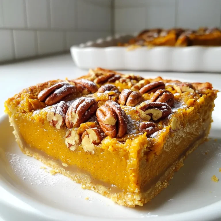 Pumpkin Pecan Pie Bars need a few key ingredients. The star is pumpkin puree. It gives the bars their rich flavor and creamy texture. Pecan nuts add crunch and a buttery taste. Together they create a sweet and savory treat. You also need eggs, which help bind the mixture. Using fresh and high-quality ingredients makes a big difference. Fresh pumpkin puree can enhance the taste. Good quality pecans provide a rich flavor. Always choose the best ingredients for the best results. If you're looking for gluten-free options, you can use almond or coconut flour instead of all-purpose flour. Both work well in this recipe. For a dairy-free version, you can swap heavy cream with coconut cream. You can also use plant-based butter instead of regular butter. These swaps keep the bars tasty while catering to dietary needs. To make these bars, you need some basic tools. A mixing bowl is essential for combining ingredients. A whisk helps blend the pumpkin mixture smoothly. A spatula is useful for spreading the filling evenly. For baking, a 9x13 inch pan is perfect. Lining it with parchment paper makes it easy to remove the bars later. This simple step saves you time and effort when serving your delicious treat. 1. First, preheat your oven to 350°F (175°C). Grab a 9x13 inch baking pan and line it with parchment paper. Leave a little overhang for easy removal later. 2. In a mixing bowl, combine 1 ½ cups of all-purpose flour, ½ cup of brown sugar, and ½ teaspoon of salt. Mix well to ensure the dry ingredients blend completely. 3. Now, stir in ½ cup of melted unsalted butter. Keep mixing until the mixture looks like wet sand. This is your crust! 4. Press the dough firmly into the bottom of the prepared pan. Bake this in the preheated oven for 15 minutes, or until it turns lightly golden. Once done, take it out and let it cool for a bit. 1. In a large bowl, whisk together one can (15 oz) of pumpkin puree, 3 large eggs, 1 teaspoon of vanilla extract, 1 teaspoon of pumpkin spice, and 1 cup of granulated sugar. Mix it until it’s smooth and creamy. 2. Pour this pumpkin mixture over your cooled crust. Spread it evenly across the surface to ensure every bite has that lovely pumpkin flavor. 1. Now, sprinkle 1 cup of chopped pecans over the pumpkin layer. This adds a nice crunch! 2. Drizzle ½ cup of heavy cream over the pecans and pumpkin. Cover it generously for a richer taste. 3. Bake the whole thing for another 25-30 minutes. Check if the center is set by inserting a toothpick; it should come out clean. 4. After baking, let your bars cool completely in the pan on a wire rack. When they cool, lift them out using the parchment paper. Cut them into squares or rectangles and dust with a pinch of nutmeg for extra flair. To make sure your bars bake evenly, keep an eye on the oven temperature. A consistent 350°F is key. Use an oven thermometer if needed. This helps prevent sogginess in your bars. For a perfect crust, press the dough firmly into the pan. You want it to be even and compact. Bake it until it’s lightly golden, then let it cool slightly before adding the filling. Cut your bars into neat squares or rectangles. Use a sharp knife for clean edges. Dust them with powdered sugar or nutmeg for a pretty touch. Serve your bars with whipped cream or vanilla ice cream for a treat. These toppings add a creamy contrast to the spiced pumpkin flavor. One common mistake is overbaking or underbaking your bars. Keep an eye on the time and do the toothpick test. If it comes out clean, your bars are done. Another issue is mismeasuring ingredients. Use a kitchen scale for accuracy. This ensures consistent results every time. Mix the ingredients well, but do not overmix. This keeps your texture just right. {{image_2}} You can easily change the flavor of your bars. Adding chocolate chips gives a rich twist. Try semi-sweet or dark chocolate chips for a deep flavor. Caramel also works well; drizzle it on top for extra sweetness. You can also use different nuts. Walnuts or almonds can replace pecans. Each nut brings a unique taste and texture. If you want vegan options, use flax eggs instead of real eggs. You can mix one tablespoon of flaxseed meal with three tablespoons of water. Let it sit for a few minutes. For a sugar-free version, use a sugar substitute like erythritol. These swaps let everyone enjoy the bars without worry. You can also make lower-calorie versions by using less sugar and butter. Applesauce can replace butter to cut calories. You can tweak the recipe for holidays. For Thanksgiving, add extra spices like cinnamon and cloves. These spices bring out the warm flavors of fall. For Christmas, a hint of peppermint can make your bars festive. The right spices can make your Pumpkin Pecan Pie Bars feel special for every season. To keep your Pumpkin Pecan Pie Bars fresh, store them in an airtight container. Place a piece of parchment paper between layers if you stack them. This prevents sticking and keeps the bars intact. Store the container in the fridge to maintain their flavor and texture. The cool environment helps the bars stay moist and delicious. If you want to save some for later, freezing is a great option. Wrap each bar tightly in plastic wrap. Then, place them in a freezer-safe bag or container. This helps prevent freezer burn. When you're ready to enjoy them, thaw the bars in the fridge overnight. For best texture, avoid microwaving them. Let them come to room temperature before serving. In the fridge, your Pumpkin Pecan Pie Bars last about five days. Keep an eye out for any changes in smell, color, or texture. If the bars look dry or have an off odor, it's best to discard them. Fresh is always best when it comes to these tasty treats! Yes, you can make these bars ahead of time. Bake them and allow them to cool. Then, store them in an airtight container. They stay fresh in the fridge for about four days. This is great for busy days or holiday prep! Check the bars at around 25 minutes of baking. Insert a toothpick into the center. If it comes out clean, they are done. The edges should be slightly puffed, and the center will have a slight jiggle. Absolutely! You can use walnuts, almonds, or hazelnuts. Just chop them up like the pecans. Each nut will add its own unique flavor to the bars. Heavy cream adds richness and a creamy texture. If you want a lighter option, you can use half-and-half or coconut cream. Just keep in mind it may change the final taste slightly. Yes, fresh pumpkin works well too! Roast the pumpkin and puree it until smooth. It will give your bars a fresh taste. Just make sure to measure the same amount as you would canned pumpkin. We covered everything you need to make tasty Pumpkin Pecan Pie Bars. Fresh ingredients like pumpkin puree and quality nuts give the best flavor. We explored great substitutions and useful tools for easy baking. Perfecting the crust and filling leads to a delicious treat. Stick to the baking times to avoid common mistakes. With these tips, you can store your bars well and even freeze them. Enjoy experimenting with different flavors and variations. Happy baking!