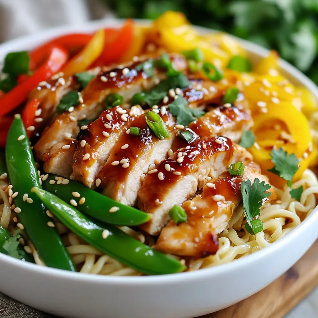 To make Chicken Teriyaki Noodles, gather these key ingredients: - 2 chicken breasts, thinly sliced - 200g egg noodles - 1 bell pepper, julienned (red or yellow) - 1 cup snap peas - 3 green onions, chopped - 2 cloves garlic, minced - 1 tablespoon ginger, freshly grated - 5 tablespoons soy sauce - 2 tablespoons honey - 1 tablespoon sesame oil - 1 tablespoon cornstarch mixed with 2 tablespoons water - 2 tablespoons vegetable oil for cooking These ingredients create a balanced dish with protein, carbs, and fresh veggies. For a nice finish, consider these garnishing items: - Sesame seeds - Fresh cilantro, chopped These add color and a fresh flavor to your meal. You can enhance your dish with these optional ingredients: - Red pepper flakes for heat - A squeeze of lime juice for brightness - Sliced carrots for added crunch These can bring new layers of taste to your noodles. {{ingredient_image_1}} To start, cook the egg noodles. Boil water in a pot. Add the noodles and cook as per the package instructions. This usually takes around 5-7 minutes. Once done, drain the noodles and set them aside. Make sure they don’t stick together. Grab a small bowl and mix the sauce. Combine 5 tablespoons of soy sauce, 2 tablespoons of honey, and 1 tablespoon of sesame oil. Add 2 cloves of minced garlic and 1 tablespoon of freshly grated ginger. Stir well until everything blends nicely. This sauce will give your dish that sweet and salty flavor. Now, heat 2 tablespoons of vegetable oil in a large skillet or wok over medium-high heat. Add the sliced chicken breasts. Cook them for about 5-7 minutes until they are golden brown and cooked through. Then, toss in 1 bell pepper and 1 cup of snap peas. Stir-fry for 3-4 minutes. The veggies should be tender but still crisp. Once the chicken and veggies are ready, pour the teriyaki sauce over them. Mix it well to coat everything. Next, add 1 tablespoon of cornstarch mixed with 2 tablespoons of water. This will thicken the sauce. Cook for another 2-3 minutes until the sauce looks glossy. Finally, toss in the cooked egg noodles. Mix until the noodles are coated in the tasty sauce. Serve in bowls and add chopped green onions, sesame seeds, and fresh cilantro on top for a nice touch. Enjoy your Chicken Teriyaki Noodles! To cook chicken perfectly, start with fresh chicken breasts. Thinly slice them for quick cooking. Use medium-high heat in your skillet or wok. This helps to sear the chicken, keeping it juicy. Make sure to stir often, so it cooks evenly. Cook until the chicken is golden brown, which takes about 5-7 minutes. Always check that the chicken is cooked through. You can cut a piece to make sure it's not pink inside. This step is key for a safe and tasty meal. To make the best teriyaki sauce, measure your ingredients carefully. Mix soy sauce, honey, sesame oil, minced garlic, and grated ginger in a bowl. Whisk them together until they blend well. This mix brings a sweet and savory flavor. Adding cornstarch mixed with water helps thicken the sauce. Pour it in at the end of cooking. Cook for a few minutes until it becomes glossy. This makes the sauce cling to your chicken and vegetables, enhancing each bite. When serving Chicken Teriyaki Noodles, presentation matters. Use deep bowls for a nice look. After plating, sprinkle chopped green onions on top. Add sesame seeds and fresh cilantro for color and flavor. These garnishes not only taste great but also make your dish shine. For extra crunch, you can serve with toasted sesame seeds. Offer lime wedges on the side for a fresh twist. This will give your meal a bright, zesty finish. Pro Tips Marinate the Chicken: For extra flavor, let the sliced chicken marinate in the teriyaki sauce for at least 30 minutes before cooking. Veggie Variations: Feel free to swap in your favorite vegetables such as broccoli, carrots, or bok choy for a different twist. Adjusting Sweetness: If you prefer a sweeter teriyaki sauce, simply increase the amount of honey to suit your taste. Garnishing Tips: For added texture and flavor, sprinkle toasted sesame seeds and chopped nuts like peanuts or cashews on top before serving. {{image_2}} You can easily swap chicken for tofu. Use firm tofu for the best texture. Start by pressing the tofu to remove water. Cut it into cubes and pan-fry until golden. Follow the same cooking steps as with chicken. Tofu absorbs the teriyaki sauce well and gives a great taste. If you need a gluten-free option, use tamari instead of soy sauce. It has a similar flavor without the gluten. You can also switch egg noodles for rice noodles or zucchini noodles. Both options work well and taste great with teriyaki sauce. Feel free to mix in other veggies. Broccoli, carrots, or bok choy add color and crunch. You can also try mushrooms for a savory flavor. Just be sure to cut the veggies into small pieces. This helps them cook evenly and blend well with the noodles. Store any leftover Chicken Teriyaki Noodles in an airtight container. Make sure the noodles cool down first. You can keep them in the fridge for up to three days. This way, the flavors stay fresh and tasty. To reheat, use the microwave or a pan. If using a microwave, place the noodles in a bowl. Add a splash of water to keep them moist. Heat in short bursts, stirring often, until hot. If using a pan, add a tiny bit of oil and heat over medium. Stir until warmed through. You can freeze Chicken Teriyaki Noodles for later. Store them in a freezer-safe bag or container. Remove as much air as possible to avoid freezer burn. They can last up to three months in the freezer. When you're ready to eat, thaw them in the fridge overnight. Reheat as directed above for a quick meal. Yes, you can use many types of noodles. Rice noodles work well for a gluten-free option. Udon noodles are also a great choice for a chewy texture. If you prefer whole wheat, you can find whole wheat egg noodles. Feel free to experiment and find your favorite! To add heat, try adding red pepper flakes or sriracha. You can mix some into the sauce for a spicy kick. Another option is to add sliced jalapeños when cooking the chicken. Adjust the spice level to match your taste. To make this dish healthier, add more vegetables. Broccoli, carrots, or baby corn all work well. You can also include leafy greens like spinach or bok choy. They boost the nutrients and add color to your plate. These noodles last up to three days in the fridge. Store them in an airtight container to keep them fresh. When reheating, add a splash of water or soy sauce to keep the noodles moist. Enjoy your meal again without losing flavor! This blog post covered key parts of making Chicken Teriyaki Noodles. You learned about essential ingredients, step-by-step instructions, helpful tips, and variations. We discussed how to store leftovers and answered common questions. Cooking can be fun and tasty! Feel free to try different ingredients and methods. You can create a dish your family will love. Enjoy your cooking adventure and make it your own!