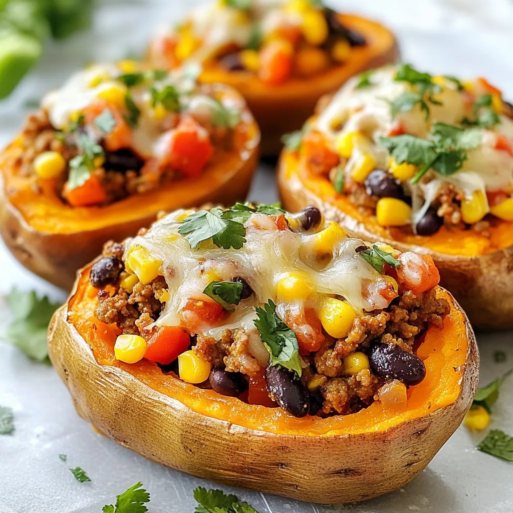 To make savory ground turkey stuffed sweet potatoes, gather these key ingredients: - 4 medium sweet potatoes - 1 pound ground turkey - 1 small onion, finely chopped - 2 cloves garlic, minced - 1 red bell pepper, diced - 1 teaspoon ground cumin - 1 teaspoon smoked paprika - 1/2 teaspoon chili powder - Salt and black pepper to taste - 1 cup black beans, drained and rinsed - 1/2 cup corn (canned or frozen) - 1 cup shredded cheese (cheddar or Monterey Jack) - 2 tablespoons olive oil These toppings can add extra flavor and texture to your dish: - Fresh cilantro for garnish - Sour cream or Greek yogurt for serving This meal is not only tasty but also packed with nutrients. Sweet potatoes are rich in fiber and vitamins. Ground turkey is a lean protein source. Black beans and corn add more fiber and protein. This dish offers a balanced meal with carbs, protein, and healthy fats, making it a great choice for dinner. {{ingredient_image_1}} Start by preheating your oven to 400°F (200°C). Next, wash the sweet potatoes well. This step is key because you want to remove any dirt. Then, poke a few holes in each potato with a fork. This helps them cook evenly. Place the sweet potatoes on a baking sheet and roast them for about 45-50 minutes. You know they are done when they are soft to the touch. While the sweet potatoes roast, heat 2 tablespoons of olive oil in a large skillet over medium heat. Add 1 small chopped onion and cook it until it turns translucent, which takes about 5 minutes. Next, toss in 2 minced garlic cloves and 1 diced red bell pepper. Cook these for about 3-4 minutes until the bell pepper softens. Increase the heat to medium-high and add 1 pound of ground turkey. Cook it well, breaking it apart as it cooks. Once the turkey turns brown, stir in 1 teaspoon of ground cumin, 1 teaspoon of smoked paprika, and 1/2 teaspoon of chili powder. Add salt and black pepper to taste. Cook this mixture for another 2-3 minutes. Finally, mix in 1 cup of drained black beans and 1/2 cup of corn, heating everything through for another 2-3 minutes. After the sweet potatoes are done, take them out of the oven. Carefully slice them open lengthwise, but don’t cut all the way through. Fluff the insides with a fork. Now it’s time to fill the sweet potatoes! Spoon the ground turkey mixture generously into each potato, pressing down gently. Top each stuffed potato with 1 cup of shredded cheese. Return them to the oven for an extra 5-7 minutes, or until the cheese melts and bubbles. Let them cool slightly before serving. You can garnish with fresh cilantro and add a dollop of sour cream or Greek yogurt if you like. Enjoy your flavorful meal! To cook sweet potatoes well, I recommend roasting them. This method brings out their natural sweetness. Here’s how to do it: - Preheat your oven to 400°F (200°C). - Wash the sweet potatoes and poke holes in them with a fork. - Place them on a baking sheet and roast for 45-50 minutes. This method makes sweet potatoes soft and flavorful. You can also microwave them for a quicker option. Just cook on high for about 5-8 minutes per potato. To make your stuffed sweet potatoes pop with flavor, try these tips: - Add fresh herbs like cilantro or parsley for a fresh taste. - Squeeze some lime juice over the filling for brightness. - Experiment with spices; try adding cayenne for heat or oregano for earthiness. - A sprinkle of smoked paprika gives a nice smoky flavor. These small changes can make a big difference in taste. Cooking ground turkey can be easy if you follow these steps: - Use a large skillet over medium heat. - Make sure to break the turkey apart as it cooks. This helps it cook evenly. - Cook until it turns from pink to brown, about 6-8 minutes. - Stir in spices early to let the flavors mix well. These tips ensure your turkey is juicy and full of flavor. Pro Tips Choose the Right Sweet Potatoes: Select medium-sized sweet potatoes that are firm and free of blemishes for the best flavor and texture. Flavor Boosting: For an extra depth of flavor, try adding a splash of lime juice or a pinch of cayenne pepper to the turkey mixture. Cheese Variations: Experiment with different types of cheese like feta or pepper jack for a unique twist on the classic flavor. Meal Prep Friendly: These stuffed sweet potatoes can be made ahead of time and stored in the fridge, making them a great option for quick lunches or dinners. {{image_2}} You can easily make this dish vegetarian. Use lentils, chickpeas, or tempeh instead of ground turkey. These proteins pack a punch in flavor and nutrition. Cook them the same way as turkey. Add spices like cumin and paprika for that rich taste. You can even mix in some tofu for a creamy texture. This way, you can enjoy a hearty meal without meat. Feel free to add your favorite veggies to this recipe. Zucchini, spinach, or mushrooms work well. Just chop them up and toss them in when you cook the onion and bell pepper. These add-ins boost the meal's health and flavor. They also make each bite more colorful and fun. Be creative! You can even use leftover veggies from your fridge. If you like your food spicy, add some heat! You can include jalapeños or hot sauce to the turkey filling. Start with a small amount, then taste and adjust. You can also use spicy chili powder or cayenne pepper for extra warmth. This gives your stuffed sweet potatoes a nice kick. Just remember, you can always add more, but it’s hard to take it out! You can store leftover stuffed sweet potatoes in the fridge. Place them in an airtight container. Make sure to eat them within three days for the best taste. When you store them, keep any toppings separate. This helps retain their freshness. If you want to freeze your stuffed sweet potatoes, wrap each one tightly in plastic wrap. Place them in a freezer-safe bag or container. They can last up to three months in the freezer. When you're ready to eat, let them thaw in the fridge overnight before reheating. To reheat, use the oven for the best texture. Preheat your oven to 350°F (175°C). Place the stuffed sweet potatoes on a baking sheet. Heat for about 20 minutes or until warm. You can also use a microwave, but this may make the skin a bit soft. If you use the microwave, heat in 1-minute intervals until warm. Yes, you can use other meats. Ground chicken or beef works well. You can also try pork for a unique flavor. Just cook it the same way as ground turkey. Adjust the spices to match the meat's flavor. Each option brings a different taste to your sweet potatoes. To cook sweet potatoes evenly, wash them well. Poke holes in each potato with a fork. This helps steam escape while baking. Place them on a baking sheet in a single layer. Roast them at 400°F for 45-50 minutes. Check for softness by piercing them with a fork. If they feel tender, they are ready. Many sides go well with stuffed sweet potatoes. Consider a simple green salad for freshness. Roasted veggies add texture and color. You can also serve quinoa or brown rice for extra fiber. A light soup can balance the meal nicely too. Choose sides that complement the flavors of the stuffed sweet potatoes. This blog post covered everything you need to create stuffed sweet potatoes. We explored the ingredients, both required and optional, making sure you could customize your meal. You learned step-by-step instructions, tips for perfect cooking, and variations to suit your taste. We also discussed storage info, including how to freeze and reheat leftovers. Stuffed sweet potatoes are flexible and fun to make. Experiment with flavors and enjoy the process. Happy cooking!