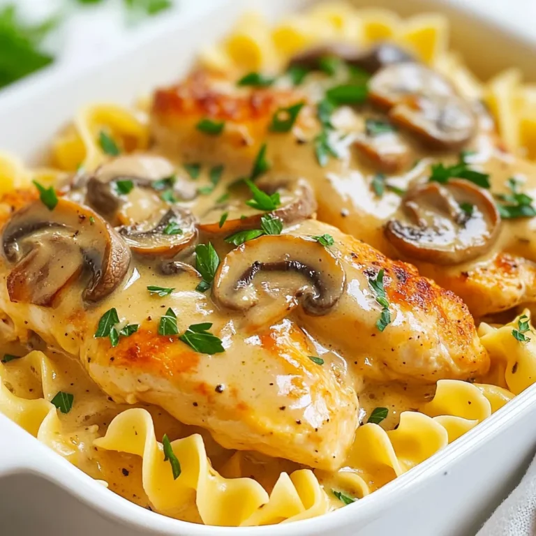 - 4 boneless, skinless chicken breasts - 2 cups mushrooms, sliced (button or cremini) - 1 medium onion, finely chopped - 3 cloves garlic, minced - 1 cup Greek yogurt - 1 cup chicken broth - 2 tablespoons olive oil - 1 tablespoon Dijon mustard - 1 teaspoon paprika - 1 teaspoon dried thyme - Salt and pepper to taste - Fresh parsley, chopped (for garnish) - 8 ounces egg noodles The first step to making baked chicken stroganoff is gathering your ingredients. You need chicken breasts as the main protein. I suggest using boneless and skinless ones for ease. Next, you will need mushrooms, like button or cremini. These add a rich, earthy flavor that pairs well with the chicken. Onions and garlic are key for building flavor. Chop one medium onion and mince three cloves of garlic. They will form the base of your sauce. For the creamy part, Greek yogurt works wonders. It gives a nice texture and tang. You will also need chicken broth to keep everything moist and flavorful. For seasoning, Dijon mustard gives a slight kick. Paprika adds warmth, while dried thyme brings a nice herbal note. Don't forget salt and pepper to taste! Finally, fresh parsley is a great garnish that adds color. To serve, you will need egg noodles. They soak up the sauce and make each bite delicious. With these ingredients ready, you are set to create a comforting dish that warms the heart. {{ingredient_image_1}} - Preheat your oven to 375°F (190°C). - In a large skillet, heat 2 tablespoons of olive oil over medium heat. - Add 1 medium onion, finely chopped, and 3 cloves of minced garlic. - Sauté until the onion is translucent, which takes about 3-4 minutes. - Add 2 cups of sliced mushrooms to the skillet. - Cook until they soften and release their moisture, about 5-6 minutes. - In a bowl, mix 1 cup of Greek yogurt with 1 cup of chicken broth. - Add 1 tablespoon of Dijon mustard, 1 teaspoon of paprika, 1 teaspoon of dried thyme, salt, and pepper to taste. - Stir until well combined. - Place 4 boneless, skinless chicken breasts at the bottom of a baking dish. - Pour the mushroom mixture over the chicken, coating them well. - Spread the yogurt sauce evenly over the chicken and mushrooms. - Cover the dish with aluminum foil and bake for 25 minutes. - While the chicken bakes, cook 8 ounces of egg noodles according to the package instructions until al dente. - After 25 minutes, remove the foil from the baking dish. - Bake uncovered for an additional 15 minutes, allowing the top to turn golden. - Once done, serve the baked chicken stroganoff over the cooked egg noodles and garnish with fresh parsley. To make sure your chicken stays juicy, use boneless, skinless chicken breasts. These cook evenly and stay moist. Keep an eye on the cooking time. Bake for 25 minutes covered, then 15 minutes uncovered. This gives you the best texture. Boost the flavor with a few extra spices. Try adding garlic powder or onion powder. They add depth without much effort. You can also use fresh herbs like thyme or parsley. Fresh herbs brighten the dish and make it pop. For a creamy finish, Greek yogurt works great. It’s thicker than regular yogurt and adds a nice tang. If you prefer a richer sauce, try sour cream or heavy cream. To adjust the thickness, add more chicken broth if needed. This keeps the sauce smooth. Pro Tips Marinate the Chicken: For extra flavor, marinate the chicken breasts in a mixture of yogurt, Dijon mustard, and spices for at least 30 minutes before baking. Use Fresh Herbs: Fresh thyme or parsley can elevate the dish's flavor, so consider using them instead of dried herbs for a brighter taste. Adjust the Creaminess: If you prefer a creamier sauce, you can add a splash of heavy cream or sour cream to the yogurt mixture. Perfect Pasta: To ensure the egg noodles don't become mushy, cook them just until al dente and toss them with a little olive oil before serving. {{image_2}} You can switch up the protein in your baked chicken stroganoff. Try using turkey instead of chicken. Turkey gives a nice, hearty flavor. It also cooks well and stays juicy. If you want a vegetarian dish, replace the chicken with tofu or tempeh. Both options soak up flavors well and add a nice texture. Mushrooms add depth to the dish. You can choose between cremini and button mushrooms. Cremini mushrooms have a richer taste, while button mushrooms are milder. If you can't find fresh mushrooms, dried mushrooms are a great option. Just soak them in warm water first to rehydrate them. This makes them soft and full of flavor. When serving baked chicken stroganoff, consider pairing it with sides. Steamed broccoli or green beans complement the dish well. You can also serve a simple salad for a fresh crunch. For garnishes, fresh parsley adds color and brightness. You can sprinkle it on top just before serving to enhance the dish’s look and taste. After you finish your meal, let the baked chicken stroganoff cool down. Place leftovers in a container with a tight lid. You want to keep it fresh! Store it in the fridge for up to three days. If you plan to eat it later, make sure to keep some sauce on top. This will help keep the chicken moist. Yes, you can freeze baked chicken stroganoff! Just make sure it has cooled completely. Pack it in a freezer-safe container or a zip-top bag. Remove as much air as possible to prevent freezer burn. It will stay good for about three months. When you are ready to eat it, place it in the fridge to thaw overnight. You can reheat it in the oven or microwave. For the oven, set it to 350°F (175°C). Place the stroganoff in a baking dish and cover with foil. Heat it for about 20 minutes. This keeps it creamy and warm. In the microwave, use a microwave-safe bowl. Heat in short bursts, stirring in between. This way, it warms evenly and stays creamy. Enjoy your meal again just like it was fresh! Yes, you can use other types of pasta. Here are some good options: - Penne - Fusilli - Farfalle - Spaghetti These shapes hold the sauce well. Just cook them according to the package instructions. This recipe offers a good balance of nutrition. Here's a quick breakdown: - Chicken: Lean protein source. - Mushrooms: Low in calories, high in nutrients. - Greek yogurt: Adds creaminess with less fat than sour cream. - Olive oil: A healthy fat that supports heart health. Overall, it’s a comforting dish that can fit into a balanced diet. Yes, you can prep this dish in advance. Here are some tips: - Assemble ahead: Layer the chicken and sauce, then cover and refrigerate. - Storage: Keep it in an airtight container for up to two days. - Baking: When ready, bake it straight from the fridge, adding a few extra minutes to the time. This makes it perfect for busy nights! This blog post covered a tasty chicken recipe with easy steps and helpful tips. You learned about the ingredients, cooking methods, and great variations. Remember, using fresh ingredients makes your dish even better. Feel free to switch up proteins or mushrooms for your taste. Store leftovers well and reheating is simple. With practice, you’ll master this dish. Enjoy your cooking, and share your results with friends!