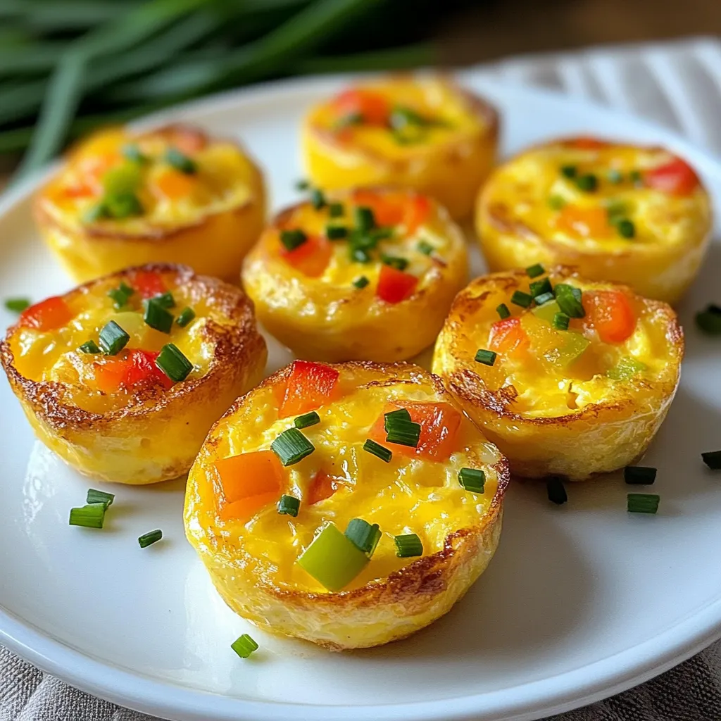 To make these tasty egg bites, you need: - 6 large eggs - 1/2 cup cottage cheese - 1 cup shredded cheddar cheese (or cheese of your choice) - 1/2 cup diced bell peppers (red, yellow, or a mix) - 1/4 cup finely chopped green onion - 1/4 teaspoon garlic powder - Salt and pepper to taste - Non-stick cooking spray or silicone molds These ingredients create a creamy and flavorful base. The eggs and cottage cheese provide protein while making them light. The cheddar cheese adds a rich taste that you will love. Bell peppers give a nice crunch and color. Green onions add a fresh kick. Garlic powder brings depth to the flavor. You can boost the flavor with: - Spinach or kale for added greens - Crumbled feta or goat cheese for a tangy twist - Cooked bacon or sausage for a heartier bite - Fresh herbs like basil or cilantro for a fresh touch These extras allow you to customize your egg bites. Feel free to mix and match to find your favorite combination. If you lack an ingredient, here are some swaps: - Use Greek yogurt instead of cottage cheese for creaminess. - Substitute mozzarella for cheddar if you prefer a milder taste. - Try different veggies like mushrooms or zucchini depending on what you have. - Egg whites can replace whole eggs for a lighter option. These swaps keep the recipe flexible. You can still achieve delicious egg bites with what you have on hand. {{ingredient_image_1}} Start by setting your oven to 325°F (163°C). This is the perfect temperature for baking egg bites. If you use silicone molds, place them in a muffin tin. This gives them support and helps them stay upright while baking. Next, grab your blender. Add the following ingredients: - 6 large eggs - 1/2 cup cottage cheese - 1 cup shredded cheddar cheese - 1/4 teaspoon garlic powder - Salt and pepper to taste Blend everything until smooth. This makes a creamy base for your egg bites. Now, take a mixing bowl. Add: - 1/2 cup diced bell peppers - 1/4 cup finely chopped green onion Stir the veggies well. This adds color and flavor to your egg bites. It's time to combine the two mixtures. Pour the egg blend into the bowl with the vegetables. Mix gently so the veggies spread evenly. Lightly spray your silicone molds or muffin tin with cooking spray. This helps the egg bites pop out easily later. Fill each mold about 3/4 full with the mixture. Carefully place the molds in the oven. Bake for 25-30 minutes. The egg bites should be set and golden at the edges when done. Once baked, take them out of the oven. Let the egg bites cool for a few minutes. Gently run a knife around the edges to loosen them. Pop them out of the molds. Serve warm on a colorful plate. You can add fresh herbs like chives or parsley for a fun touch. Enjoy them right away or let them cool completely for later! To make your egg bites creamy, use fresh eggs and cottage cheese. Blend them well. This helps to break down the cottage cheese. Aim for a smooth texture. If you like fluffier bites, add a splash of milk. Avoid overmixing to keep air in the batter. This keeps the bites light and airy. To keep your egg bites fresh, store them in an airtight container. You can keep them in the fridge for up to five days. If you want to save them longer, freeze the bites. Place them in a freezer-safe bag. They can last for up to three months. Label the bag with the date to track freshness. When you’re ready to eat, you can reheat your egg bites easily. Use the microwave for quick warming. Heat them for 30 seconds, then check if they are warm. If not, heat in 15-second bursts. You can also use the oven. Preheat it to 350°F (175°C) and warm for about 10-15 minutes. This way, they stay moist and tasty. Pro Tips Use Fresh Ingredients: For the best flavor, opt for fresh vegetables and high-quality cheese. Experiment with Cheese: Feel free to mix different types of cheese for a unique taste—try feta, mozzarella, or pepper jack! Storage Tips: Store leftovers in an airtight container in the fridge for up to 5 days, or freeze them for longer storage. Customize Your Fillings: Get creative by adding cooked meats like bacon or sausage, or other veggies like spinach or mushrooms. {{image_2}} You can add protein to your egg bites for more flavor. Chopped ham or crispy bacon works well. Just add about 1/2 cup of your chosen meat. This change makes the bites heartier and even more filling. Cheese adds creaminess and flavor. While I use cheddar in the base recipe, feel free to get creative. Try mozzarella for a stretchier texture or feta for a tangy kick. Use 1 cup of cheese in total, mixing and matching as you like. Vegetables add color and nutrition. Bell peppers are great, but you can try spinach, mushrooms, or zucchini. Diced tomatoes or roasted red peppers also work well. Aim for about 1/2 cup of mixed veggies. This way, your egg bites stay tasty and vibrant. To keep your egg bites fresh, store them in an airtight container. This helps prevent them from drying out or absorbing other odors in the fridge. Place a paper towel between the egg bites and the lid to absorb extra moisture. This keeps them fluffy and tasty. You can freeze your egg bites for up to three months. To do this, let them cool completely. Then, wrap each egg bite in plastic wrap. Place them in a freezer-safe bag or container. Label the bag with the date. When you're ready to eat, thaw them overnight in the fridge. In the fridge, these egg bites last for about four to five days. If you freeze them, they can last up to three months. Always check for any signs of spoilage before eating. If they smell off or look strange, it's best to toss them. Enjoy your egg bites fresh! Yes, you can make these egg bites ahead of time. They store well in the fridge. Just prepare them, bake, and let them cool. After cooling, place them in an airtight container. They stay fresh for about four days. For meal prep, this is a great option. To reheat, use the microwave for best results. Place one or two egg bites on a plate. Heat them on high for about 30 to 60 seconds. Check if they are warm enough. If not, heat in 15-second bursts. This way, they stay soft and tasty. Absolutely! You can swap cheddar for other cheeses. Try mozzarella, feta, or even pepper jack for a kick. Each cheese will bring its own flavor. This adds a fun twist to your egg bites. Feel free to experiment! Egg bites pair well with many sides. Serve them with sliced avocado for healthy fats. A side of fresh fruit adds color and sweetness. You could also enjoy them with a simple green salad. This creates a balanced meal that is satisfying and tasty. This blog post has shown you how to create Copycat Starbucks Egg Bites at home. We discussed the key ingredients, step-by-step instructions, and helpful tips to get the best flavor and texture. You also learned about ingredient substitutes, variations, and storage tips to keep your bites fresh. Making these egg bites is fun and easy. Enjoy them for breakfast or a quick snack. With this recipe, you can save money and make them just the way you like!