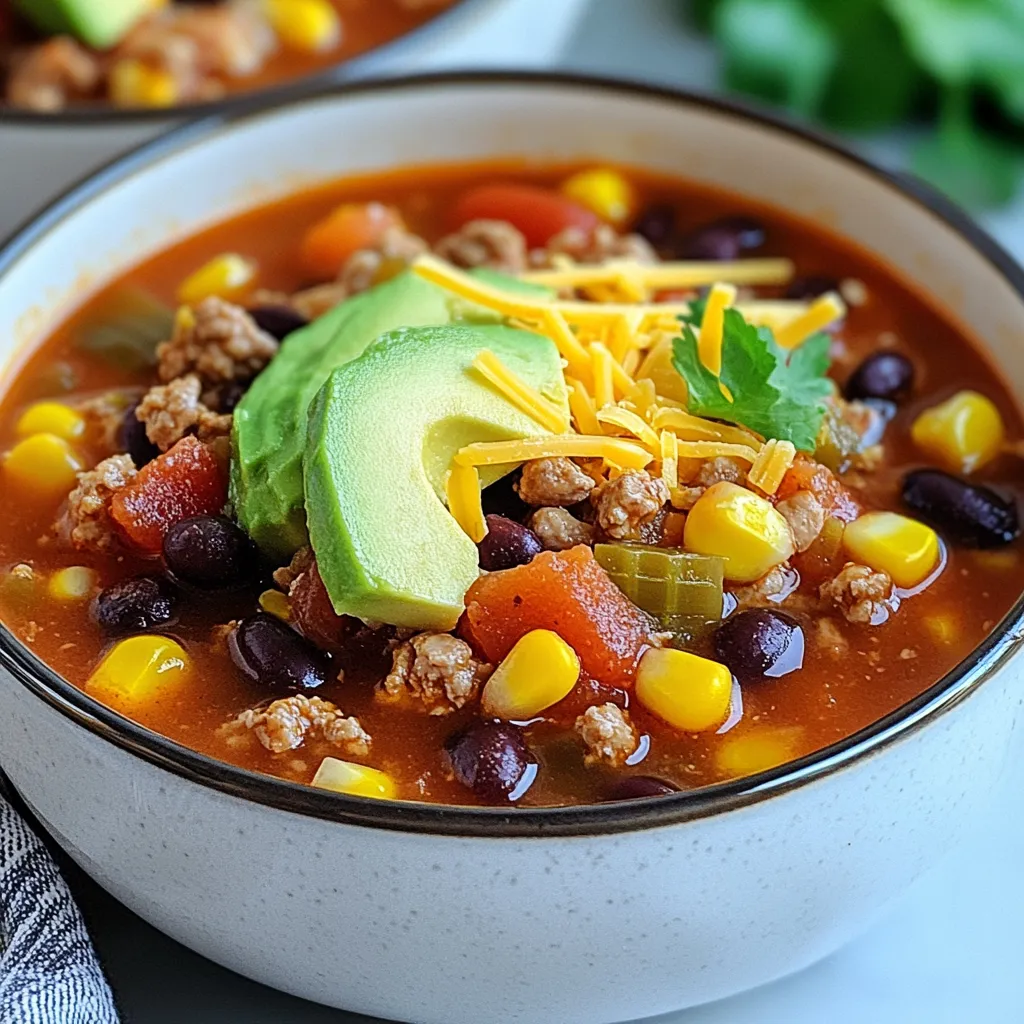 To make a hearty bowl of Ground Turkey Taco Soup, gather these fresh ingredients: - 1 pound ground turkey - 1 medium onion, diced - 2 cloves garlic, minced - 1 red bell pepper, diced - 1 can (15 oz) black beans, drained and rinsed - 1 can (15 oz) kidney beans, drained and rinsed - 1 can (14 oz) diced tomatoes with green chilies - 1 can (15 oz) corn, drained - 4 cups chicken or vegetable broth - 2 tablespoons taco seasoning (store-bought or homemade) - 1 tablespoon olive oil - Salt and pepper, to taste For those special touches, consider these optional toppings: - Shredded cheese - Avocado - Cilantro - Sour cream - Tortilla chips These ingredients create a warm, flavorful soup that comforts you on any day. Each item adds its own unique taste and texture, making every bite a delight. You can mix and match toppings to personalize your bowl. Enjoy the process of gathering these ingredients and let the fun of cooking begin! {{ingredient_image_1}} To start, I heat olive oil in a large pot over medium heat. I add one diced onion and sauté it for about 3-4 minutes. I wait until the onion turns translucent. Next, I stir in two cloves of minced garlic and one diced red bell pepper. I cook this mixture for an extra 2-3 minutes, letting the bell pepper soften. Then, I add one pound of ground turkey to the pot. I break it apart with a spoon. I cook the turkey until it is browned and cooked through, which takes about 5-7 minutes. Once the turkey is cooked, I sprinkle two tablespoons of taco seasoning over it. I stir well to coat all the ingredients. After this, I pour in four cups of chicken or vegetable broth. I also add one can of drained black beans, one can of drained kidney beans, one can of diced tomatoes (with their juice), and one can of drained corn. I give everything a good stir and bring it to a gentle boil. Now it’s time to let the soup simmer. I reduce the heat and let it cook for 15-20 minutes. I stir occasionally to mix the flavors. Before serving, I season the soup with salt and pepper to taste. This step is key to enhancing the soup's flavor. To adjust the spice levels in your soup, start with the taco seasoning. If you like it spicy, add more seasoning or include fresh jalapeños. You can also use hot sauce for an extra kick. For those who prefer less heat, use mild taco seasoning and limit fresh peppers. For texture and consistency, aim for a thick soup. If it's too thin, let it simmer longer. If it's too thick, add more broth or water. A balanced texture makes each bite enjoyable. You can cook this soup in several ways. A slow cooker works well for busy days. Simply brown the turkey and veggies, then transfer everything to the slow cooker. Cook on low for 6-8 hours or high for 3-4 hours. An Instant Pot is another great option. After browning the turkey and veggies, add all ingredients to the pot. Seal it and cook on high for 10 minutes. This method saves time and keeps flavors rich. Feel free to switch up the meats or beans. If you want a different flavor, try ground chicken or beef. For a vegetarian twist, use lentils or chickpeas. You can also mix black beans with pinto beans for variety. This soup is versatile, so have fun experimenting! Pro Tips Use Lean Turkey: Opt for 93% lean ground turkey to keep the soup healthier without sacrificing flavor. Customize the Spice: Adjust the amount of taco seasoning based on your family's spice tolerance for a personalized kick. Add Fresh Ingredients: For an extra burst of flavor, toss in some fresh lime juice or chopped jalapeños before serving. Make it Ahead: This soup tastes even better the next day! Make a big batch and store leftovers for an easy lunch or dinner. {{image_2}} You can easily make this soup meat-free. Just swap the ground turkey for a plant-based protein. Options like lentils or crumbled tofu work well. They add protein and texture to the dish. You can also use canned chickpeas for a hearty touch. This keeps the soup filling and delicious without meat. Want to change the taste? Try adding different spices or herbs. A teaspoon of cumin gives a warm flavor. Paprika adds a smoky touch. Fresh herbs like cilantro or parsley can brighten it up. If you enjoy heat, sprinkle in some cayenne pepper. Experimenting with spices adds fun to your cooking. Bring a fiesta to your bowl by adding Mexican-inspired items. Chopped jalapeños can add heat and crunch. Squeeze in fresh lime juice for a zesty kick. You can also toss in some fresh corn or diced avocado for a fresh touch. These additions make every bowl a tasty treat. To keep your ground turkey taco soup fresh, use good storage methods. First, let the soup cool to room temperature. Then, transfer it to airtight containers. This helps stop moisture loss and keeps the flavors intact. You can refrigerate the soup for up to five days. If you want to keep it longer, freeze the soup in freezer-safe containers. Make sure to leave some space at the top, as liquids expand when frozen. When you are ready to enjoy the soup again, reheating is easy. For the best taste and texture, use the stove. Pour the soup into a pot over medium heat. Stir it often to keep it from sticking. Heat until it bubbles and is hot throughout. If you prefer using a microwave, place the soup in a microwave-safe bowl. Heat it in short intervals, stirring in between. This helps heat it evenly. Your ground turkey taco soup can last in the fridge for about five days. In the freezer, it stays good for about three months. After that, the taste and quality may fade. Always check for signs of spoilage before eating, such as off smells or changes in texture. Enjoy it while it's fresh for the best flavors! To add heat to your soup, try these tips: - Add fresh jalapeños: Chop them up and stir them in. - Use spicy taco seasoning: Look for blends with extra heat. - Mix in cayenne pepper: Start with a pinch and add more if needed. - Top with hot salsa: A spoonful on each bowl brings a kick. These methods let you control the spice. Start small and adjust to your taste. Yes, you can. Canned beans save time and effort. Here’s why you might choose them: - Convenient: No soaking or long cooking times. Just open and rinse. - Consistent texture: Canned beans often have a softer bite. - Variety: You can mix different types like black and kidney beans. If you use canned beans, remember to drain and rinse them. This helps reduce sodium and improves flavor. Serving sides can enhance your meal. Here are some great options: - Cornbread: Sweet and fluffy, it complements the soup well. - Tortilla chips: Crunchy chips add a nice texture. - Rice: A side of rice can make the meal heartier. - Salad: A fresh green salad lightens the dish. These sides not only taste great but also make your meal feel complete. Enjoy mixing and matching! You now have all you need to make a delicious Ground Turkey Taco Soup. We covered the key ingredients, step-by-step instructions, and different tips to enhance your dish. Don't forget about fun variations, like vegetarian options and new spice ideas. Proper storage and reheating ensure your soup stays tasty. Enjoy experimenting with flavor and texture to make this meal your own. Try it out, and feel free to make it your signature dish. With these insights, you’ll impress anyone at the table!