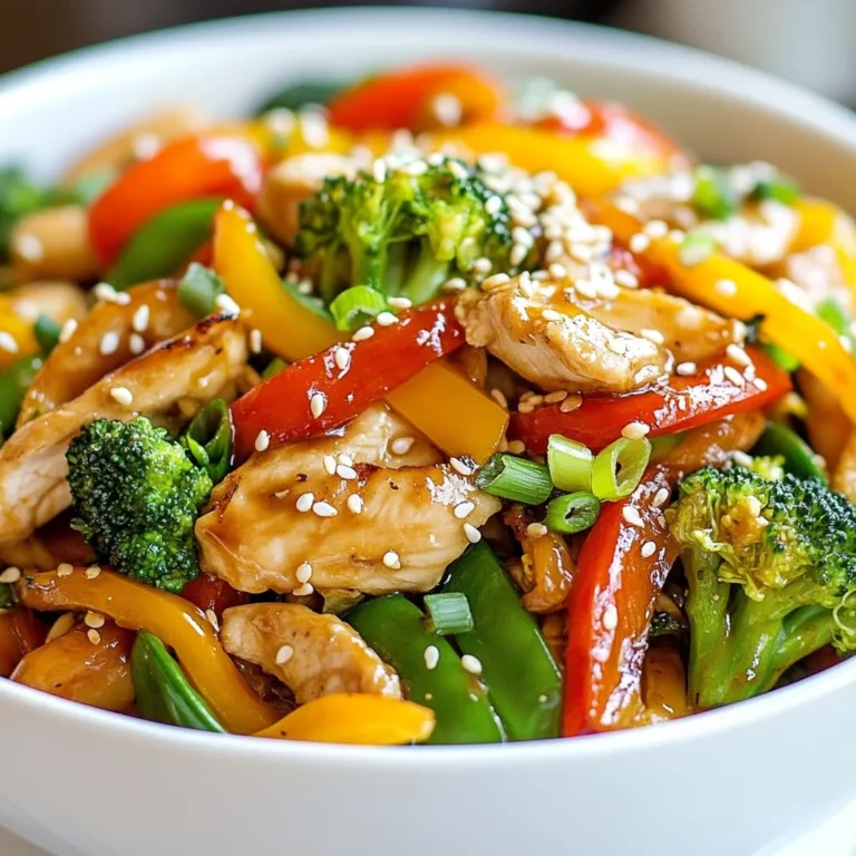 - 1 lb boneless, skinless chicken breast, thinly sliced - 1 red bell pepper, sliced - 1 yellow bell pepper, sliced - 1 cup broccoli florets - 1 cup snap peas, trimmed - 1 medium carrot, julienned The main ingredients in this stir fry create a colorful and healthy dish. The chicken breast gives you lean protein. The bell peppers add sweetness and crunch. Broccoli florets bring fiber and vitamins. Snap peas add a nice snap, while carrots add a hint of earthiness. - 3 tablespoons soy sauce - 1 tablespoon sesame oil - 3 garlic cloves, minced - 1 inch ginger, grated - Salt and pepper to taste The seasoning and oils give this dish its bold flavor. Soy sauce adds saltiness and umami. Sesame oil gives a nutty taste. Fresh garlic and ginger enhance the aroma. Salt and pepper help balance the dish. - 1 tablespoon sesame seeds - Chopped green onions Garnishing is key to a great presentation. Sesame seeds add a nice crunch. Chopped green onions add freshness. They also make your dish look inviting. You can serve this stir fry in a large bowl or on a vibrant plate to impress your guests. {{ingredient_image_1}} How to slice chicken and vegetables To start, take your chicken breast. Place it on a cutting board. Use a sharp knife to slice it thinly. Aim for strips about half an inch wide. This helps the chicken cook fast. Next, grab your veggies. Slice the red and yellow bell peppers into strips. Cut the carrot into thin sticks, called julienne. For the broccoli, break it into small florets. Trim the snap peas by removing the ends. Tips for measuring ingredients When measuring, use a standard measuring cup for liquids. For small amounts, like soy sauce, use a tablespoon. Keep your ingredients ready before cooking. This makes the process smooth and quick. Heating and seasoning the chicken Heat a large wok or frying pan over medium-high heat. Add olive oil and let it warm up. Next, add your sliced chicken to the pan. Season it lightly with salt and pepper. Stir-fry the chicken for 5 to 7 minutes. It should turn golden brown and be fully cooked. Once done, remove the chicken and set it aside. Stir-frying vegetables and incorporating flavors In the same pan, add minced garlic and grated ginger. Stir them for about 30 seconds until you smell their aroma. Add the sliced bell peppers, broccoli, snap peas, and carrots. Stir-fry for 4 to 5 minutes. Make sure the veggies stay crisp and colorful. After they soften a bit, return the chicken to the pan. Pour in the soy sauce and sesame oil. Stir well to mix all the flavors. Thicken sauce with cornstarch To thicken your sauce, take a small bowl. Mix cornstarch with water until smooth. Add this mixture to the pan. Stir continuously as it cooks. In just 1 to 2 minutes, the sauce will thicken. It should coat the chicken and vegetables nicely. Garnishing and serving suggestions Take your stir fry off the heat. Sprinkle sesame seeds and chopped green onions on top for garnish. Serve it in a large bowl or on a bright plate. For a full meal, pair it with steamed rice or noodles. Enjoy your colorful, tasty chicken vegetable stir fry! To make a great chicken stir fry, follow these tips: - Cut the chicken thin. Thin slices cook fast and stay juicy. - Heat the pan well. A hot pan helps to sear the chicken. - Don’t overcrowd the pan. Cook in batches if needed to avoid steaming. - Add veggies in stages. Softer veggies like bell peppers can cook with the chicken. - Keep veggies crisp. Stir-fry for just a few minutes until they are bright. Want to amp up the taste? Here are some ideas: - Add spices. Try chili flakes for heat or paprika for smokiness. - Incorporate herbs. Fresh basil or cilantro can add a fresh twist. - Experiment with sauces. Use teriyaki or hoisin sauce for a different flavor. Choosing the right tools makes stir-frying easier: - Use a wok or a large pan. A wok heats evenly and gives you space to stir. - Select thin spatulas. A flat spatula helps flip the chicken and veggies well. - Keep measuring spoons handy. Precise amounts of sauces make a big difference. Pro Tips Prep Your Ingredients: Before you start cooking, ensure all your ingredients are prepped and ready to go. This makes the stir-fry process much smoother and quicker. High Heat is Key: Stir-frying requires high heat to quickly cook the food while retaining its color and crunch. Make sure your wok or pan is hot before adding the ingredients. Don’t Overcrowd the Pan: Cooking in batches if necessary ensures that the chicken and vegetables fry evenly and don’t steam. This helps achieve a better texture. Experiment with Veggies: Feel free to swap in your favorite vegetables or those in season. This dish is versatile and can adapt to whatever you have on hand! {{image_2}} You can switch up the protein in this stir fry. Tofu or shrimp work great. Tofu gives it a nice texture and absorbs flavors well. You can use firm or extra-firm tofu for the best results. Just press it to remove excess moisture before cooking. Shrimp adds a sweet and delicate taste. Just be sure to cook them until they turn pink. If you prefer a meat-free dish, you can use a mix of mushrooms and nuts. They add a hearty feel and lots of flavor. Feel free to get creative with your veggies! Seasonal favorites like zucchini, asparagus, or bok choy can really enhance your dish. You can also add some colorful carrots, snap peas, or bean sprouts. Mixing different textures and colors makes your stir fry pop! Think about what you like. Broccoli, bell peppers, and carrots are always a hit. Try combinations like broccoli and carrots or bell peppers with snap peas for added crunch. You can make your sauce at home or use store-bought options. For a quick homemade sauce, mix soy sauce, garlic, and a splash of rice vinegar. If you want something spicy, add a bit of chili paste. Store-bought sauces can save time. Look for teriyaki or sweet and sour sauces for different flavors. Just remember to check the label for added sugars. Mixing sauces can also create a fun twist. Try blending hoisin with soy sauce for a unique taste. To store leftovers, let the stir fry cool first. Place it in an airtight container. This keeps it fresh for later. Chicken vegetable stir fry lasts about 3-4 days in the fridge. Always check for any strange smells or colors before eating. For freezing, make sure it cools down completely. Use freezer-safe containers or bags. Remove as much air as possible before sealing. Chicken vegetable stir fry can stay good for about 2-3 months in the freezer. When you’re ready to eat, thaw it in the fridge overnight. To reheat, I recommend using the stovetop. It helps keep the texture nice. Just add a splash of water or oil and stir until hot. The microwave works too, but it may make the veggies softer. Heat on medium for 2-3 minutes, stirring halfway through. Enjoy your meal just like when it was fresh! Can I use frozen vegetables? Yes, you can use frozen vegetables for this stir fry. They are quick and easy. Just remember to thaw them first. This helps them cook evenly. Frozen veggies may take a minute longer to cook. What can I serve with chicken vegetable stir fry? You can serve this stir fry with steamed rice or noodles. Both options soak up the sauce well. Try adding a side of spring rolls for extra crunch. Is chicken vegetable stir fry healthy? Yes, chicken vegetable stir fry is a healthy dish. It has lean protein from chicken and many veggies. This mix gives you vitamins and fiber. It can fit well in a balanced diet. Caloric content per serving Each serving has about 300 calories. This number may change based on the oil used or added sides. You can lower the calories by using less oil. What to do if the chicken is undercooked? If the chicken is undercooked, return it to the pan. Cook it for a few more minutes. Make sure it reaches 165°F (75°C) for safety. Cut it into smaller pieces to help it cook faster. How to fix an overly salty dish? If your dish is too salty, add more veggies or cooked rice. These will balance the flavor. You can also add a little water to dilute the saltiness. Just remember to stir well. This blog post covered all you need for a great chicken vegetable stir fry. We discussed key ingredients like chicken, veggies, and seasonings. You learned step-by-step instructions for preparation and cooking. I shared helpful tips for perfect results and variations to try. In closing, stir fry is simple and fun. Explore different flavors and make it your own. Enjoy your cooking adventure!