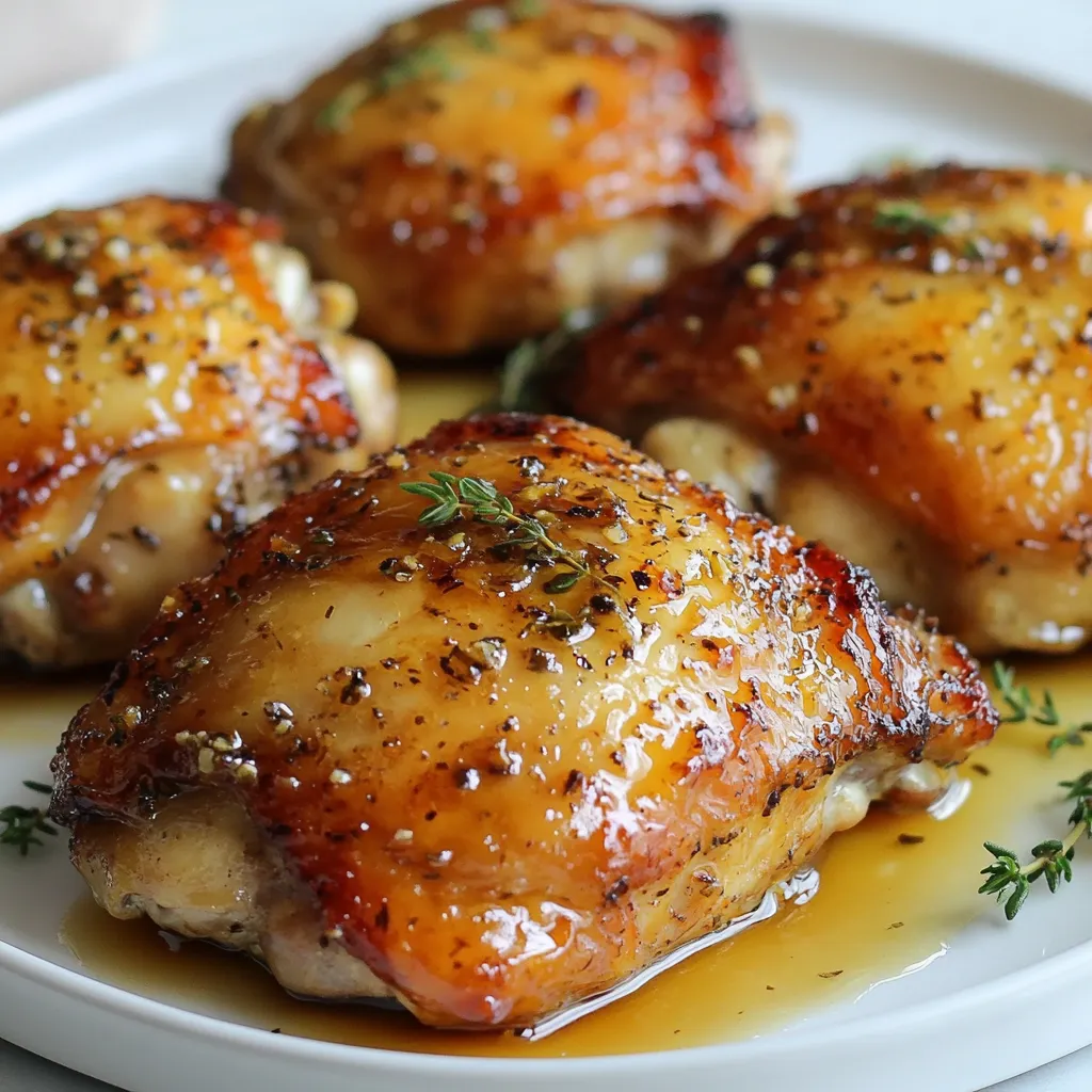 To make Maple Dijon Chicken Thighs, you need a few simple ingredients. Each one adds a special touch to the dish. Here’s what you will need: - 4 bone-in chicken thighs, skin-on - 1/4 cup pure maple syrup - 3 tablespoons Dijon mustard - 2 tablespoons apple cider vinegar - 2 cloves garlic, minced - 1 teaspoon fresh thyme leaves - Salt and pepper to taste - Olive oil for searing These ingredients work together to create a sweet and tangy flavor. The chicken thighs stay juicy and full of taste. You will enjoy the blend of maple syrup and mustard, which makes the dish unique. Using fresh thyme adds a nice herbal note, making each bite delicious. Don't skip the garlic, as it brings depth to the taste. Each ingredient plays a role in making this meal truly special. {{ingredient_image_1}} To start, grab a medium bowl. In this bowl, whisk together the following: - 1/4 cup pure maple syrup - 3 tablespoons Dijon mustard - 2 tablespoons apple cider vinegar - 2 cloves garlic, minced - 1 teaspoon fresh thyme leaves - Salt and pepper to taste Make sure all the ingredients mix well. This creates a delicious marinade that adds flavor to your chicken. Once mixed, you can ensure even coating of the chicken by pouring the marinade over the meat later. For the best flavor, marinate the chicken thighs. Place the chicken in a large resealable bag or a shallow dish. Pour the marinade over the chicken. Seal the bag or cover the dish tightly. I recommend marinating for at least 30 minutes. If you have more time, marinate for up to 2 hours. This longer time helps the flavors soak in better. Now it’s time to cook. First, heat a tablespoon of olive oil in an oven-safe skillet over medium-high heat. This skillet is key because you will transfer it to the oven later. Remove the chicken from the marinade. Let any extra marinade drip off. Place the chicken skin-side down in the hot skillet. Sear for about 5-7 minutes. You want the skin to turn golden brown and crispy. Preheat your oven to 400°F (200°C). After searing, flip the chicken thighs. Pour the remaining marinade over the top. This step adds more flavor while baking. Transfer the skillet to the preheated oven. Bake the chicken for 25-30 minutes. To check for doneness, the internal temperature should reach 165°F (75°C). This ensures your chicken is safe to eat and perfectly cooked. To get that golden, crispy skin, start by searing your chicken thighs. Heat a tablespoon of olive oil in your oven-safe skillet over medium-high heat. Once hot, add the chicken, skin-side down. Sear for about 5-7 minutes until the skin is crispy. This step locks in flavor and moisture. For oven settings, preheat your oven to 400°F (200°C). This temperature crisps the skin while cooking the chicken through. The high heat helps create a nice crust, making your dish look and taste amazing. Marinating is key for great flavor. I recommend marinating the chicken for at least 30 minutes. For deeper flavor, let it sit for up to 2 hours. This time allows the chicken to absorb all the tasty marinade ingredients. If you want to mix things up, try different marinades. Use honey instead of maple syrup for a sweeter taste. Or switch Dijon mustard for whole grain mustard. Both options add a unique twist. Presentation can elevate your meal. Serve the chicken thighs on a large platter. Drizzle the delicious sauce from the skillet over the top. Garnish with fresh thyme sprigs for a pop of color. This simple touch makes the dish look fancy. For side dishes, roasted potatoes or green beans pair well. A light salad with mixed greens adds freshness. These sides balance the rich flavors of the chicken and make for a complete meal. Pro Tips Use High-Quality Maple Syrup: Opt for pure maple syrup rather than imitation syrup for a richer flavor. Marinate Longer for Deeper Flavor: If time permits, marinate the chicken for up to 2 hours to enhance the taste. Check for Doneness: Always use a meat thermometer to ensure the chicken reaches an internal temperature of 165°F (75°C) for safety. Let it Rest: Allow the chicken to rest for 5 minutes after baking to keep it juicy and tender. {{image_2}} You can use various chicken cuts for this recipe. Bone-in chicken thighs bring rich flavor and juicy texture. You can also try boneless chicken thighs. They cook faster and still soak up the marinade well. If you prefer chicken breasts, keep in mind they are leaner. They may need a shorter cooking time. This way, they don’t dry out. Always check the internal temperature, which should reach 165°F (75°C). If you want to switch things up, consider substituting the maple syrup. Honey or agave syrup can add sweetness too. Each will change the taste slightly but still keep it delicious. You can also explore different mustards. Spicy brown mustard adds a kick. Honey mustard creates a sweeter flavor. Feel free to mix and match these options to find your favorite twist. Pairing vegetables with your chicken enhances the meal. Try asparagus, green beans, or carrots. These veggies roast well and add great color to your plate. Roasting vegetables in the skillet is simple. After searing the chicken, add your veggies to the same skillet. They will soak up the tasty juices. Cook them until tender and slightly caramelized for a perfect side. To keep your Maple Dijon Chicken Thighs fresh, store them in a proper container. Use an airtight container or a resealable bag. This helps lock in moisture and flavor. Refrigerate the leftovers for up to 3 days. If you have extra sauce, store it separately for the best taste. You can freeze any leftover chicken thighs. Wrap them tightly in plastic wrap, then place them in a freezer bag. This prevents freezer burn. They will last for about 3 months in the freezer. To thaw, place the chicken in the fridge overnight. If you're in a hurry, you can also use the microwave on the defrost setting. When reheating, do it gently to keep the chicken juicy. The best way is to use an oven. Preheat to 350°F (175°C). Place the chicken in a baking dish, cover it with foil, and heat for about 15-20 minutes. If you want a crispy skin again, remove the foil for the last few minutes. Enjoy your flavorful meal! You can pair Maple Dijon Chicken Thighs with many sides. Here are some tasty options: - Roasted vegetables: Carrots, broccoli, or Brussels sprouts work well. - Rice or quinoa: Both are easy to prepare and soak up the sauce. - Mashed potatoes: Creamy and comforting, they balance the dish’s flavors. - Side salads: A fresh green salad with a light vinaigrette adds a nice crunch. When choosing sides, think about colors and textures. A mix of warm and cold sides makes your meal more exciting. Yes, you can grill the chicken thighs! Here’s how to do it: 1. Preheat your grill: Get it hot, around 400°F (200°C). 2. Sear the chicken: Start skin-side down on direct heat for 5-7 minutes. This creates a nice crust. 3. Move to indirect heat: Flip the chicken and cook until the internal temperature reaches 165°F (75°C). Make sure to baste with the marinade while grilling. This keeps the chicken juicy and adds flavor. To check if your chicken is done, look for these signs: - Internal temperature: Use a meat thermometer. It should read 165°F (75°C). - Juices run clear: When you cut into the chicken, the juices should be clear, not pink. - Skin color: The skin should be golden brown and crispy. These checks will ensure your chicken is safe and tasty! This recipe for Maple Dijon Chicken Thighs covers all the bases. You learned about the key ingredients, how to prepare and marinate the chicken, and effective cooking methods. I shared tips for crispy skin and delicious serving ideas. You also discovered variations and storage tips for quick meals later. With these steps, you can enjoy a juicy and flavorful dish that impresses. Dive in and savor the blend of maple and mustard! Happy cooking!