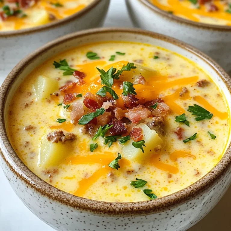 To make a delicious cheeseburger soup, you need the right ingredients. Here’s what you will need: - 1 lb ground beef - 1 medium onion, diced - 2 cloves garlic, minced - 2 medium potatoes, diced - 3 cups beef broth - 1 cup shredded carrots - 1 cup frozen peas - 1 teaspoon Worcestershire sauce - 2 tablespoons tomato paste - 1 teaspoon paprika - Salt and pepper to taste - 1 cup heavy cream - 2 cups shredded cheddar cheese - 6 slices of crispy cooked bacon, crumbled (optional) - Fresh parsley, chopped (for garnish) Using fresh ingredients really makes a difference in flavor. The ground beef provides a rich base. Onions and garlic add depth. Potatoes make the soup hearty, while beef broth brings everything together. Worcestershire sauce and tomato paste add a savory kick. Paprika gives a warm, smoky flavor. Heavy cream makes it rich and creamy, while cheddar cheese melts into gooey goodness. If you love bacon, crumbled pieces add a tasty crunch. Finally, fresh parsley brightens the dish and adds color. Grab these ingredients, and you’re ready to cook a comforting bowl of cheeseburger soup! {{ingredient_image_1}} First, take your large pot and place it on medium heat. Add 1 pound of ground beef. Cook it until it is brown and fully cooked. Make sure to stir it often to break it apart. Once the meat is done, drain any extra fat. This keeps your soup from being too greasy. Next, add 1 diced medium onion and 2 minced garlic cloves to the pot. Stir this mix for about 2 to 3 minutes. You want the onions to turn soft and clear. After that, add 2 diced medium potatoes and 1 cup of shredded carrots. These veggies will make your soup hearty. Now, pour in 3 cups of beef broth. Add 1 teaspoon of Worcestershire sauce, 2 tablespoons of tomato paste, and 1 teaspoon of paprika. Season with salt and pepper to your taste. Mix everything well. Bring this to a boil. Once it boils, lower the heat. Let it simmer for 15 to 20 minutes. This cooks the potatoes until they are tender. After the potatoes are soft, it’s time to add richness. Stir in 1 cup of heavy cream and 2 cups of shredded cheddar cheese. Keep stirring until the cheese melts. This makes your soup creamy and delicious. If you want, add crumbled bacon and 1 cup of frozen peas. Stir them in and let the soup heat up for about 5 more minutes. Finally, taste your soup and adjust the seasoning if needed. Serve it hot and enjoy! To make your cheeseburger soup really shine, start with good beef. Use fresh ground beef for the best taste. Brown it well to add depth to your soup. Next, add fresh onions and garlic. They build a strong flavor base. Cook them until soft and fragrant. Don't rush this step; it’s key for flavor. A creamy texture is what makes this soup special. Use heavy cream to achieve that rich, smooth feel. Add it slowly after simmering the other ingredients. This way, it blends in perfectly. Make sure to stir well as you mix in the cheese. It melts quickly and adds to the creaminess. Want to kick your soup up a notch? Add crumbled bacon for a smoky touch. It brings a nice crunch, too! You can also mix in some diced jalapeños for heat. Another option is to toss in a splash of your favorite hot sauce. These extras offer different layers of flavor, making every bowl exciting. Pro Tips Use Lean Ground Beef: Opt for lean ground beef to reduce excess fat and make the soup lighter while still retaining its rich flavor. Customize the Veggies: Feel free to add or substitute your favorite vegetables like bell peppers or corn for a personal touch and extra nutrition. Cheese Melting Tips: For a smoother cheese texture, add the cheese in batches and stir continuously to avoid clumping. Make Ahead: This soup can be made ahead of time and reheated. Just be aware that the potatoes may absorb some liquid, so you might need to add a bit more broth when reheating. {{image_2}} You can make a veggie version of cheeseburger soup. Start by swapping the ground beef for lentils or mushrooms. Both options add great texture. Use vegetable broth instead of beef broth for a rich taste. Add more vegetables, like bell peppers and zucchini. This soup stays creamy with heavy cream or coconut milk. It’s a delightful twist that everyone can enjoy. If you like heat, spicy cheeseburger soup is for you. Add diced jalapeños or a teaspoon of cayenne pepper. This brings a nice kick. You can also use pepper jack cheese instead of cheddar. For extra flavor, mix in some hot sauce. This version warms you up and excites your taste buds. For a low-carb version, skip the potatoes. Instead, use cauliflower. Cauliflower adds creaminess without the carbs. You can also use ground turkey instead of beef for a leaner option. Stick with heavy cream and cheese to keep it rich. This version is perfect for those watching their carbs but still craving comfort food. You can store leftover cheeseburger soup in an airtight container. Let the soup cool first. Once cool, place it in the fridge. It will stay fresh for about 3 to 4 days. For best taste, eat it within this time. To freeze the soup, use freezer-safe containers. Leave some space at the top for expansion. The soup can last in the freezer for up to 3 months. When ready to eat, thaw it in the fridge overnight before reheating. Reheat the soup on the stove over low heat. Stir often to prevent sticking. You can also use the microwave. Heat in short bursts, stirring in between. Make sure it is hot all the way through before serving. If it seems too thick, add a splash of broth or cream. You can use half-and-half or whole milk. For a thicker soup, mix in flour. Coconut cream also works if you want a dairy-free option. These substitutes will change the flavor slightly but will still taste great. Yes! Ground turkey or chicken can replace beef. You can even use sausage for a spicy twist. Each meat adds a unique flavor to the soup. To make it dairy-free, use coconut milk or almond milk. Also, skip the cheese or use a dairy-free cheese. Adjust the seasonings to keep it tasty. Crusty bread or garlic toast goes well with this soup. A simple side salad adds freshness. You can also serve it with a side of pickles or chips for crunch. The soup lasts about three to four days in the fridge. Make sure to store it in an airtight container. You can freeze it for up to three months, but the texture might change. This blog post shared how to make a tasty cheeseburger soup. We covered ingredients, steps, tips, and variations. You learned how to brown meat and cook veggies for rich flavor. We discussed options like vegetarian or spicy soup, too. Proper storage keeps leftovers fresh and tasty. Enjoy trying new flavors and techniques with this recipe. Cheeseburger soup is fun and easy to make, perfect for any meal. Now, get cooking and enjoy your delicious creation!