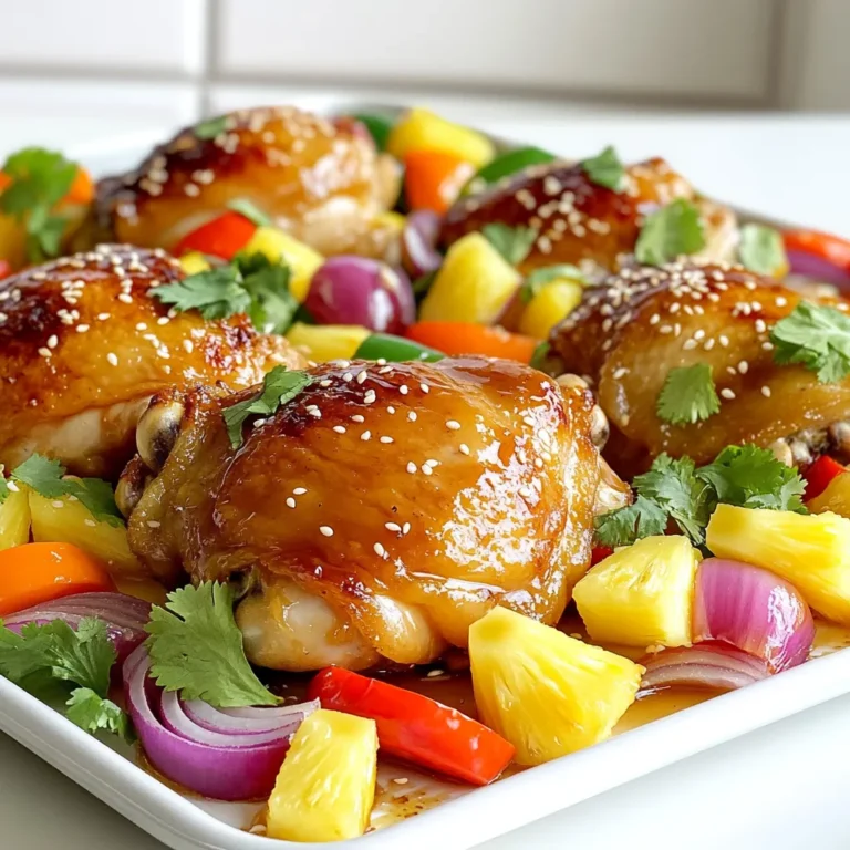 - 4 boneless, skinless chicken thighs - 2 cups sweet baby peppers, halved - 1 red onion, cut into wedges - 1 cup pineapple chunks (fresh or canned) - 4 tablespoons low-sodium soy sauce - 2 tablespoons honey - 1 tablespoon sesame oil - 3 cloves garlic, minced - 1 teaspoon fresh ginger, grated - Salt and pepper to taste - 1 tablespoon sesame seeds (for garnish) - Fresh cilantro (for garnish) The key to this dish is the balance of flavors. The chicken brings a rich, savory taste. The sweet peppers add crunch and color. Pineapple gives a sweet twist. The red onion adds a slight bite. The marinade is where the magic happens. The soy sauce adds salt and umami. Honey brings sweetness that caramelizes during cooking. Sesame oil gives a nutty flavor. Garlic and ginger add warmth and depth. Don't skip the garnishes! Fresh cilantro adds brightness. Sesame seeds give a nice crunch. Together, these ingredients create a colorful and tasty meal. You will love how easy and fun this dish is to make! First, you need to preheat the oven to 400°F (200°C). This makes sure your food cooks evenly. Next, grab a bowl and whisk together the marinade. Mix the soy sauce, honey, sesame oil, minced garlic, and grated ginger until it blends well. Then, take your chicken thighs and place them in a resealable bag or bowl. Pour the marinade over the chicken. Seal the bag or cover the bowl. Let the chicken marinate for at least 20 minutes. If you have more time, let it sit for up to 2 hours in the fridge. This adds a lot of flavor! Now, it’s time to prepare your baking sheet. Line it with parchment paper or aluminum foil. This makes clean-up a breeze. Spread the marinated chicken thighs on the sheet pan. Surround them with the sweet baby peppers, pineapple chunks, and red onion wedges. Make sure everything is spread out. This helps everything cook evenly. Next, sprinkle some salt and pepper over the chicken and vegetables. Adjust it to your taste. Now, place the sheet pan in the preheated oven. Bake for about 25-30 minutes. You want the chicken to reach an internal temperature of 165°F (74°C). To finish, turn on the broiler for 3-5 minutes. This gives everything a nice caramelized look. Once done, remove the pan from the oven. Enjoy your delicious Hawaiian Chicken Sheet Pan! Longer marination helps the chicken soak up flavor. It breaks down the meat, making it tender. I suggest marinating for at least 2 hours if you can. This gives the soy sauce, honey, and ginger time to work their magic. If you are short on time, 20 minutes works too. Just make sure to mix the marinade well and coat the chicken evenly. To check if the chicken is done, use a meat thermometer. The internal temperature should reach 165°F (74°C). Ovens can vary, so keep an eye on your dish. If your chicken seems to be browning too fast, cover it loosely with foil. This way, you can avoid burning while ensuring it cooks through. Finish your dish with sesame seeds and fresh cilantro. This adds color and flavor. You can also try sliced green onions or crushed nuts for extra crunch. When serving, arrange the chicken and veggies nicely on the plate. A clean edge with a sprinkle of seeds makes it look professional and inviting. {{image_2}} You can easily swap the chicken for other proteins. Tofu works well for a plant-based meal. Shrimp also adds a nice twist. If you choose shrimp, cook them for about 10-15 minutes. Tofu may take a bit longer, around 30-35 minutes, depending on its size. Adjust your cooking time to ensure everything cooks evenly. Feel free to mix in other veggies. Broccoli, zucchini, and carrots can add color and taste. You can also use seasonal veggies. In spring, try asparagus. In summer, cherry tomatoes are sweet and juicy. These swaps keep your meal fresh and exciting. Want some heat? Add sliced chili peppers to the mix. This gives your dish a spicy kick. For a sweeter touch, toss in more pineapple or add mango chunks. Both options boost the sweetness of your meal. These flavor changes make your Hawaiian chicken unique and fun! After cooking, you can store leftovers in the fridge. They stay good for about 3 to 4 days. Use airtight containers to keep them fresh. Make sure to cool the chicken and veggies before sealing. This helps avoid moisture buildup, which can make them soggy. You can freeze the cooked Hawaiian chicken sheet pan meal, too. Just let it cool completely first. Then, place it in freezer-safe bags or containers. It will last for up to 3 months in the freezer. When you're ready to eat, thaw it overnight in the fridge. This keeps the texture nice. When reheating, the oven is the best choice. It helps maintain the dish's texture. Preheat your oven to 350°F (175°C) and place the chicken and veggies in a baking dish. Cover it with foil to keep moisture in. Heat for about 15-20 minutes or until warm. You can also use the microwave if you're in a hurry. But be careful! It can make the chicken rubbery. Heat it in short bursts, stirring in between. This way, you get a more even heat. Enjoy your Hawaiian chicken sheet pan meal! To marinate chicken, mix soy sauce, honey, sesame oil, garlic, and ginger. Place chicken thighs in a bag and pour the marinade over them. Seal the bag and let it sit for at least 20 minutes. For more flavor, you can marinate for up to 2 hours in the fridge. This helps the chicken soak up all the tasty flavors. Yes, you can use frozen chicken thighs. Just be sure to thaw them completely before marinating. You can do this in the fridge overnight or in cold water for a quicker option. Once thawed, follow the marination steps as usual. This keeps your meal easy and stress-free. To check if the chicken is done, use a meat thermometer. Insert it into the thickest part of the thigh. The internal temperature should reach 165°F (74°C). If you don’t have a thermometer, cut into the chicken. The meat should be white and juices should run clear. This dish goes well with rice or quinoa. You can also serve it with a simple green salad or steamed broccoli. Grilled corn on the cob adds a nice touch, too. These sides balance the sweet and savory flavors of the chicken. Yes, you can prepare this dish ahead of time. Marinate the chicken and veggies and store them in the fridge for up to 2 hours. You can also cook it and store leftovers in the fridge for 3-4 days. Just reheat before serving. This makes meal prep easy and quick for busy days! This blog shared a tasty recipe for Hawaiian chicken on a sheet pan. We covered ingredients like chicken, sweet peppers, and pineapple. I detailed step-by-step instructions to make it easy for you. Don't forget the tips for marinating and baking to get the best flavor. Try different veggies or proteins to suit your taste. Store your leftovers properly for later. Enjoy cooking this meal and share it with loved ones! Your kitchen will smell great and it will taste even better.