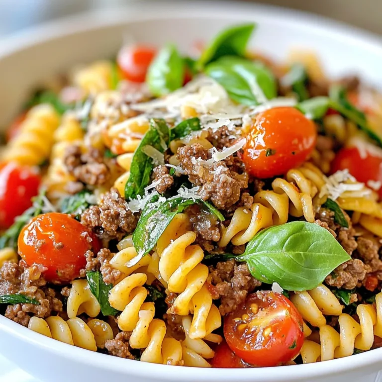 - 8 oz (227 g) pasta (penne or fusilli) - 1 lb (450 g) ground beef - 4 cloves garlic, minced - 1 medium onion, finely chopped - 1 red bell pepper, diced - 1 cup cherry tomatoes, halved - 2 cups baby spinach - 1 teaspoon dried oregano - 1 teaspoon smoked paprika - 2 tablespoons olive oil - Salt and pepper to taste - Grated Parmesan cheese for serving - Fresh basil leaves for garnish (optional) When I prepare garlic beef pasta skillet, I gather all my ingredients first. This makes cooking smooth and fun. I love using penne or fusilli pasta because they hold the sauce well. You need one pound of ground beef for a hearty meal. Fresh garlic gives a nice kick, and four cloves work perfectly. Next, I chop one medium onion and dice one red bell pepper. These add great flavor and color. I also use one cup of cherry tomatoes, halved, for sweetness. Two cups of baby spinach add freshness and nutrients. For seasoning, I reach for dried oregano and smoked paprika. These spices enhance the dish's flavor. Olive oil helps cook everything together and adds richness. Don’t forget salt and pepper to taste. Lastly, I love to serve this dish with grated Parmesan cheese and fresh basil for a touch of elegance. Gathering these ingredients makes the cooking process easy and enjoyable. It sets you up for a delicious meal that you and your family will love! {{ingredient_image_1}} To cook pasta for a perfect al dente texture, start by bringing a large pot of salted water to a boil. The salt adds flavor to the pasta. Once boiling, add the pasta. Cook it according to the package instructions, usually around 8 to 10 minutes. Check it a minute or two early to avoid overcooking. When done, drain the pasta but save about a cup of the pasta water. This water is starchy and helps later. For browning ground beef, heat olive oil in a large skillet over medium heat. Add the beef and break it apart with a spatula. Cook it for 5 to 7 minutes until it turns brown. Use lean beef for less fat or fattier beef for more flavor. If you use fatty beef, drain the excess fat from the skillet. This keeps the dish from becoming greasy. Sautéing garlic and onions adds depth to your dish. After browning the beef, add chopped onion, minced garlic, and diced red bell pepper to the skillet. Cook these for 3 to 4 minutes. This softens the veggies and releases their flavors. Be careful not to burn the garlic; it can turn bitter. Stir often to keep it from sticking. To combine tomatoes and spinach with beef, add halved cherry tomatoes, baby spinach, dried oregano, and smoked paprika. Stir everything together in the skillet. Cook for another 3 to 4 minutes until the spinach wilts and tomatoes soften. This step brings color and nutrition to the dish. To mix the pasta and beef mixture effectively, add the cooked pasta to the skillet. Toss everything together gently until well combined. If it seems dry, splash in some of the reserved pasta water. This helps to create a creamy sauce and gives it a nice consistency. Adjust the seasoning with salt and pepper to taste before serving. To make your garlic beef pasta even better, try adding more spices. Red pepper flakes give a nice heat. Fresh herbs like parsley can brighten the dish. You can also use Italian seasoning for a deeper flavor. To enhance your dish, always taste as you go. This way, you can adjust the salt and spices. A splash of lemon juice at the end can add freshness. This dish cooks fast, so multitasking is key. Start boiling the pasta while you brown the beef. This makes the most of your time. Keep your tools close to save steps. Have a clean workspace to avoid chaos. When you chop, do it all at once. Store veggies in bowls to grab when you need them. This helps keep the flow smooth. Garlic beef pasta goes great with a simple salad. A green salad with vinaigrette adds crunch. You can also serve garlic bread on the side for extra flavor. For wine, a light red like Pinot Noir pairs well. It complements the beef without overpowering it. If you prefer white, try a dry Sauvignon Blanc for a crisp taste. Pro Tips Perfect Pasta: Always cook the pasta al dente. It will continue to cook slightly when mixed with the hot beef and vegetable mixture. Garlic Care: Add the minced garlic towards the end of sautéing the vegetables to prevent it from burning and becoming bitter. Flavor Boost: For an extra flavor boost, try adding a splash of balsamic vinegar or a squeeze of lemon juice just before serving. Vegetable Variations: Feel free to add other vegetables like zucchini or mushrooms to enhance the nutritional value and flavor of the dish. {{image_2}} For a gluten-free option, you can use gluten-free pasta. Many brands make great choices that taste just as good. You can find pasta made from rice, corn, or lentils. These alternatives work well in the garlic beef pasta skillet. If you want to switch up the meat, try using ground turkey or plant-based ground beef. Both options add unique flavors. Ground turkey is leaner, while plant-based meat gives a similar taste to beef. To spice things up, add chili flakes or cayenne pepper. This will give your dish a nice kick. You can also use taco seasoning for a fun twist. Mixing in some cumin or coriander can add depth. For extra veggies, think about adding zucchini or mushrooms. These add more texture and nutrition. You can also toss in some frozen peas or carrots. They cook quickly and brighten up the dish. You can turn this dish into a baked option. Just transfer the mixture to a baking dish, top with cheese, and bake until bubbly. This adds a crispy layer that's hard to resist. Another fun idea is to serve it in lettuce wraps. This makes a great low-carb meal. Just spoon the beef and pasta mix into romaine or butter lettuce leaves. It's fresh, fun, and easy to eat! To keep your garlic beef pasta fresh, store it in an airtight container. This helps prevent the pasta from drying out. Make sure to let it cool down first. You can keep it in the fridge for about 3 to 4 days. If you want to enjoy it later, plan to consume it within that time frame. Freezing garlic beef pasta is simple. First, let it cool completely. Then, divide it into servings. Use freezer-safe containers or bags. Make sure to remove as much air as possible to avoid freezer burn. You can freeze it for up to 3 months. When ready to eat, thaw it in the fridge overnight. Reheat it on the stove or in the microwave. Add a splash of water if it seems dry. Enjoy your meal just like fresh! You can prep this meal in advance with some easy steps. First, cook the pasta as directed. Drain it and toss it with a little olive oil to keep it from sticking. Cook the beef, garlic, onion, and bell pepper, then cool them. Store the pasta and the beef mixture in separate containers in your fridge. When you're ready to eat, just heat everything together in a skillet. This method helps keep the flavors fresh. You can also freeze the cooked beef mixture for later use. Yes, you can switch up the meat in this recipe. Ground turkey or chicken works well if you want a lighter option. If you prefer pork, ground pork is also a tasty choice. You can even try using sausage for added flavor. Just make sure to cook it well and drain any extra fat. Each type of meat will bring its unique taste to the dish. If you don’t have fresh basil, don’t worry! You can use dried basil instead. A teaspoon of dried basil can add great flavor. Other herbs like parsley or cilantro can also work. You might even like thyme or oregano for a different taste. Sometimes, a sprinkle of arugula can add a nice peppery kick as a garnish. To make this dish vegetarian, swap out the ground beef for plant-based protein. Options include lentils, chickpeas, or a meat substitute like tempeh or tofu. Make sure to season them well to add flavor. You can keep all the veggies in the recipe, as they add taste and nutrition. This way, you still have a hearty and satisfying meal without meat. In this blog post, I outlined a tasty garlic beef pasta skillet recipe, complete with ingredients, step-by-step instructions, and helpful tips. You learned how to cook the perfect pasta and brown beef. I shared ways to enhance flavor and create variations for different diets. Remember, this dish is easy to customize and store for later. Try it your way and enjoy a delicious meal that fits your taste. Happy cooking!