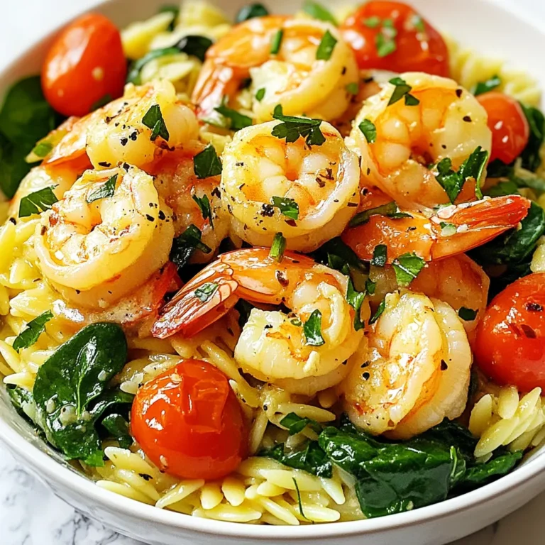 - 1 lb large shrimp, peeled and deveined - 1 cup orzo pasta - 4 tablespoons unsalted butter - 4 cloves garlic, minced - 1 cup cherry tomatoes, halved - 1 cup baby spinach, roughly chopped - 1 lemon, zested and juiced - 1 teaspoon red pepper flakes (optional) - Salt and black pepper to taste - Fresh parsley, chopped, for garnish The star of this dish is the shrimp. When you choose shrimp, look for large, fresh ones. They add a sweet, briny flavor. The orzo pasta acts like tiny rice, soaking up all the tasty garlic butter. Garlic brings a strong aroma and deep flavor. Use fresh cloves for the best taste. Cherry tomatoes add a burst of sweetness, while baby spinach gives a nice green touch. Lemon zest and juice brighten the dish. They balance the richness of the butter. Red pepper flakes add a hint of heat, but you can leave them out if you prefer. Lastly, fresh parsley makes your dish look pretty and adds fresh flavor. If you can't find large shrimp, medium shrimp work too. For a gluten-free option, try quinoa instead of orzo. You can swap unsalted butter with olive oil for a lighter version. If you don't have cherry tomatoes, use diced regular tomatoes. Any leafy green can replace spinach, like kale or arugula. Lastly, if you want less heat, skip the red pepper flakes or use a pinch of black pepper instead. {{ingredient_image_1}} First, bring a large pot of salted water to a boil. Add 1 cup of orzo pasta. Cook it according to the package instructions. This usually takes about 8-10 minutes. We want it to be al dente, which means it should be firm to the bite. Once done, drain the orzo and set it aside. Next, grab a large skillet. Melt 2 tablespoons of unsalted butter over medium heat. Add 4 cloves of minced garlic. Sauté for about 1-2 minutes until it smells amazing. Be careful not to burn the garlic; it can turn bitter. Now, add 1 pound of peeled and deveined shrimp. Season it with salt, black pepper, and red pepper flakes if you like some heat. Cook the shrimp for about 3-4 minutes until they turn pink and opaque. Once cooked, take the shrimp out of the skillet and set them aside. In the same skillet, add the remaining 2 tablespoons of butter along with 1 cup of halved cherry tomatoes. Sauté for about 3-4 minutes until the tomatoes soften. Then, toss in 1 cup of roughly chopped baby spinach. Cook it until it wilts, which takes about 2 minutes. Now, return the shrimp to the skillet. Add the cooked orzo, the zest of 1 lemon, and the juice from that lemon too. Toss everything together for about 2-3 minutes to heat it through. Adjust the taste with salt and black pepper if needed. Finally, remove the skillet from heat and sprinkle some chopped fresh parsley on top before serving. To get the best shrimp, start with fresh or properly thawed shrimp. I use large shrimp for this dish. They cook quickly and stay juicy. When cooking, don’t crowd your pan. This helps shrimp cook evenly. Cook them until they turn pink and opaque, about 3-4 minutes. If they cook too long, they can become rubbery. Trust me, no one wants chewy shrimp! I love adding fresh herbs to my dish. Fresh parsley brings brightness. You can also try basil or dill if you like. Red pepper flakes give a nice kick. Adjust the amount based on your taste. Don’t skip the lemon zest and juice. They add a fresh and tangy flavor that complements the shrimp perfectly! Timing is key to avoid overcooking. Cook the shrimp last, after your veggies. Once they turn pink, remove them from the pan. You can always add them back later. When combining with orzo, heat through for a few minutes. This keeps your shrimp tender and tasty. Enjoy the delicate texture of perfectly cooked shrimp! Pro Tips Fresh Shrimp: Always use fresh shrimp for the best flavor and texture. If using frozen shrimp, ensure they are fully thawed before cooking. Butter Temperature: Be careful not to let the butter brown too much when sautéing the garlic. Medium heat is ideal for releasing the garlic's aroma without burning it. Lemon Zest: For a more vibrant lemon flavor, zest the lemon before juicing it. This adds brightness to the dish. Customizable Veggies: Feel free to add or substitute with other vegetables like bell peppers or zucchini based on your preference or what you have on hand. {{image_2}} You can boost the health of your Garlic Butter Shrimp Orzo by adding more veggies. Try adding bell peppers or zucchini. These add color and taste. You can also use broccoli or asparagus for crunch. Just sauté them with the shrimp for a few minutes. This way, you keep the flavors bright and fresh. If you want to switch things up, try different proteins. Chicken or scallops work great instead of shrimp. Just cut them into small pieces and cook them like the shrimp. Tofu is also a nice choice for a plant-based meal. It soaks up the garlic and butter flavor well. Do you like heat? Adjust the spice level to fit your taste. Add more red pepper flakes for a kick. You can also try hot sauce or diced jalapeños. If you prefer mild, just skip the spice. This dish can be tasty no matter what level of heat you choose. Store your garlic butter shrimp orzo in an airtight container. Let it cool to room temperature first. This helps keep the flavors fresh. Keep it in the fridge for up to three days. If you want to enjoy it later, make sure to separate the shrimp from the orzo. Shrimp can get tough when reheated too many times. When you are ready to eat your leftovers, use a skillet for best results. Heat a bit of olive oil or butter over medium heat. Add the orzo and shrimp, stirring gently. You want it hot but not overcooked. This should take about 5-7 minutes. You can also use the microwave. Just heat in short bursts, stirring in between, until warm. To freeze your dish, pack it tightly in a freezer-safe container. Make sure to leave some space for expansion. It will last up to two months in the freezer. When you're ready to eat, thaw it in the fridge overnight. Reheat as mentioned above, but expect a slight change in texture. Enjoy your meal without worry! Yes, you can use frozen shrimp. Just make sure to thaw them first. Place the shrimp in a bowl of cold water for about 15 minutes. This helps them cook evenly. Once thawed, peel and devein if needed. If you don’t have orzo, you can use other small pasta. Options include ditalini or couscous. You can also try rice or quinoa for a gluten-free dish. Just adjust the cooking time as needed. To prepare ahead, cook the orzo and shrimp separately. Store them in airtight containers in the fridge. When ready to eat, just reheat in a skillet. Add a splash of water or broth to keep it moist. This makes dinner easy on busy nights! This blog post covered the tasty orzo and shrimp dish. We explored key ingredients and substitutions. I shared step-by-step instructions for cooking. Tips for better shrimp and flavor enhancements followed. I also included fun variations and storage tips. In summary, you can easily make this dish your own. Enjoy experimenting with ingredients and flavors. With a few simple steps, you’ll create a meal everyone loves. Enjoy your cooking!