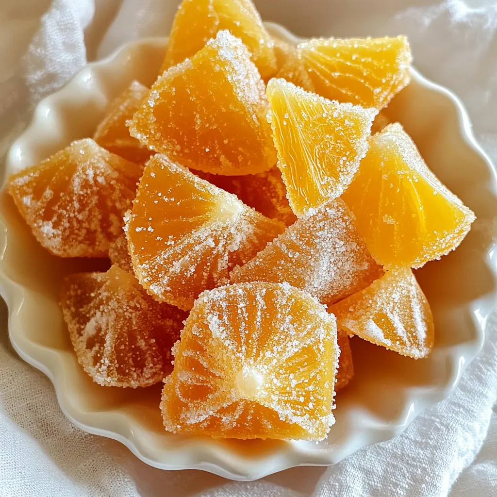 To make homemade orange hard candy, you need a few key ingredients. These are: - 2 cups granulated sugar - 2/3 cup light corn syrup - 1/2 cup water - 1 teaspoon orange extract - Powdered sugar for dusting These ingredients create the sweet and tangy flavor we love in orange candy. The granulated sugar provides the base, while the corn syrup helps prevent crystallization. You can enhance your candy with a few optional ingredients. Consider using: - A few drops of orange food coloring Adding food coloring makes the candy visually appealing. It gives the candy a vibrant orange hue. The choice is yours, but I recommend it for a more fun look! To make this candy, you will need some specific tools. Gather these items: - A medium saucepan - A candy thermometer - A baking sheet - Parchment paper - A sharp knife These tools ensure you prepare the candy correctly and safely. The candy thermometer is vital for checking the temperature, while parchment paper helps with easy removal. {{ingredient_image_1}} Start by lining a baking sheet with parchment paper. This step keeps the candy from sticking. Lightly dust the paper with powdered sugar. This adds a nice finish and helps with easy removal. In a medium saucepan, combine the following: - 2 cups granulated sugar - 2/3 cup light corn syrup - 1/2 cup water Stir these ingredients well to mix. Place the saucepan over medium heat. Let the mixture come to a gentle boil. Stir occasionally until the sugar fully dissolves. This step is key for smooth candy. Once the mixture boils, stop stirring. Let it boil undisturbed for about 10-15 minutes. Use a candy thermometer to check the temperature. You want it to reach 300°F (150°C). Watch closely to avoid burning. This stage is crucial for hard candy. To get the best flavor, use fresh orange extract. It adds a bright taste. If you want a deeper orange hue, add a few drops of orange food coloring. This step is fun and gives your candy a pop. Always stir the mixture well before boiling to mix the ingredients. This helps the sugar dissolve evenly. One big mistake is stirring while the mixture boils. Once it starts to bubble, let it be. Stirring can cause sugar crystals to form, making the candy grainy. Another mistake is not watching the temperature. If the candy gets too hot, it will burn. Use a candy thermometer to ensure it reaches the right hard crack stage. Lastly, don’t rush the cooling process. Let it cool completely before breaking it. Here are some tools I find very helpful: - Candy thermometer: This tool is key for measuring the right temperature. - Medium saucepan: A heavy one helps heat evenly. - Parchment paper: Line your baking sheet to prevent sticking. - Sharp knife: Use this to cut the candy into pieces. - Heat-resistant spatula: It helps when mixing and pouring the hot candy. Using the right tools makes candy making easier and more fun! Pro Tips Use a Candy Thermometer: Ensuring the mixture reaches the hard crack stage (300°F or 150°C) is crucial for achieving the right texture. A candy thermometer will help you monitor the temperature accurately. Be Careful with Hot Sugar: The candy mixture can bubble and splatter when adding the extract and food coloring. Always make sure to wear long sleeves and use a long-handled spoon to prevent burns. Storage Matters: Store your candies in an airtight container to prevent them from becoming sticky. Adding a small packet of silica gel can help keep them fresh longer. Experiment with Flavors: While orange is delightful, feel free to experiment with other flavors like lemon, raspberry, or peppermint for a unique twist on your hard candy creations. {{image_2}} You can try many flavors for hard candy. If you love fruity tastes, go for lemon, cherry, or raspberry. Each fruit adds its own unique twist. For a minty kick, peppermint oil works great too. You can even mix flavors for fun combinations, like orange and lemon. Just remember to adjust the amount of extract to keep the balance right. If you don't have orange extract, you can use fresh orange juice. It will give you a nice taste, but use a bit less water in your recipe. You can also try using a combination of lemon and lime juice for a zesty flavor. For a tropical vibe, coconut extract is a tasty choice, too. Just experiment and find what you like best! You can shape your orange hard candy in many ways. Use cookie cutters to create fun shapes like hearts or stars. For a classic look, pour the mixture into a silicone mold. You can even use ice cube trays for small, bite-sized pieces. If you want to get fancy, drizzle some melted chocolate on top after the candy cools. It adds a nice touch and a burst of flavor! To keep your homemade orange hard candy fresh, store it in an airtight container. Use a metal or glass jar for best results. Avoid plastic bags, as they can trap moisture. Place a piece of parchment paper between layers to prevent sticking. This helps maintain the candy's crispness. Keep your candy away from heat and humidity. Store it in a cool, dry place. A pantry or cupboard works well. Avoid storing near the stove or oven. If you live in a humid area, consider using a dehumidifier to keep your candy dry. For a lovely gift, wrap your candy in colorful cellophane. Tie it with a ribbon for a special touch. You can also use small glass jars for a cute presentation. Fill the jars with candy and add a label. This makes a perfect gift for friends and family! Homemade orange hard candy can last for several weeks if stored correctly. Keep it in an airtight container to avoid moisture. This helps maintain its crunch and flavor. If you store it in a cool, dry place, it can last up to a month. I recommend checking it every week to ensure it stays fresh. Yes, you can make this candy without a thermometer. Use the cold water test instead. Drop a small amount of candy mixture into cold water. If it forms a hard ball, it’s ready. This method needs practice but works well. I suggest using a thermometer for more accuracy, especially for beginners. It can help you avoid mistakes. If your candy is sticky, it may not have reached the hard crack stage. To fix this, return the candy to the saucepan. Heat it again until it reaches the right temperature. If it still sticks, dust it with powdered sugar. This helps reduce the stickiness. Always store it in a cool place to avoid future stickiness. You can make tasty homemade orange hard candy with simple steps. We covered essential and optional ingredients, tools, and how to prepare your baking sheet. I shared tips for great flavor and ways to avoid common mistakes. Don't forget the fun variations and how to store your treats. With practice, you’ll create delicious candy that impresses everyone. Enjoy making and sharing your homemade treats!