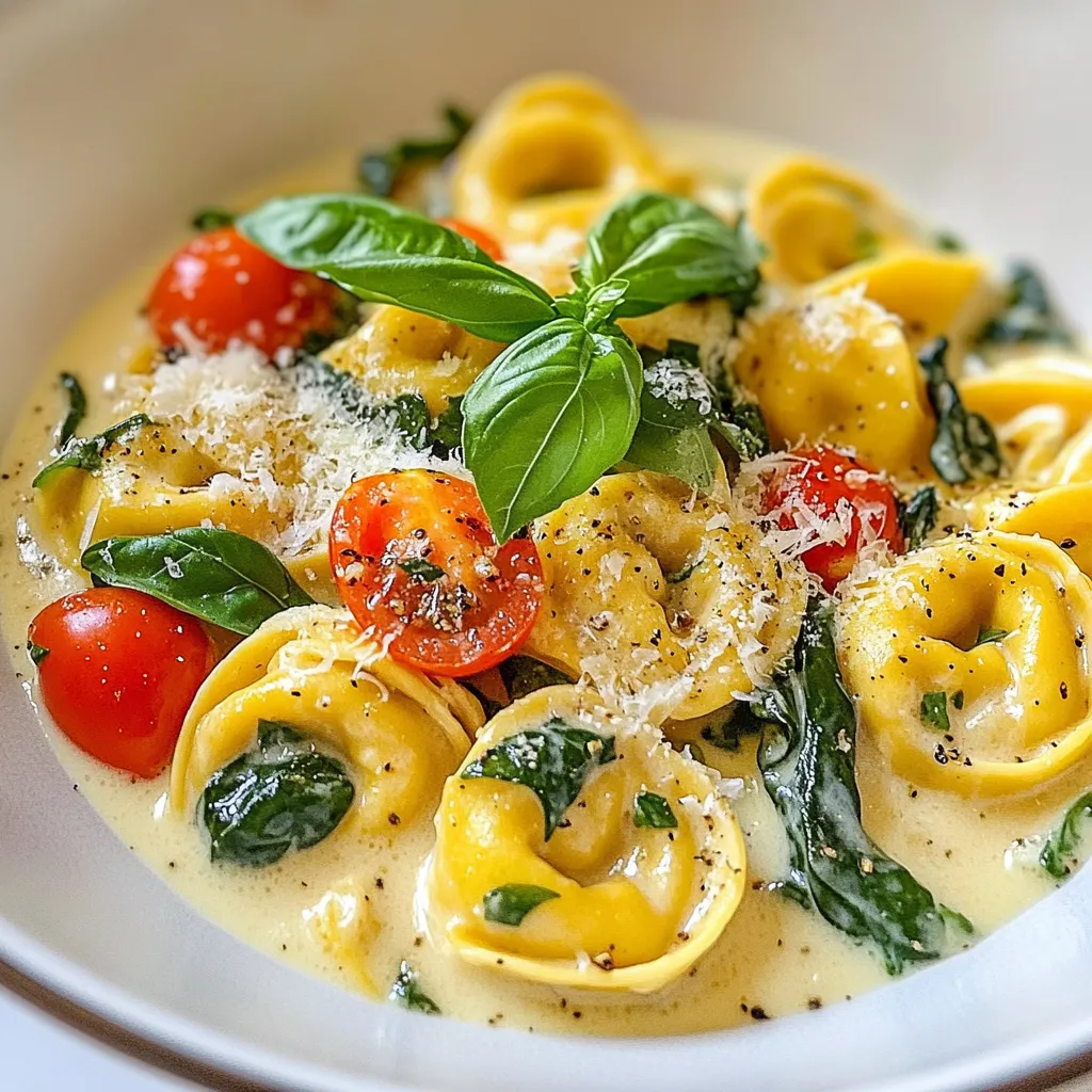 - 12 oz cheese tortellini - 2 tablespoons olive oil - 3 cloves garlic, minced - 1 cup cherry tomatoes, halved - 1 cup spinach, roughly chopped - 1 cup heavy cream - 1 teaspoon Italian seasoning - 1/2 teaspoon red pepper flakes (optional) - 1/2 cup grated Parmesan cheese - Salt and pepper to taste - Fresh basil leaves - Optional toppings When I make Marry Me Tortellini, I start with some key ingredients. First, I grab cheese tortellini. It gives a nice, soft bite. Next, I use olive oil for flavor. Garlic adds a great smell and taste. Cherry tomatoes bring a sweet touch. Spinach adds some green and healthy vibes. I also like to include heavy cream. It makes the dish rich and creamy. Italian seasoning gives the dish warmth. Red pepper flakes can add heat if you want. I finish with Parmesan cheese for a savory kick. Salt and pepper round out the taste. For garnishing, I pick fresh basil leaves. They look pretty and taste fresh. You can also add any other toppings you like, such as extra cheese or nuts. These ingredients come together to make a meal that is simple yet full of flavor. {{ingredient_image_1}} 1. Fill a large pot with water and add salt. 2. Bring the water to a boil over high heat. 3. Add 12 oz of cheese tortellini to the boiling water. 4. Cook the tortellini according to the package instructions. 5. Once cooked, drain the tortellini in a colander. 6. Set the tortellini aside for later use. 1. Take a large skillet and heat 2 tablespoons of olive oil over medium heat. 2. Add 3 cloves of minced garlic to the skillet. 3. Sauté the garlic for about 1 minute until it smells nice. 4. Then, add 1 cup of halved cherry tomatoes. 5. Cook the tomatoes for 3 to 4 minutes until they soften. 6. Stir in 1 cup of roughly chopped spinach. 7. Let the spinach cook until it wilts, which takes about 2 minutes. 1. Pour in 1 cup of heavy cream and add 1 teaspoon of Italian seasoning. 2. If you like spice, add 1/2 teaspoon of red pepper flakes. 3. Stir well and let the sauce simmer for 2 to 3 minutes. 4. Once bubbling, add the cooked tortellini to the skillet. 5. Mix in 1/2 cup of grated Parmesan cheese. 6. Toss gently to coat the tortellini in the creamy sauce. 7. Taste and season with salt and pepper. 8. Cook for another minute and serve hot. 9. Garnish with the remaining Parmesan cheese and fresh basil leaves. - Cook the tortellini until it is al dente. This means it should have a slight bite. - You can change the creaminess by adding more or less heavy cream. Taste as you go. - Fresh herbs like basil or parsley make a big difference. They add bright notes to the dish. - Try using different cheeses, like mozzarella or feta. Each cheese gives a unique taste. - Prep ingredients in advance. Chop garlic, tomatoes, and spinach before cooking. - Use quick cooking methods, like sautéing. This cuts down on time while keeping flavors fresh. Pro Tips Use Fresh Ingredients: Fresh cherry tomatoes and spinach will enhance the flavor and texture of the dish, making it more vibrant and delicious. Adjust the Heat: If you enjoy a little kick, feel free to increase the amount of red pepper flakes or add a pinch of cayenne pepper to the sauce. Mix Up the Cheese: Consider using a blend of cheeses, like mozzarella or fontina, along with Parmesan for added creaminess and flavor depth. Garnish with Fresh Herbs: Fresh basil not only adds color but also a fragrant aroma that elevates the dish, so don't skip this final touch! {{image_2}} You can easily make Marry Me Tortellini vegetarian. Start by swapping the spinach with other veggies. Try bell peppers, zucchini, or mushrooms. These add great taste and color. If you want a vegan option, replace the cheese tortellini with a plant-based type. Use coconut cream instead of heavy cream. This keeps the dish rich and creamy without dairy. Want to make this dish heartier? Add protein like chicken or shrimp. Cook the protein in the skillet after sautéing the garlic. When it's done, add the tomatoes and spinach. This adds a nice depth to the flavor. For a plant-based choice, use tofu. Press and cube the tofu, then sauté it until golden. Mix it in with the tortellini for a healthy twist. You can change the flavor profile easily. Experiment with spices like thyme or oregano. These can bring new life to the dish. If you love sauces, add pesto or Alfredo for a twist. A splash of lemon juice can brighten the taste. Don't be afraid to play around and make it your own! After you cook Marry Me Tortellini, you might have leftovers. To store them, place the tortellini in an airtight container. You can keep it in the fridge for up to three days. For reheating, the best method is to use a skillet. Add a splash of water or cream to prevent sticking. Heat over low until warm, stirring gently. If you want to save some for later, freezing is a great option. To freeze cooked tortellini dishes, allow them to cool first. Then, put them in a freezer-safe container. You can keep it frozen for up to three months. When you're ready to eat, thaw it in the fridge overnight. Reheat on the stove or in the microwave until hot. Marry Me Tortellini lasts about three days in the fridge. Keep an eye for signs of spoilage. If you see mold or an off smell, it’s time to toss it. Always check before eating leftovers. Safe storage helps you enjoy this tasty dish longer without worry. Marry Me Tortellini is a creamy pasta dish that many love. It combines cheese tortellini, garlic, and fresh tomatoes. The story goes that a chef made this dish for a special person. The flavors were so good, they said, "Will you marry me?" It’s a fun name that hints at romance. Yes, you can make Marry Me Tortellini ahead of time. Cook the tortellini and sauce separately. Store them in airtight containers in the fridge. When ready to eat, combine and heat them in a skillet. This way, you keep the flavors fresh. Enjoy it within three days for the best taste. You can easily change the spice level in Marry Me Tortellini. To increase heat, add more red pepper flakes. For less heat, reduce or skip the red pepper flakes. You could also add a pinch of black pepper or a dash of hot sauce for more flavor. Yes, you can make a gluten-free version of Marry Me Tortellini. Use gluten-free tortellini, which is available in stores. There are many options made from rice or chickpeas. Just follow the same cooking instructions. The dish will still be creamy and tasty! Marry Me Tortellini combines cheese tortellini, fresh veggies, and creamy sauce for a delicious meal. You can cook it easily by following the steps outlined. Remember to test for al dente tortellini and adjust flavors to your liking. This dish shines with fresh herbs and toppings. Whether you go vegetarian or add protein, the options are endless. Lastly, store leftovers carefully for future meals. Enjoy this dish with your loved ones, and you might just get proposed to!