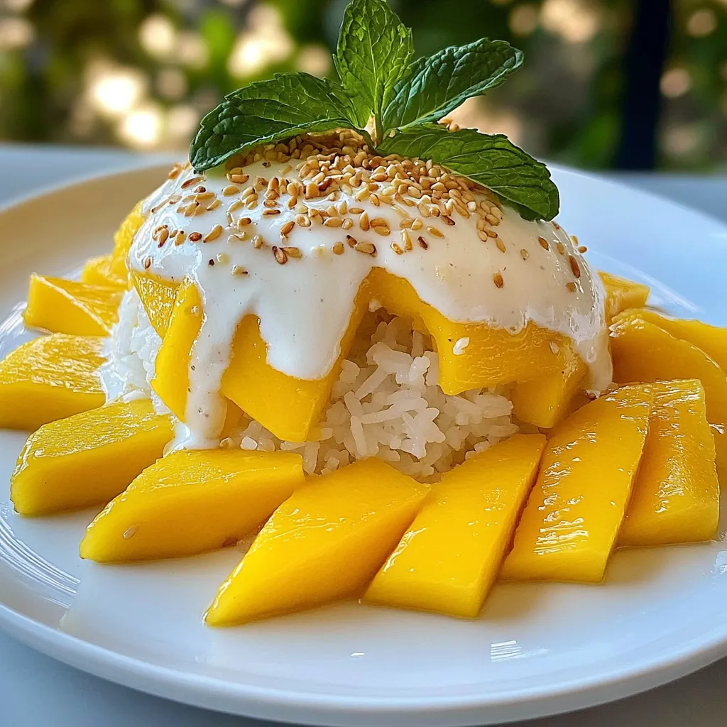 - 1 cup sticky rice (glutinous rice) - 1 ½ cups coconut milk - ¾ cup sugar - ¼ teaspoon salt - 2 ripe mangoes, peeled and sliced Sticky rice forms the base of this dessert. It has a unique chewy texture that pairs well with sweet coconut. You must soak the rice for at least four hours. This softens it and helps achieve that perfect sticky consistency. Coconut milk is the star sauce in this recipe. It gives a rich, creamy flavor. The sugar adds sweetness, balancing the dish. A touch of salt enhances all these flavors. Finally, fresh mangoes bring brightness and a juicy bite. - 1 tablespoon sesame seeds, toasted (for garnish) - Fresh mint leaves (for garnish) Garnishes add fun and flair. Toasted sesame seeds offer a nice crunch. They also add a nutty taste that complements the rice. Fresh mint leaves brighten the dish and add color. You can sprinkle them on top for a beautiful finish. These ingredients come together to create a delightful dessert that’s both simple and elegant. You’ll love how each element enhances the others. {{ingredient_image_1}} Rinsing and soaking the rice Start by placing 1 cup of sticky rice in a bowl. Cover the rice with water. Let it soak for at least 4 hours. For the best results, soak it overnight. After soaking, drain the rice well. Steaming process Fill a steamer or a large pot with water. Bring the water to a boil. Line your steaming basket with cheesecloth or a clean kitchen towel. Add the soaked rice to the basket. Steam it for about 30 to 40 minutes. The rice should be tender and translucent when done. Ingredients for coconut sauce You will need 1 ½ cups of coconut milk, ¾ cup of sugar, and ¼ teaspoon of salt. Cooking method In a saucepan, combine the coconut milk, sugar, and salt. Set the heat to medium. Stir the mixture until the sugar dissolves. Make sure it does not boil. Reserve about ½ cup of the sauce for later. Mixing instructions Once the sticky rice is ready, transfer it to a mixing bowl. Pour the remaining coconut sauce over the hot rice. Gently fold the sauce into the rice. Make sure it is fully combined. Allowing rice to absorb flavors Let the rice sit for about 20 minutes. This helps the rice absorb all the wonderful coconut flavors. Serving suggestions Scoop a portion of the sticky rice onto a plate. Add sliced mangoes beside the rice. Drizzling coconut sauce Drizzle the reserved coconut sauce over the rice and mangoes. Garnish with toasted sesame seeds and fresh mint leaves for a lovely finish. Enjoy your Thai mango sticky rice! Soaking sticky rice is key to great texture. I recommend soaking it for at least 4 hours. Overnight gives the best results. This helps the rice absorb water and become soft. Drain the rice before cooking. When steaming, use a steamer basket lined with cheesecloth. This helps the steam circulate evenly. Bring water to a boil before placing the rice in the basket. Steam for 30-40 minutes until the rice is tender and translucent. Check it halfway to make sure it cooks evenly. Adjusting sweetness in the coconut sauce makes a big difference. Start with ¾ cup of sugar. You can add more if you like it sweeter. Taste as you cook to find your perfect balance. For different flavors, add a splash of vanilla or a pinch of pandan leaves. These add unique tastes to the sauce. You can also use coconut cream for a richer flavor. Plating is all about style. Scoop the rice onto one side of the plate. Place the sliced mango beside it. Drizzle the reserved coconut sauce over the rice for a nice touch. To enhance presentation, sprinkle toasted sesame seeds on top. Add fresh mint leaves for color and aroma. This makes the dish not just tasty but also beautiful! Pro Tips Soaking Time Matters: For the best texture, soak the sticky rice for at least 4 hours or overnight. This allows the grains to absorb water and cook evenly. Check Your Coconut Milk: Use high-quality coconut milk for a richer flavor. Shake the can well before opening to ensure the cream and liquid are mixed properly. Garnish for Color: Fresh mint leaves not only add a pop of color but also enhance the dish's aroma and flavor. Control the Sweetness: Adjust the sugar in the coconut sauce according to your taste preference. Start with less and add more if desired. {{image_2}} To make this dessert vegan, you can swap regular sugar with coconut sugar. This keeps the flavor rich while ensuring it's plant-based. For gluten-free options, stick with the original ingredients. All of them are naturally gluten-free. You might also try serving this dish with a side of coconut whipped cream. Just whip some chilled coconut cream until fluffy. This adds a nice touch and keeps it dairy-free. You can add tropical fruits like pineapple, kiwi, or passion fruit. These fruits bring a burst of color and taste. Simply layer them with the mango slices for a fun twist. If you want to flavor the coconut sauce, try adding pandan leaves or a bit of vanilla extract. Both options enhance the sauce's aroma and taste. Just simmer them with the coconut milk to infuse the flavor. To store leftover Thai mango sticky rice, place it in an airtight container. This keeps it fresh and tasty. You can store it in the fridge for up to three days. If you want to keep it longer, consider freezing it. In the freezer, it can last for about a month. Just remember, the mango slices should be stored separately. They do not freeze well and will lose their nice texture. When you want to enjoy your sticky rice again, use gentle heat. The best way to reheat it is by steaming. Place the rice in a steamer for about 10 minutes. This method keeps the rice soft and chewy. If you do not have a steamer, you can use the microwave. Put the rice in a microwave-safe bowl with a splash of coconut milk to keep it moist. Heat it in short bursts of 30 seconds. Stir it between heats to avoid hot spots. By following these tips, you can enjoy your Thai mango sticky rice just like fresh! Thai Mango Sticky Rice is a beloved dessert in Thailand. It blends sweet mango with sticky rice and coconut sauce. This dish is often enjoyed during the mango season, which runs from April to June. The dessert has roots in Thai culture, celebrating local ingredients and flavors. It is common at festivals and special occasions. Eating this dish connects people to their traditions and family memories. No, using regular rice does not work well. Sticky rice, also known as glutinous rice, has a unique texture. It becomes soft and clumps together when cooked. Regular rice cooks differently and will not provide the same chewy texture. If you cannot find sticky rice, try looking for it in Asian markets. It is best to stick with sticky rice for this recipe to achieve the right flavor and feel. Pick mangoes that feel slightly soft when you press them. The skin should have a rich color, often yellow or orange. Look for mangoes with a sweet aroma at the stem end. Avoid any that are too hard or have dark spots. For this dish, I like using Haden or Ataulfo mangoes. They are sweet and juicy, making them perfect for Thai Mango Sticky Rice. Thai Mango Sticky Rice combines simple ingredients to create a delightful dessert. We explored the main components like sticky rice, coconut milk, sugar, and ripe mangoes. I shared steps from prep to plating, along with tips to perfect the dish. You can even try vegan options or add tropical fruits for variety. Proper storage and reheating methods ensure leftovers taste great too. Enjoy making this sweet treat, and remember, practice improves your skills. Happy cooking!