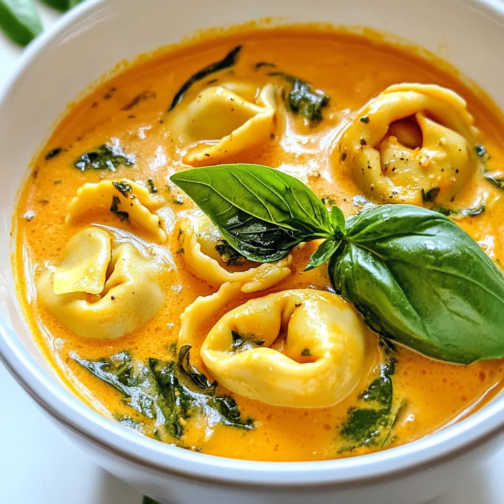 To make a delicious creamy tomato tortellini soup, gather the following ingredients: - 2 tablespoons olive oil - 1 medium onion, diced - 3 cloves garlic, minced - 1 can (28 oz) crushed tomatoes - 4 cups vegetable broth - 1 teaspoon dried basil - 1 teaspoon dried oregano - Salt and pepper to taste - 1 package (9 oz) cheese tortellini - 1 cup heavy cream - 1 cup fresh spinach, chopped - Fresh basil leaves, for garnish These ingredients work together to create a rich and creamy soup. Start with olive oil for a lovely base. Diced onion and minced garlic add depth and aroma. Crushed tomatoes bring sweetness and acidity. Vegetable broth enhances the flavor profile while dried basil and oregano offer warmth and earthiness. Salt and pepper are essential for balancing flavors. Cheese tortellini adds a satisfying bite. Heavy cream creates that luscious texture. Fresh spinach offers a pop of color and nutrients. Finally, fresh basil leaves make for a lovely garnish. Each ingredient plays a role in crafting this comforting dish. So, gather these items and prepare for a warm, flavorful experience! {{ingredient_image_1}} First, I heat the olive oil in a large pot over medium heat. I add the diced onion and sauté it for about five minutes. The onion should turn soft and translucent. Next, I stir in the minced garlic. I cook it for another minute until it smells really good. Now, I pour in the crushed tomatoes. Then, I add the vegetable broth. I stir everything to combine well. This mix is the base of our soup. It is full of flavor and goodness! Now, I bring the mixture to a simmer. This means I let it bubble gently. I add dried basil, oregano, salt, and pepper for extra taste. I let this cook for about ten minutes. This step lets all the flavors blend together. Next, I add the cheese tortellini to the pot. I cook it according to the package instructions, which usually take about three to five minutes. It is important not to overcook the tortellini. Once the tortellini are done, I stir in the heavy cream and chopped spinach. I cook for an additional two minutes. The spinach will wilt and make the soup creamy. Finally, I taste the soup. I adjust the seasoning if needed. I might add a bit more salt or pepper for the best flavor. - How to choose fresh ingredients: Look for bright, shiny tomatoes without blemishes. Choose fresh spinach that is vibrant and crisp. For onions, select firm ones with dry skins. Fresh garlic should feel hard and not sprout. - Cooking tortellini to perfect doneness: Follow the package instructions for cooking time. Typically, cheese tortellini cooks in 3 to 5 minutes. Check for tenderness. The tortellini should be firm yet soft. - Tips for achieving the best creamy texture: Add heavy cream slowly after cooking tortellini. Stir well to blend it into the soup. If you want it creamier, use more cream or blend a portion of the soup. - Suggested garnishes: Top your soup with fresh basil leaves. You can also sprinkle grated Parmesan cheese for extra flavor. A drizzle of olive oil adds a nice touch. - Best sides to pair with the soup: Serve with crusty bread for dipping. A side salad with fresh greens works well, too. Grilled cheese sandwiches are a classic match that kids love. Pro Tips Use Fresh Herbs: Fresh basil can elevate the flavor of your soup. Add it at the end of cooking for the best taste. Customize Your Greens: Feel free to substitute the spinach with other greens like kale or Swiss chard for a different flavor and texture. Make It Vegan: Substitute heavy cream with coconut cream or a cashew cream for a plant-based version of this soup. Storage Tips: This soup can be stored in the refrigerator for up to 3 days. Reheat gently to avoid overcooking the tortellini. {{image_2}} You can make this soup even better with a few swaps. If you want a twist, try using spinach or mushroom tortellini instead of cheese tortellini. Both choices add unique flavors. For a lighter option, go for whole wheat tortellini. If you prefer chicken flavors, swap out the vegetable broth for chicken broth. The soup will gain a rich taste that many love. This change works well if you want a heartier meal. To boost the flavor, consider adding spices or herbs. A pinch of red pepper flakes gives heat. Fresh herbs like thyme or parsley can brighten the soup. You can also add extra veggies. Carrots and celery make great additions. Just chop them small and sauté with the onion. This extra step adds depth and nutrition to your meal. Feel free to get creative! Each change brings new tastes to your creamy tomato tortellini soup. To store leftovers of your creamy tomato tortellini soup, let it cool first. Pour the soup into an airtight container. Seal it tightly to keep the flavors fresh. You can store the soup in the fridge for up to three days. I recommend using glass containers. They are sturdy and help keep the soup fresh. Plus, they are microwave-safe, which makes reheating easy. If you want to freeze the soup, follow these steps. First, let it cool completely. Then, pour it into freezer-safe bags or containers. Leave some room at the top since the soup will expand when frozen. When you’re ready to eat, remove the soup from the freezer. Thaw it in the fridge overnight. To reheat, pour the soup into a pot. Heat it slowly on the stove over medium heat. Stir often to ensure even heating. You can add a splash of cream if it seems too thick after freezing. Creamy Tomato Tortellini Soup can last for about 3 to 4 days in the fridge. Store it in an airtight container to keep it fresh. The soup may thicken as it sits. If it gets too thick, you can add a bit of broth or water to thin it out. Yes, you can use fresh tomatoes instead of canned. Just chop about 2 pounds of fresh tomatoes. Cook them down until soft, then mash them to get a similar texture as crushed tomatoes. This option adds a fresh taste to your soup. You can serve this soup with crusty bread or a side salad. A grilled cheese sandwich pairs perfectly too. For a fun twist, add some garlic bread for a crunchy side. Enjoy the soup hot, garnished with fresh basil leaves for extra flavor. This blog post covered a simple recipe for Creamy Tomato Tortellini Soup. We detailed the main ingredients, preparation steps, cooking process, and helpful tips. I also shared variations and storage tips to keep your soup fresh. In closing, this dish is easy and rewarding. You can enjoy it fresh or heat it later. With a few swaps and additions, it can be tailored to your taste. Enjoy making this soup!