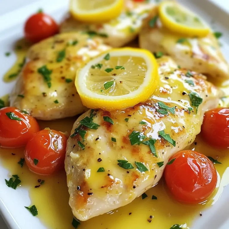 - 4 boneless chicken breasts - 1 cup pecorino cheese, grated - 2 lemons (zest and juice) - 3 cloves garlic, minced - 1/4 cup olive oil - 1 tablespoon fresh thyme, chopped (or 1 teaspoon dried thyme) - Salt and pepper to taste - 1 cup cherry tomatoes, halved (for garnish) - Fresh parsley, chopped (for garnish) 1. Preheat the oven to 400°F (200°C). This ensures even cooking. 2. In a bowl, mix the grated pecorino cheese, lemon zest, minced garlic, olive oil, thyme, salt, and pepper. This creates a flavorful paste. 1. Pat the chicken breasts dry with paper towels. This helps the coating stick. 2. Place the chicken in a baking dish. This will keep them neat while cooking. 3. Squeeze the juice from one lemon over the chicken. Ensure they are well coated. 4. Spread the pecorino mixture evenly over each chicken breast. Press gently to make it stick. 5. Slice the other lemon into thin rounds. Place these on top of the chicken for added flavor. 6. Scatter the halved cherry tomatoes around the chicken. Drizzle a little olive oil over them and season with salt and pepper. 1. Bake in the preheated oven for 25-30 minutes. The chicken should reach an internal temperature of 165°F (75°C) when done. 2. If you want a golden crust, broil on high for an extra 2-3 minutes. Watch closely to avoid burning. 3. Once finished, let the chicken rest for 5 minutes before serving. This helps keep it juicy. Serve the chicken on a large platter. Top with roasted tomatoes and lemon slices. Sprinkle fresh parsley for a beautiful touch. Enjoy! {{ingredient_image_1}} To enhance the taste of Lemon Pecorino Chicken, adjust the seasoning. If you like more zest, add extra lemon juice or zest. If you prefer it saltier, sprinkle more salt over the chicken. For unused pecorino cheese, store it in an airtight container in the fridge. This helps it stay fresh for longer. Try to use it within a week for the best flavor. To keep your chicken juicy, pat it dry before cooking. This helps the seasoning stick and gives a nice crust. Another tip is to avoid overcooking. Check the internal temperature; it should reach 165°F (75°C). When broiling, keep a close eye on the chicken. Broil for only 2-3 minutes at the end of baking. This gives a golden crust without burning the cheese or chicken. To store leftovers, let the chicken cool first. Place it in an airtight container. This keeps moisture inside and prevents odors from mixing. You can store Lemon Pecorino Chicken in the fridge for up to three days. If you want to keep it longer, consider freezing it. To reheat the chicken, use the oven or a skillet for best results. Preheat your oven to 350°F (175°C). Cover the chicken with foil to keep it moist. Heat for about 15-20 minutes. If using a skillet, add a splash of water or broth. Heat over medium-low until warm. Avoid using a microwave, as it can dry out the chicken. For a great look, serve the chicken on a large platter. Arrange the roasted tomatoes around the chicken. Add lemon slices on top for bright color. A sprinkle of fresh parsley gives a nice touch. This makes your dish pop and invites everyone to dig in. Use fresh herbs like thyme or parsley to garnish. Chop them finely and sprinkle over the top. This adds freshness and flavor. To add color, consider slicing colorful bell peppers or zucchini. Place them around the chicken for a vibrant, inviting meal. Pro Tips Use Fresh Ingredients: Always opt for fresh lemons and high-quality pecorino cheese to enhance the flavor of the dish significantly. Perfectly Cooked Chicken: Use a meat thermometer to ensure your chicken reaches an internal temperature of 165°F (75°C) for safe and juicy results. Customize the Herbs: Feel free to experiment with different herbs like rosemary or oregano to personalize the flavor profile of your chicken. Rest Before Serving: Allow the chicken to rest for at least 5 minutes after baking to help retain its juices, resulting in a more tender bite. {{image_2}} Can I make Lemon Pecorino Chicken ahead of time? Yes, you can prepare it in advance. Marinate the chicken and store it in the fridge. Bake it the next day for fresh flavors. What side dishes pair well with this recipe? Great sides include roasted vegetables, garlic bread, or a light salad. These options balance the rich flavors of the chicken. Can I use chicken thighs instead of breasts? Absolutely! Chicken thighs have more fat, which keeps them juicy. Just adjust the cooking time to ensure they reach 165°F. How do I know when the chicken is fully cooked? Use a meat thermometer. The chicken should reach 165°F in the thickest part. This ensures it's safe to eat. Can I use pre-grated pecorino cheese? Yes, pre-grated pecorino works well. However, fresh grated cheese often has better flavor and melts nicely. What if I don’t have fresh thyme? You can use dried thyme instead. Just use one teaspoon of dried thyme for each tablespoon of fresh thyme. How can I make the dish more tangy? Add extra lemon juice or zest. You can also serve it with a lemon wedge for a fresh burst. Are there alternatives if I can't find pecorino cheese? Parmesan cheese is a great substitute. It has a similar flavor and will work well in this dish. This blog explores a simple yet flavorful Lemon Pecorino Chicken recipe. You learned about key ingredients such as chicken, pecorino cheese, and fresh herbs. The step-by-step instructions guide you from prep to baking, including tips for juicy chicken and creative variations. Storing leftovers and presentation tips ensure your meal looks and tastes great. Remember, cooking can be fun, and experimenting will lead to unique flavors. Use what you learn here to create your own version and impress your friends and family!