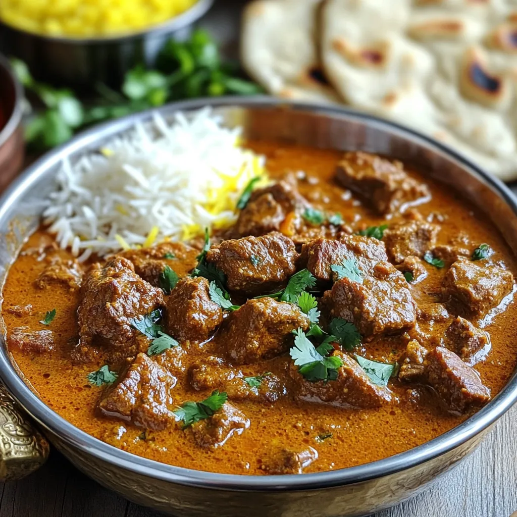 To make Beef Madras, you'll need these key items: - 500g beef, cut into bite-sized cubes - 2 tablespoons vegetable oil - 1 large onion, finely diced - 3 garlic cloves, minced - 1-inch piece ginger, grated - 2 tablespoons Madras curry powder - 1 teaspoon ground turmeric - 1 teaspoon ground cumin - 1 teaspoon ground coriander - 1 teaspoon chili powder (adjust to taste) - 400g canned chopped tomatoes - 400ml coconut milk - 2 green chilies, slit lengthwise - Salt, to taste - Fresh coriander, for garnish - Cooked basmati rice or naan, for serving These ingredients combine to create a rich and hearty dish. The beef provides protein and flavor, while the spices create warmth and depth. If you can't find some ingredients, here are a few swaps: - Use chicken or lamb instead of beef. - Olive oil works well if you lack vegetable oil. - Fresh tomatoes can replace canned tomatoes if you prefer. - Greek yogurt can substitute coconut milk for a different creaminess. These substitutions can still give you a tasty Beef Madras. The spice blend is the heart of Beef Madras. Here’s what each spice does: - Madras curry powder: This mix adds heat and complexity. - Turmeric: It gives a warm color and earthy flavor. - Cumin: This spice adds a nutty taste. - Coriander: It provides a light citrus note. - Chili powder: You can adjust this to control the heat. This blend helps your dish shine and brings authenticity to every bite. {{ingredient_image_1}} Start by heating the vegetable oil in a large pot over medium heat. Once hot, add the diced onion. Cook the onion until it is transparent and lightly golden, which takes about 5 to 7 minutes. This step builds a solid flavor base. Next, add the minced garlic and grated ginger, stirring for 1 to 2 minutes. You want to smell the warm, rich aroma of garlic and ginger. Now, add the Madras curry powder, ground turmeric, ground cumin, ground coriander, and chili powder. Stir well to coat the onions and toast the spices for about 1 minute. This helps release their full flavors into the dish. Now it's time to brown the beef. Add the bite-sized beef cubes to the pot. Make sure to brown them on all sides. This usually takes about 5 to 6 minutes. Browning adds depth to the dish and locks in juices. After the beef is brown, pour in the canned chopped tomatoes. Stir everything together to combine well. You want the beef and tomatoes to marry and create a rich sauce. Let this mixture simmer for about 10 minutes. This allows the tomatoes to break down and blend into the sauce. Next, add the coconut milk and slit green chilies to the pot. Stir the mixture thoroughly. Bring it to a gentle simmer, which helps the flavors meld together. Season with salt to taste, covering the pot afterward. Now, let it cook on low heat for 1.5 to 2 hours. Stir occasionally to prevent sticking. This slow cooking makes the beef tender and flavorful. After cooking, check the seasoning and make adjustments if needed. Let it sit for a few minutes before serving to enhance the flavors even more. To get the best flavor in your Beef Madras, start with fresh spices. Use whole spices when possible, as they pack more punch. Toast them lightly in the pot to release their oils. This makes a big difference! When you add the beef, let it brown well. This adds depth to the dish. Don't rush the simmering time. Letting it cook low and slow helps the flavors meld beautifully. One common mistake is not layering flavors. Always sauté the onions until golden before adding garlic and ginger. This builds a rich base. Another mistake is adding the coconut milk too early. Wait until the beef has tenderized before adding it. Lastly, don’t skip the salt. It enhances all the flavors in the dish. To ensure tender beef, choose the right cut. Chuck or brisket works best. Cut the beef into even cubes for uniform cooking. Always brown the beef first; this seals in juices. Cook on low heat for at least 1.5 hours. This breaks down tough fibers and makes the meat melt in your mouth. Let it rest a few minutes before serving to keep it juicy. Pro Tips Marinate the Beef: For a richer flavor, marinate the beef cubes in the spices and some yogurt for a few hours or overnight before cooking. Adjust Spice Levels: If you prefer a milder dish, reduce the amount of chili powder or remove the green chilies before serving. Use Fresh Spices: Always use fresh spices for the best flavor. Toast whole spices before grinding them for an even deeper aroma. Let it Rest: Allow the Beef Madras to sit for a few minutes after cooking. This resting time helps the flavors to meld together. {{image_2}} You can make Beef Madras vegetarian or vegan easily. Replace the beef with hearty vegetables like mushrooms, cauliflower, or chickpeas. Use coconut milk to keep the creaminess. This change gives a rich texture and flavor. Cook the veggies until tender before adding the spices. This will ensure they soak up all the good flavors. If you want to try different proteins, consider chicken or lamb. Both meats work well with the spices in Beef Madras. For a plant-based option, use tofu or tempeh. These alternatives absorb the sauce nicely, making each bite tasty. Just cook them the same way as you would the beef. Beef Madras has many regional twists. In some places, they add more coconut for a sweeter taste. Others may use yogurt for creaminess. Some regions focus on different spices, like adding cardamom or cloves. Each version tells a story of local flavors and traditions. Trying these variations can be a fun way to explore new tastes! After enjoying your Beef Madras, let it cool to room temperature. Place leftovers in an airtight container. Store them in the fridge for up to three days. This keeps the flavors fresh and tasty. Just make sure to seal the container well to avoid spills. If you want to save your Beef Madras for later, freezing is a great option. Pour the cooled dish into a freezer-safe container. Leave some space at the top for expansion. You can freeze it for up to three months. Label the container with the date, so you know when to use it. When you're ready to enjoy your Beef Madras again, thaw it in the fridge overnight. To reheat, you can use a pot on the stove over medium heat. Stir it often to warm it evenly. If it looks too thick, add a splash of water or coconut milk. You can also use the microwave. Heat it in short bursts, stirring in between. This helps to keep it juicy and flavorful. Beef Madras is a spicy curry from South India. It is rich and full of flavor. The dish uses beef cooked with spices, tomatoes, and coconut milk. It has a warm and satisfying taste. To change the spice level, you can add or reduce chili powder. Use less chili powder for a milder dish. If you want more heat, add extra green chilies. Always taste as you cook. This helps you find the right balance for your palate. Beef Madras pairs well with cooked basmati rice or warm naan. Both soak up the tasty sauce. You can also add a side of yogurt or raita for cooling effect. Fresh coriander on top adds a nice touch too. In this post, we explored the core ingredients and steps to make authentic Beef Madras. We covered essential spices, cooking tips, and common mistakes to avoid. I shared ideas for variations, including vegetarian options and regional styles. Remember, making this dish is about balance and personal touch. With practice, you’ll create a dish your family will love. Enjoy your cooking journey!
