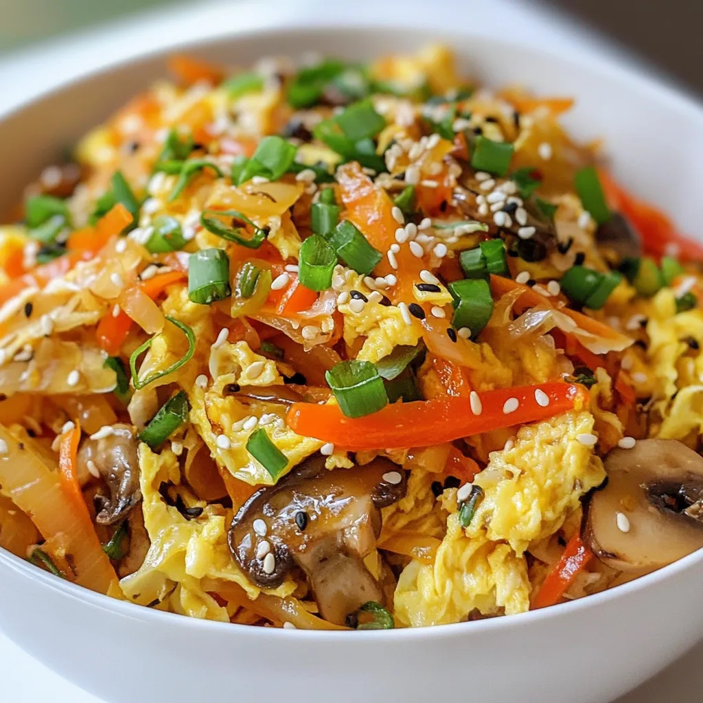 To make a tasty veggie packed egg roll in a bowl, you will need: - 1 tablespoon sesame oil - 1 medium onion, diced - 2 cloves garlic, minced - 1 cup carrots, shredded - 2 cups cabbage, finely shredded (green and/or purple) - 1 bell pepper, diced (any color) - 1 cup mushrooms, diced - 1 teaspoon grated ginger - 2 tablespoons soy sauce (or tamari for gluten-free) - 1 tablespoon rice vinegar - 2 large eggs, lightly beaten - 3 green onions, sliced for garnish - Sesame seeds for garnish (optional) - Salt and pepper, to taste You can change the flavor and texture with these optional ingredients: - Add cooked protein like chicken, shrimp, or tofu for more depth. - Include other veggies like zucchini or broccoli for more crunch. - Use different sauces like hoisin or chili sauce for a kick. This dish is healthy and offers many benefits. Here’s a quick look at the nutrition: - Calories: About 200 per serving - Protein: 10 grams - Carbohydrates: 15 grams - Fat: 10 grams - Fiber: 4 grams - Vitamins: High in vitamins A and C from the vegetables - Minerals: Good source of potassium and iron This dish packs a lot of nutrition in a quick and easy meal. You can enjoy it knowing you are feeding your body well! {{ingredient_image_1}} First, gather your ingredients. You need sesame oil, onion, garlic, carrots, cabbage, bell pepper, mushrooms, ginger, soy sauce, rice vinegar, eggs, green onions, and sesame seeds. Chop the onion, garlic, and bell pepper. Shred the carrots and cabbage. Dice the mushrooms. This step makes cooking easier. Heat one tablespoon of sesame oil in a large skillet or wok over medium-high heat. Add the diced onion. Sauté for 2-3 minutes until it softens. Stir in minced garlic and grated ginger for one minute. The aroma will fill your kitchen. Now, add the shredded carrots, cabbage, bell pepper, and mushrooms. Stir-fry the mix for 5-7 minutes. This allows the veggies to soften. Pour in the soy sauce and rice vinegar. Mix well and season with salt and pepper. Next, push the veggie mix to one side of the pan. Pour the beaten eggs into the empty side. Scramble the eggs until fully cooked. Once done, mix the eggs with the veggies. Remove the skillet from heat. Garnish with sliced green onions and sesame seeds if you like. Serve hot in bowls or on plates. Enjoy this colorful and healthy dish! To get the best flavor, use fresh ingredients. They make a big difference. Cut your veggies into similar sizes for even cooking. Stir the mix frequently to prevent sticking. Keep an eye on cooking times to avoid overcooking. Adjust the soy sauce to your taste. You can also add a splash of lime juice for extra zest. When you prepare your veggies, cut them into similar sizes. This helps them cook evenly. Shred the carrots and cabbage thinly for quick cooking. Dice the bell pepper and mushrooms into small pieces. This way, they blend well with the other veggies. Use fresh vegetables whenever possible for the best taste. If you can, wash them just before use. You can easily adapt this dish. If you need it gluten-free, use tamari instead of soy sauce. For a vegan version, skip the eggs and add tofu or chickpeas. You can also use different veggies based on what you have. Try broccoli, snap peas, or even zucchini. This makes the dish fun and flexible for everyone. To boost the flavor, add more spices. Red pepper flakes or chili paste can add heat. You can also toss in sesame seeds for a nutty taste. A splash of lime juice just before serving adds brightness. If you like herbs, fresh cilantro or basil works well too. Experiment to find what you love! Pro Tips Prep Ingredients Ahead: To save time, chop and prepare all your vegetables before starting to cook. This makes the cooking process smoother and quicker. Customize Your Veggies: Feel free to add or substitute any vegetables you like or have on hand. Broccoli, snap peas, or zucchini work great in this dish! Control the Heat: Adjust the heat of the skillet based on how quickly the vegetables are cooking. If they start to brown too quickly, lower the heat to ensure they soften properly. Make It a Meal: For added protein, consider mixing in cooked chicken, shrimp, or tofu. This transforms your egg roll in a bowl into a heartier dish! {{image_2}} You can boost your Veggie Packed Egg Roll in a Bowl with protein. Tofu is a great choice for a vegetarian or vegan option. Just cube firm tofu and sauté it with the veggies. It soaks up flavors well. For a meat option, diced chicken works nicely too. Cook the chicken first, then add the veggies. This way, everything cooks evenly and tastes great together. For a vegetarian twist, replace eggs with scrambled tofu or chickpea flour. Both options add protein without using eggs. If you're vegan, switch the eggs for a flaxseed mixture. Mix one tablespoon of ground flaxseed with three tablespoons of water. Let it sit for five minutes until it thickens. This gives a similar texture to eggs and keeps your dish plant-based. If you like heat, add some chili paste or sriracha. Stir it in with the soy sauce for a spicy kick. For a milder flavor, just stick to the soy sauce. You can also add fresh herbs like cilantro or basil for extra flavor. Experiment with a dash of sesame oil for a nutty taste. Each twist can change the dish and make it exciting! Store any leftovers in an airtight container. Make sure to let the dish cool first. Place it in the fridge. It will stay fresh for up to three days. Keep the green onions and sesame seeds separate. This keeps them fresh for when you reheat. When you’re ready to eat, reheat your egg roll bowl on the stove. Use medium heat and a splash of water to keep it moist. Stir frequently to heat it evenly. You can also use a microwave. Heat in short bursts, stirring in between. This helps it warm evenly. You can freeze this dish for later meals. Cool the bowl completely before freezing. Use a freezer-safe container. It should last for up to three months in the freezer. When you’re ready to eat, thaw it overnight in the fridge. Reheat it on the stove or in the microwave. You can make this veggie-packed egg roll in a bowl gluten-free by using tamari instead of regular soy sauce. Tamari is a gluten-free soy sauce alternative. Make sure to check the labels of all other ingredients, too. Some brands may add gluten to sauces or pre-made items. Use gluten-free rice vinegar if needed. This way, you can enjoy the dish without any worries. Yes, you can use frozen vegetables in this recipe. Frozen veggies are a great option when fresh ones are not available. They are quick to use and can save time. Just remember to thaw them before cooking. This helps avoid excess water in the pan. You may need to adjust the cooking time, as frozen vegetables may cook faster. You can serve this dish in different ways. Here are some ideas: - Serve in bowls for a casual meal. - Add cooked rice or quinoa for extra heartiness. - Top with extra green onions or sesame seeds for crunch. - Pair with a side of soy sauce or chili sauce for added flavor. Feel free to explore your favorite combinations! In this post, I covered key ingredients, step-by-step instructions, and helpful tips for your dish. I shared options for protein and dietary needs, plus advice on storage and reheating. Remember, you can adjust flavors to suit your taste. Cooking should be fun, not stressful. Use these tips to create a meal that fits your lifestyle. Enjoy your cooking journey, and don’t be afraid to try new things. With practice, you'll gain confidence and skill in the kitchen.