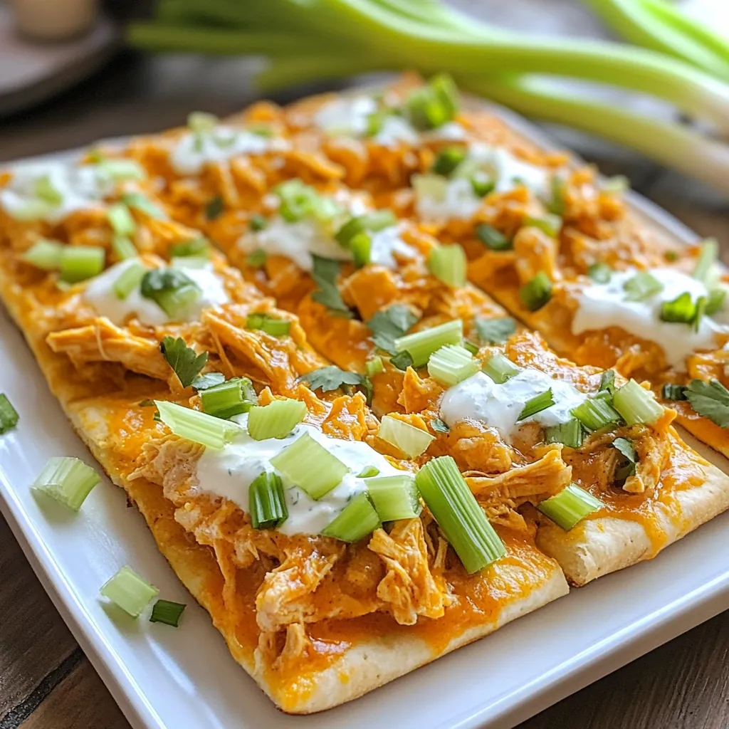 - 2 cups cooked chicken, shredded - 1/2 cup buffalo sauce - 1/2 cup ranch dressing - 4 flatbreads (store-bought or homemade) - 1 cup shredded mozzarella cheese - 1/2 cup diced celery - 1/4 cup chopped green onions - Fresh parsley for garnish (optional) Tips for selecting chicken: When choosing chicken, look for fresh or frozen options. Cooked chicken should be moist and tender. You can use rotisserie chicken or grill your own. Shredding the chicken makes it easy to mix with the buffalo sauce. Recommendations for buffalo sauce brands: Not all buffalo sauces are the same. Frank's RedHot is a popular choice. It offers a nice balance of heat and flavor. You can also try other brands like Texas Pete or Crystal for unique tastes. Substitute options for ranch dressing: If you want to change the flavor, try blue cheese dressing. It pairs well with buffalo chicken. You can also make your own ranch by mixing yogurt, garlic powder, and herbs. This adds a fresh touch to the flatbread. {{ingredient_image_1}} 1. Preheat your oven to 400°F (200°C). This helps the flatbreads cook evenly. 2. In a large bowl, mix 2 cups of shredded chicken with 1/2 cup of buffalo sauce. Stir until the chicken is well coated. 1. Place 4 flatbreads on a baking sheet lined with parchment paper. This keeps them from sticking. 2. Spread 1/2 cup of ranch dressing over each flatbread. Leave a small edge around the sides. 3. Evenly distribute the buffalo chicken mixture on top of the ranch dressing. Make sure each flatbread gets a good amount. 4. Sprinkle 1 cup of shredded mozzarella cheese over the chicken. Don’t be shy; more cheese means more flavor! 1. Bake the flatbreads in your preheated oven for about 10-12 minutes. Look for the cheese to become bubbly and slightly golden. 2. Once baked, check for doneness by ensuring the cheese is melted and the edges of the flatbread are crisp. - Ensuring chicken stays moist: To keep your chicken juicy, use cooked chicken that is not overcooked. Shred the chicken right before mixing it with the buffalo sauce. This keeps the moisture locked in. You can also add a splash of chicken broth to help retain moisture. - Achieving the perfect cheese melt: For gooey cheese, use fresh mozzarella. Shred it yourself for better melting. Spread the cheese evenly to cover the chicken. Bake until the cheese is bubbly and golden, around 10-12 minutes. - Best sides to pair with Buffalo Chicken Flatbread: This dish goes well with a fresh side salad or crunchy veggie sticks. Carrot and celery sticks bring a nice bite. You could also serve a side of sweet potato fries for a hearty touch. - Ideal beverages to complement the dish: Pair your flatbread with a cold beverage. A crisp lager or a light soda works great. If you prefer something non-alcoholic, try sparkling water with lime. - How to cut and serve flatbreads: Once baked, let the flatbreads cool for a minute. Use a sharp knife or pizza cutter to slice them into rectangles or triangles. Serve on a wooden board for a rustic touch. - Creative garnishing options: Add a pop of color with diced green onions or fresh parsley. You can also drizzle extra ranch dressing on top for a creamy finish. A sprinkle of chili flakes can add a nice kick if you like heat. Pro Tips Use Rotisserie Chicken: For a quicker meal, opt for store-bought rotisserie chicken. It saves time and adds great flavor. Customize Your Heat: Adjust the amount of buffalo sauce to suit your taste. For milder flavors, reduce the sauce or mix it with more ranch dressing. Add Extra Veggies: Include additional toppings like sliced jalapeños or bell peppers for added crunch and nutrition. Use a Pizza Stone: If you have one, bake your flatbreads on a preheated pizza stone for an even crispier crust. {{image_2}} You can mix things up by using different proteins. Shrimp works great if you like seafood. Tofu is a fantastic choice for a vegetarian option. Both can soak up flavors well. You can also swap out the sauce. Spicy garlic sauce adds a nice kick. Barbecue sauce gives a sweet twist. Each choice changes the flavor a lot! If you want to make your own flatbread, here’s a simple recipe: Combine flour, water, salt, and olive oil. Roll it out and cook it on a hot skillet. It’s easy and fresh! You can also use tortillas or pita bread instead. They cook quickly and still taste great. Just adjust the cooking time to avoid burning. For a gluten-free option, use gluten-free flatbreads. Many stores sell these. Just check the label to ensure they fit your needs. If you want a vegan version, use plant-based chicken. Substitute ranch dressing with vegan ranch. This way, everyone can enjoy this tasty meal! To keep your Buffalo Chicken Flatbread fresh, store it in the fridge. Place the flatbread in an airtight container. This helps to seal in moisture and keep it tasty. Leftovers can last up to three days in the fridge. If you want to store it longer, freezing is a great option. Wrap each flatbread in plastic wrap, then place them in a freezer-safe bag. This way, they stay safe from freezer burn. You can enjoy them for up to three months when frozen. When it's time to enjoy your leftovers, reheating is key. The best way is in the oven. Preheat your oven to 350°F (175°C). Place the flatbreads on a baking sheet and heat for about 10 minutes. This method helps keep the flatbreads crispy. You can also use a skillet. Heat the skillet over medium heat and place the flatbread in it. Cover with a lid to warm it through. This method also keeps the bottom nice and crispy. Avoid using the microwave, as it can make the flatbread soggy. Buffalo Chicken Flatbread is a tasty dish made with flatbreads, chicken, and sauce. You first coat shredded chicken in spicy buffalo sauce. Then, you spread ranch dressing on flatbreads and top them with the chicken mix. After adding cheese, you bake until bubbly. This dish combines bold flavors and is great for parties or quick meals. Yes, you can prepare this dish ahead of time. Here are some tips: - Cook the chicken in advance and store it in the fridge. - Mix the buffalo sauce with the chicken before storing. - Assemble the flatbreads and cover them well. - Refrigerate them for up to a day before baking. If you want to change the protein, here are some options: - Shrimp: Cooked shrimp works well with buffalo sauce. - Tofu: Firm tofu can be used for a vegetarian option. - Pulled pork: This adds a smoky flavor. - Beef: Shredded beef can also be a tasty choice. Yes, it can be spicy due to the buffalo sauce. If you want a milder dish: - Use less buffalo sauce when mixing with chicken. - Try a mild buffalo sauce or mix it with ranch dressing. - You can add a sour cream topping to cool it down. We explored the deliciousness of Buffalo Chicken Flatbread. You learned how to prepare it with simple ingredients like chicken and cheese. We discussed preparation steps, cooking tips, and options for storing and reheating leftovers. You now have the tools to customize and enjoy this dish in many ways, whether you prefer it spicy or mild. Embrace your cooking skills, impress your friends, and enjoy every bite of your Buffalo Chicken Flatbread!