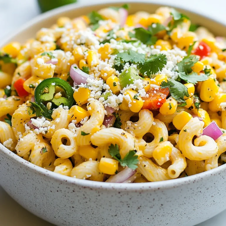 - 8 oz elbow macaroni or cavatappi pasta - 1 cup sweet corn kernels (fresh, frozen, or canned) - 1 red bell pepper, diced - 1 jalapeño pepper, finely chopped (seeds removed for less heat) - 1/4 cup red onion, finely chopped - 1/2 cup cotija cheese, crumbled (or feta if unavailable) - 1/4 cup fresh cilantro, chopped - 1 tablespoon olive oil - 2 tablespoons lime juice (freshly squeezed) - 1 teaspoon chili powder - Salt and pepper to taste This pasta salad shines with fresh flavors. The sweet corn brings a burst of sweetness. The red bell pepper adds crunch and color. Jalapeño gives it a nice kick, but you can control the heat. Cotija cheese brings a creamy and salty touch. You can add more fun with these extras: - Avocado for creaminess - Black beans for protein - Cherry tomatoes for added juiciness - Corn chips for crunch Feel free to mix and match! Each addition can change the flavor. If you have allergies, consider these swaps: - Use gluten-free pasta for a gluten-free option. - Swap cotija cheese with dairy-free cheese if lactose intolerant. - Replace jalapeño with bell pepper for a milder taste. These changes help you enjoy this dish without worry. Always read labels to ensure safety. {{ingredient_image_1}} Start by boiling a big pot of salted water. Once it boils, add 8 oz of elbow macaroni or cavatappi pasta. Cook it until it's al dente, following the package directions. When done, drain the pasta and rinse it under cold water. This keeps it from cooking more. Set the pasta aside in a large bowl. If you use fresh corn, grill or sauté it until it gets a nice char. This takes about 5-7 minutes. For frozen corn, just thaw it out. If you have canned corn, drain it well. Add 1 cup of the cooked corn to your bowl with the pasta. Now it's time to mix! Grab your large mixing bowl with pasta and corn. Add in 1 diced red bell pepper, 1 finely chopped jalapeño (remove the seeds for less heat), and 1/4 cup of finely chopped red onion. Toss in 1/4 cup of chopped fresh cilantro too. Give everything a gentle stir to combine. In a separate small bowl, whisk together 1 tablespoon of olive oil, 2 tablespoons of freshly squeezed lime juice, and 1 teaspoon of chili powder. Add some salt and pepper to taste. This dressing adds a zesty kick to your salad. Pour the dressing over the pasta and veggie mix. Toss it gently so everything gets coated. Fold in 1/2 cup of crumbled cotija cheese, saving a little for garnish. Cover the salad and chill it in the fridge for at least 30 minutes. This helps the flavors blend together nicely. Serve it cool or at room temperature. Enjoy your tasty Mexican Street Corn Pasta Salad! Cooking pasta is simple but key to a great dish. Start with a big pot of salted water. Use about one tablespoon of salt for every four quarts of water. This adds flavor. Bring the water to a rapid boil before adding the pasta. Cook the pasta according to the package directions. It should be al dente, or firm to the bite. After cooking, drain the pasta in a colander. Rinse it under cold water to stop the cooking. This keeps the pasta from getting mushy. To boost the taste, use fresh ingredients. Grilling or sautéing corn gives a nice char. This adds depth and sweetness. You can also add lime zest for extra zing. If you want it spicier, keep the seeds of the jalapeño. Try different herbs, too. Fresh cilantro is a must, but parsley works well if you don't like cilantro. A sprinkle of chili powder adds warmth. Adjust the amount based on your heat preference. Make your salad look great for serving. Use a big, colorful bowl for a nice display. Top the salad with extra cotija cheese. This adds visual appeal and flavor. Add a sprinkle of fresh cilantro on top. You can also place lime wedges on the side. This gives guests a chance to add more zest. Serve it chilled for a refreshing treat. Pro Tips Cook Pasta al Dente: Ensure you cook the pasta just until al dente to maintain a firm texture that holds up well in the salad. Char the Corn: For added depth of flavor, grill or sauté the corn until lightly charred, enhancing its natural sweetness. Customize the Heat: Adjust the heat level by modifying the amount of jalapeño or adding a pinch of cayenne pepper if you like it spicier. Flavor Infusion: Allow the salad to chill for at least 30 minutes to let the flavors meld together for a more delicious taste experience. {{image_2}} You can easily make this dish vegetarian or vegan. For a vegetarian version, keep the cotija cheese. It adds a nice creaminess. If you want a vegan option, swap out the cheese for avocado. Avocado gives a rich texture. You can also use a vegan cheese that melts well. This keeps the flavors bright and fresh. If you love heat, add more jalapeños. For extra spice, include diced serrano peppers. You can also sprinkle in some red pepper flakes. This will kick up the flavor. If you want a smoky taste, try adding chipotle in adobo. Just a little goes a long way! Make this salad your own with seasonal ingredients. In summer, add ripe tomatoes for sweetness. In fall, use roasted butternut squash for a warm flavor. You can also swap out corn for fresh peas in spring. Make sure to adjust your dressing to match the new flavors for a delicious twist! To keep your Mexican street corn pasta salad fresh, place it in an airtight container. Make sure the lid seals well. You can also use plastic wrap to cover the bowl. This keeps the salad from drying out and helps maintain its great flavor. When stored properly, the salad stays good for about 3 to 5 days in the fridge. If you notice any changes in smell or color, it’s best to toss it out. Always check for freshness before eating leftovers. This salad is best enjoyed cold or at room temperature. If you prefer it warm, gently heat it in the microwave. Make sure to stir it well and heat in short bursts. If it seems dry, add a splash of olive oil or lime juice. This will help bring back its creamy texture and bright flavor. Yes, you can make this salad ahead of time. It tastes even better after resting. I recommend chilling it for at least 30 minutes. This allows the flavors to blend well. You can prepare it up to a day in advance. Just cover it tightly and keep it in the fridge. If you can't find cotija cheese, feta cheese works well. Feta has a similar crumbly texture. It also adds a nice salty flavor. Another option is queso fresco, which is milder. You can use any cheese you enjoy, but keep the taste in mind. To make this pasta salad gluten-free, use gluten-free pasta. Look for brands that offer elbow macaroni or cavatappi. You can find these in most grocery stores. Just make sure to check the label. All other ingredients in this salad are naturally gluten-free. Yes, canned corn is a great option. It saves time and is easy to use. Just make sure to drain it well. You can also rinse it to remove extra salt. Canned corn will still add sweetness and texture to your salad. Absolutely! Adding protein makes the salad more filling. Grilled chicken, shrimp, or black beans are great options. You can also add cooked bacon for extra flavor. Just mix in your chosen protein when combining the salad ingredients. This blog post covered how to make a tasty Mexican Street Corn Pasta Salad. We looked at main and optional ingredients, plus ways to swap for allergies. The step-by-step guide included cooking pasta, preparing corn, mixing ingredients, and making the dressing. Remember to follow tips for flavor and presentation. You can even try variations like vegetarian options and spicy additions. Store your leftovers well, and enjoy days later. This salad is perfect for gatherings or a quick meal. Give it a try and enjoy its delicious flavors!