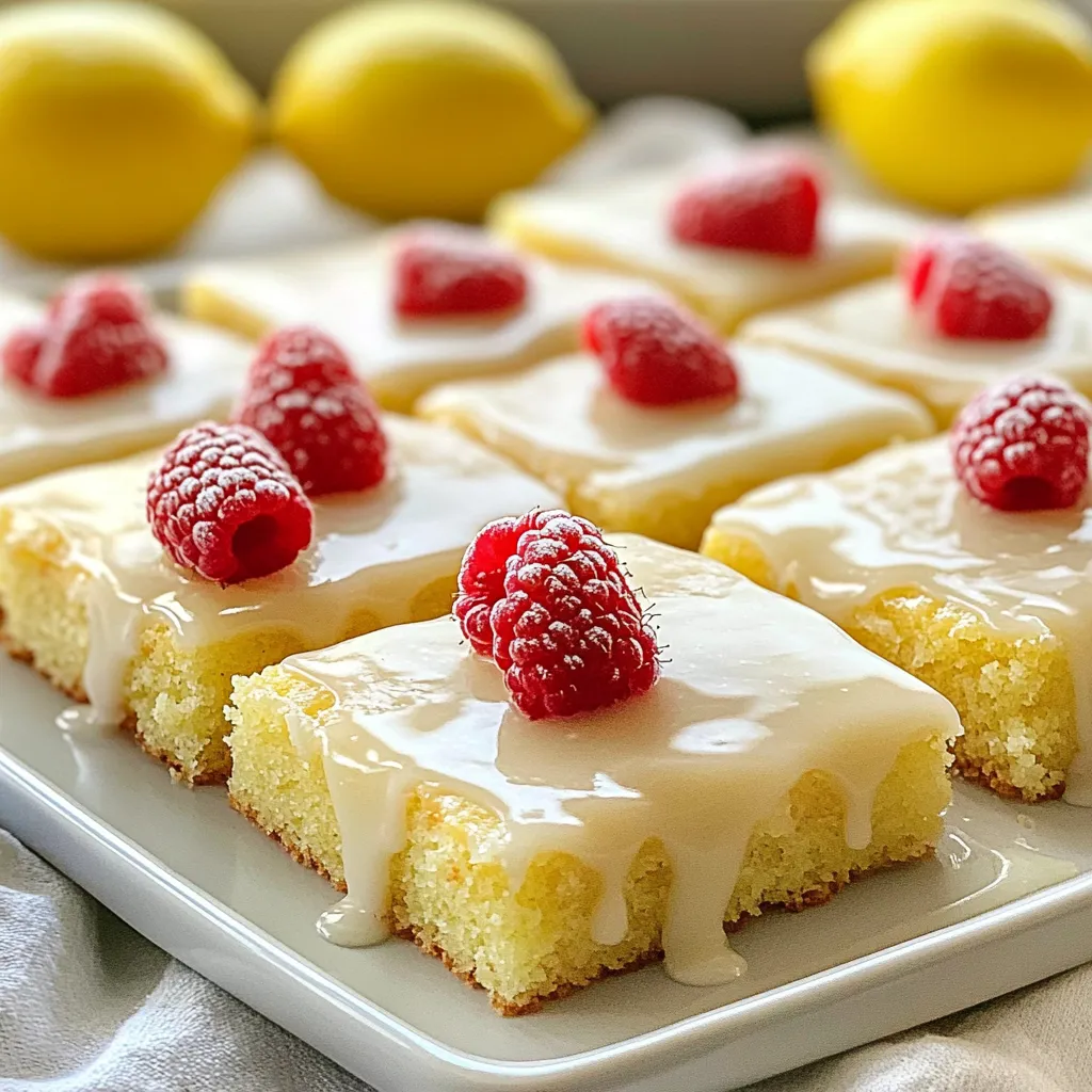 - 2 cups all-purpose flour - 1 ½ cups granulated sugar - 1 tablespoon baking powder - ½ teaspoon salt - 1 cup unsalted butter, softened - 4 large eggs - 1 cup whole milk - Zest of 2 lemons - ¼ cup fresh lemon juice - 1 cup fresh raspberries (plus extra for garnish) - 1 teaspoon vanilla extract - 1 cup powdered sugar (for frosting) - 2 tablespoons lemon juice (for frosting) I use standard cups for dry and wet ingredients. Use a tablespoon for baking powder and salt. A teaspoon works well for vanilla extract. For the raspberries, I measure them by the cup. This way, you get the right amount and balance of flavors. If you need to change some ingredients, here are good options: - Replace all-purpose flour with a gluten-free blend for gluten-free needs. - Use coconut oil or vegetable oil if you don't have butter. - For a dairy-free cake, substitute milk with almond or soy milk. - If you cannot find fresh raspberries, frozen ones work too. Just be sure to thaw and drain them first. - You can use lemon zest from a jar if fresh lemons are not available. These substitutions help maintain the taste while fitting your needs. {{ingredient_image_1}} Start by preheating your oven to 350°F (175°C). This is key for even baking. Next, grab a 12x17 inch sheet cake pan. Grease and flour it well. This helps the cake release easily after baking. In a large mixing bowl, whisk together these dry ingredients: - 2 cups all-purpose flour - 1 ½ cups granulated sugar - 1 tablespoon baking powder - ½ teaspoon salt In another bowl, take your softened butter and four large eggs. Beat them together until the mix is creamy. This step is crucial for a light cake. Slowly mix in one cup of whole milk, lemon zest from two lemons, a quarter cup of fresh lemon juice, and one teaspoon of vanilla extract. Combine well. Now, gently add the dry mix to the wet mix. Stir until just mixed. Be careful not to overmix; it can make the cake tough. Next, fold in one cup of fresh raspberries. Make sure they spread evenly in the batter. Pour the batter into your prepared sheet pan. Spread it out evenly with a spatula. Place the pan in the oven and bake for 25-30 minutes. Check for doneness by inserting a toothpick in the center. It should come out clean when the cake is ready. Once baked, take the cake out and let it cool in the pan for about 10 minutes. After that, move it to a wire rack to cool completely. This helps keep the cake fluffy and moist. While the cake cools, it's time to make the glaze. In a bowl, mix one cup of powdered sugar with two tablespoons of lemon juice. Stir until the glaze is smooth. If it’s too thick, add a tiny bit more lemon juice. When the cake is cool, pour the lemon glaze over the top. Let it drizzle down the sides for a beautiful look. Finally, add extra fresh raspberries on top for garnish. This adds color and extra flavor. Enjoy your Lemon Raspberry Sheet Cake! One common mistake is overmixing the batter. This can make the cake tough. Mix until just combined for a tender crumb. Another mistake is underbaking. Always check with a toothpick. If it comes out clean, the cake is done. Be sure to cool the cake fully before adding the glaze. Otherwise, it might melt and run off. To enhance the flavor, use fresh lemons and raspberries. Their brightness really shines in this cake. Add a bit more lemon zest for extra zing. You can also use more lemon juice in the glaze. This will give you a punchy lemon flavor. If you want a deeper taste, try adding a pinch of salt to the batter. It brings out the sweetness. For a beautiful finish, cut the cake into neat squares. Arrange them on a colorful platter for a festive look. Top each piece with a fresh raspberry. A sprig of mint adds a nice touch too. You can also dust powdered sugar over the cake for a snowy effect. This makes it look even more inviting and delicious. Pro Tips Fresh Ingredients: Use the freshest raspberries and lemons for the best flavor and texture in your cake. Don't Overmix: When combining wet and dry ingredients, mix just until combined to ensure a tender cake. Cooling Time: Allow the cake to cool completely before adding the glaze for a smooth and even finish. Garnish Wisely: Use mint or edible flowers for garnish to elevate the presentation and add a pop of color. {{image_2}} You can switch up the frosting for your Lemon Raspberry Sheet Cake. Cream cheese frosting adds a rich twist. Just mix 8 oz of cream cheese with 1 cup of powdered sugar and 2 tablespoons of lemon juice. Another great choice is whipped cream. This light topping pairs well with the fruity cake. Simply whip 1 cup of heavy cream with 2 tablespoons of sugar until soft peaks form. To boost the flavors, try adding a bit more lemon zest. You can also mix in a splash of raspberry puree. This adds a fun and fruity taste. Want a twist? Try adding a teaspoon of almond extract. It gives a subtle nutty flavor that complements the lemon and raspberry. For a gluten-free cake, swap the all-purpose flour for a gluten-free blend. Many blends work well in cakes. If you want a vegan version, replace the eggs with flax eggs. Mix 1 tablespoon of ground flaxseed with 2.5 tablespoons of water for each egg. Use plant-based butter and almond milk to keep it dairy-free. These swaps still keep the cake light and flavorful. To keep your leftover Lemon Raspberry Sheet Cake fresh, place it in an airtight container. You can also wrap it tightly in plastic wrap. Store it at room temperature for up to three days. If you prefer, you can refrigerate it for up to a week. Just remember, refrigeration can change the texture slightly. You can freeze this cake for longer storage. First, let it cool completely. Then, slice the cake into squares. Wrap each piece in plastic wrap and place them in a freezer-safe bag. This method helps keep the cake moist. The cake can last in the freezer for up to two months. When you’re ready to enjoy it, just thaw it in the fridge overnight. To reheat your cake, preheat your oven to 350°F (175°C). Place the cake slices on a baking sheet. Cover them with foil to keep moisture in. Heat for about 10-15 minutes. You can also use the microwave. Just warm it for 15-20 seconds. Be careful not to overheat, or it may dry out. Enjoy your cake fresh and warm! Yes, you can use frozen raspberries. They will work well in the cake. Just remember to lightly coat them in flour. This helps them stay whole during mixing. Frozen raspberries may make the batter a bit wetter. So, reduce the milk slightly if needed. To boost the lemon flavor, add more lemon juice and zest. You can increase the lemon juice to 1/3 cup. Use the zest of three lemons instead of two. Another way is to use lemon extract. A teaspoon of lemon extract adds a strong lemon taste. This cake pairs well with many things. Serve it with whipped cream for a light touch. A scoop of vanilla ice cream adds creaminess. Fresh mint leaves also make a lovely garnish. You can also enjoy it with a cup of tea or lemonade. You now have all the tools to make the perfect Lemon Raspberry Sheet Cake. We talked about ingredients, measurements, and easy substitutions. I shared step-by-step instructions to guide you through baking, glazing, and garnishing. We also explored tips to avoid common mistakes and enhance flavor. Don’t forget the fun variations and smart storage methods. Baking is about creativity, so feel free to experiment. Enjoy your delicious cake with friends and family!