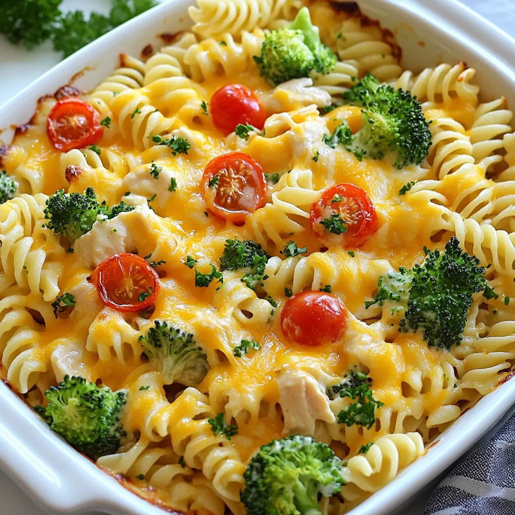 For a tasty Cheesy Chicken Pasta Bake, gather these main ingredients: - 2 cups rotini pasta - 2 cups cooked chicken, shredded - 1 cup broccoli florets (fresh or frozen) - 1 cup cherry tomatoes, halved - 2 cups shredded cheddar cheese - 1 cup Alfredo sauce (store-bought or homemade) - 1/2 cup cream cheese, softened - 1 teaspoon garlic powder - 1 teaspoon onion powder - 1/2 teaspoon paprika - Salt and pepper to taste - 1/4 cup fresh parsley, chopped (for garnish) These ingredients come together to create a warm, cheesy dish that the whole family loves. Each one plays a key role in building flavor and texture. The rotini pasta acts as a sturdy base. The shredded chicken adds protein, while broccoli and cherry tomatoes bring color and nutrition. The blend of cheeses and sauces creates that creamy, cheesy goodness we all crave. To make this dish, you'll need some essential tools: - Baking dish - Mixing bowls - Pot for boiling pasta - Wooden spoon or spatula Using the right tools makes cooking easier and more fun. A good baking dish helps your pasta bake cook evenly. Mixing bowls are perfect for combining ingredients without making a mess. A pot for boiling pasta ensures you get that perfect al dente texture. Lastly, a wooden spoon or spatula helps you mix everything well. With these tools, you'll be ready to create a delicious meal. {{ingredient_image_1}} First, cook the rotini pasta. Follow the package instructions. Cook until al dente. This means the pasta should be firm but not hard. Drain the pasta well and set it aside. Next, shred the cooked chicken. You can use leftover chicken or store-bought rotisserie chicken. Shredding makes it easy to mix with the pasta and sauce. In a large bowl, mix the shredded chicken, broccoli florets, and halved cherry tomatoes with the cooked pasta. Make sure everything is well combined. Now, create the cheese sauce mixture. In a separate bowl, mix the Alfredo sauce with softened cream cheese. Add garlic powder, onion powder, paprika, salt, and pepper. Stir until the mixture is smooth and creamy. Pour the cheese sauce over the chicken and pasta. Mix it well so everything is coated. Then, stir in 1 ½ cups of shredded cheddar cheese. This adds a rich flavor. Transfer the mixture to a greased 9x13 inch baking dish. Spread it evenly across the dish. Top with the remaining ½ cup of cheddar cheese. This will create a nice cheesy crust. Bake in a preheated oven at 375°F (190°C). Bake for 25-30 minutes. The cheese should be melted and bubbly. After baking, let it cool for a few minutes. Then, enjoy your cheesy chicken pasta bake! To ensure your pasta cooks just right, always boil it until it's al dente. This means the pasta should be firm but not hard. Follow the package instructions for timing. Once cooked, drain it well to prevent extra moisture in your bake. When it comes to cheese, clumping can ruin your dish. To avoid this, sprinkle cheese evenly throughout the pasta mixture. Stir gently to coat everything well. This way, you get that creamy, cheesy goodness in every bite. Garnishing with fresh parsley adds a lovely touch to your Cheesy Chicken Pasta Bake. Just chop it finely and sprinkle it on top before serving. This bright color makes the dish pop and adds a fresh flavor. For serving, pair your pasta bake with a simple salad or garlic bread. This makes a complete meal that your family will love. Feel free to switch things up with different veggies or proteins. You can use spinach, bell peppers, or even mushrooms. If you want a new protein, try using turkey or a meat substitute for a vegetarian option. Adjusting spice levels is easy too. If you like heat, add red pepper flakes. For cheese, try using mozzarella for a milder taste or gouda for a smoky flavor. Pro Tips Cook Pasta Al Dente: Make sure to cook the rotini pasta until it's al dente to avoid mushiness after baking. Mix Ingredients Thoroughly: Ensure all ingredients are well mixed in the sauce to achieve a uniform flavor in every bite. Use Fresh Ingredients: Opt for fresh broccoli and cherry tomatoes when possible to enhance the dish's flavor and nutrition. Let It Rest: Allow the dish to cool for a few minutes before serving to help it set and to avoid burns. {{image_2}} You can change the pasta type in this dish. Try using penne or fusilli for fun shapes. You can even use whole wheat or gluten-free pasta for healthier choices. For protein, shredded turkey works well, too. If you want a vegetarian version, use chickpeas or extra veggies. This keeps the bake hearty and filling. Different sauces can change the whole taste. Swap the Alfredo sauce for marinara to give it a tangy kick. Pesto adds fresh herbs and a burst of flavor. You can also add herbs like basil or thyme. A sprinkle of red pepper flakes brings heat. Feel free to play with spices to find your favorite mix. If you need a gluten-free option, use gluten-free pasta. There are many good brands available now. Check the labels to ensure they meet your needs. For a dairy-free version, try using almond cream or cashew cheese. These substitutes can give you a similar creamy texture. Don't forget to check for dairy-free cheese options for topping. To store leftovers, let the dish cool completely. Once cooled, transfer it to an airtight container. You can use glass or plastic containers with tight lids. These keep the dish fresh and prevent odors. Always label the container with the date. This helps you track freshness. For freezing, first, let the dish cool. Then, portion it into freezer-safe containers. Make sure to leave some space at the top for expansion. Wrap each container tightly with plastic wrap for extra protection. When you’re ready to eat, thaw the dish in the fridge overnight. Reheat in the oven at 350°F until hot, about 20-30 minutes. You can also microwave individual portions for quick meals. In the fridge, Cheesy Chicken Pasta Bake lasts about three to four days. If frozen, it can stay good for up to three months. After this time, the taste and texture may change. Always check for signs of spoilage before eating, like off smells or changes in texture. Yes, you can prepare this dish in advance. Here are some tips for prepping: - Cook the pasta: Make the rotini pasta and cool it before mixing. - Mix ingredients: Combine the chicken, veggies, and sauce. Store this mixture in the fridge. - Assemble: Layer the pasta mixture and cheese just before baking. - Bake later: Cover tightly and bake when ready. It might need a few extra minutes. You can lighten the dish while keeping it tasty. Here are some easy swaps: - Use whole wheat pasta: It adds fiber and nutrients. - Add more veggies: Include spinach, bell peppers, or zucchini for added vitamins. - Choose low-fat cheese: Use reduced-fat cheddar or mozzarella for fewer calories. - Swap Alfredo sauce: Try a lighter sauce or make one with Greek yogurt for creaminess. For a rich flavor and texture, here are my top picks: - Cheddar cheese: It melts well and adds a sharp taste. - Mozzarella cheese: This gives a nice stretchiness and mild flavor. - Parmesan cheese: A sprinkle on top adds a salty kick. - Blend of cheeses: Mixing different cheeses can create a complex flavor profile. In this post, I covered how to make a tasty Cheesy Chicken Pasta Bake. We went over the main ingredients, tools needed, and step-by-step instructions. I provided helpful tips for cooking, presentation, and customization. I also shared variations for different diets and how to store leftovers. This dish is simple and fun to make. Feel free to try new flavors or ingredients. Enjoy your cooking and create a meal everyone will love!