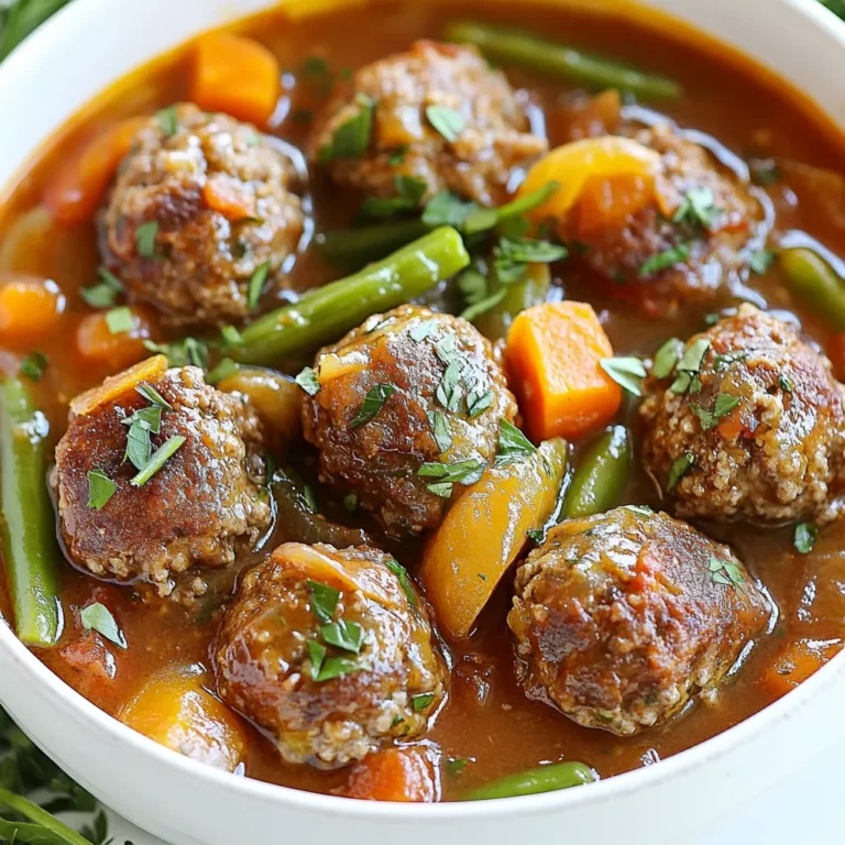 To make the meatballs, you need: - 1 pound ground beef or turkey - 1/2 cup breadcrumbs - 1/4 cup grated Parmesan cheese - 1 large egg - 2 cloves garlic, minced - 1 teaspoon Italian seasoning - Salt and pepper, to taste These ingredients create a tasty base for your meatballs. The meat gives protein, while the breadcrumbs add texture. Parmesan cheese brings a nice flavor. The egg helps bind everything together. Garlic and Italian seasoning add a savory touch. For the stew, you will need: - 1 medium onion, diced - 2 carrots, sliced - 2 stalks celery, diced - 1 cup green beans, trimmed and halved These veggies add color and nutrition. Onions bring sweetness when cooked. Carrots add a bit of crunch, while celery gives a fresh taste. Green beans add a nice pop of color and flavor. You will also need: - 4 cups low-sodium beef broth - 1 can (14.5 oz) diced tomatoes, with juice - 2 tablespoons fresh parsley, chopped (for garnish) The beef broth forms the stew's base. Diced tomatoes add acidity and sweetness. Fresh parsley gives a bright finish. Salt and pepper help enhance all the flavors. {{ingredient_image_1}} To make the meatballs, gather a large mixing bowl. Add 1 pound of ground beef or turkey. Then, mix in 1/2 cup of breadcrumbs and 1/4 cup of grated Parmesan cheese. Next, crack in 1 large egg and add 2 cloves of minced garlic. Sprinkle in 1 teaspoon of Italian seasoning, plus salt and pepper to taste. Combine all the ingredients well. Now, roll the mixture into small meatballs, about 1 inch wide. Set these aside on a plate. In a large pot or Dutch oven, heat 1 tablespoon of olive oil over medium heat. Add 1 medium diced onion, 2 sliced carrots, and 2 diced celery stalks. Sauté the vegetables for 5 to 7 minutes until they soften. You want the onion to turn translucent. After this, gently add the meatballs to the pot. Cook them for about 5 minutes, turning until they are browned on all sides. They do not need to be fully cooked yet. With the meatballs browned, pour in 4 cups of low-sodium beef broth and a can of diced tomatoes with their juice. Stir well to mix everything together. Bring the stew to a simmer, then reduce the heat to low. Add 1 cup of trimmed and halved green beans. Cover the pot and let it cook for about 20 minutes. This allows the flavors to meld and the meatballs to finish cooking. After cooking, taste the stew and adjust the seasoning with salt and pepper if needed. To make your meatballs juicy, use a mix of ground beef and turkey. The beef adds flavor, while turkey keeps them moist. Adding breadcrumbs helps too. They act like little sponges, soaking up liquid. Also, don’t overmix the meat. Just combine the ingredients until mixed. This keeps the meatballs tender. Seasoning is key for great flavor. Use garlic, Italian seasoning, salt, and pepper. Fresh herbs add a nice touch. Try using parsley or basil for brightness. Taste the meatball mix before you shape them. Adjust the seasoning if needed. Remember, the broth and tomatoes will add more flavor as well. When cooking the stew, be gentle. Stir the pot carefully to keep meatballs intact. After adding broth and tomatoes, bring it to a simmer. This helps the flavors blend. Keep the pot covered while it cooks. This traps steam and cooks the meatballs through. Check the stew near the end to adjust seasoning. Enjoy your warming, hearty dish! Pro Tips Use Fresh Herbs: Fresh parsley adds a vibrant flavor. Consider adding basil or oregano for an extra aroma. Create Flavor Depth: Sautéing the vegetables before adding the broth enhances the stew's overall flavor. Adjust Consistency: If you prefer a thicker stew, mix a tablespoon of cornstarch with water and stir it in during the last few minutes of cooking. Make Ahead: This stew can be made in advance and tastes even better the next day as the flavors meld together. {{image_2}} You can use beef or turkey for this stew. Ground beef gives a rich taste. It is hearty and filling. Ground turkey is a light option. It has less fat and fewer calories. Both meats work well in the recipe. If you want a unique twist, try mixing them. This blend adds flavor and keeps it juicy. You can swap out veggies to match your taste. Try using bell peppers for a sweet kick. Zucchini adds a nice texture and flavor too. If you like greens, spinach or kale works well. Just add them in the last few minutes of cooking. This keeps them fresh and vibrant. Use what you have at home. It's a great way to reduce waste. Spices can change the whole dish. Add a pinch of red pepper flakes for heat. A dash of smoked paprika gives a nice depth. If you like herbs, fresh basil or thyme can brighten it up. You can even add a splash of Worcestershire sauce for a tangy kick. Experiment with spices to find your perfect blend. Each addition can create a new favorite version of this stew. To keep your meatball stew fresh, store it in an airtight container. Let it cool first. Place it in the fridge for up to three days. When ready to eat, check for any signs of spoilage. If it smells off, toss it out. If you want to save your stew for later, freezing works great. Use freezer-safe containers or bags. Leave some space at the top, as the stew will expand. You can freeze it for up to three months. When you are ready to eat, thaw it in the fridge overnight before reheating. Reheat your meatball stew on the stove or in the microwave. For the stove, use low heat and stir often. This helps to heat it evenly. If using a microwave, cover the bowl and heat in short bursts. Stir between each burst. Make sure it's hot throughout before serving. Yes, you can make One-Pot Meatball Stew ahead of time. Cook the stew fully and let it cool. Store it in the fridge for up to three days. The flavors will get better overnight. Just reheat it on the stove or in the microwave. You can serve meatball stew with many sides. Here are a few ideas: - Crusty bread for dipping - Rice or pasta to soak up the sauce - A fresh green salad for crunch - Mashed potatoes for a cozy touch To make this dish healthier, try these tips: - Use ground turkey instead of beef. - Add more vegetables like spinach or zucchini. - Choose whole grain breadcrumbs for added fiber. - Use low-sodium broth to cut down on salt. Yes, you can use frozen meatballs. Just add them to the pot while cooking. They will thaw and heat up in the stew. This option saves time and works well if you're in a hurry. This blog post covers how to make a delicious one-pot meatball stew. We talked about the main ingredients, vegetables, and needed liquids. I shared step-by-step instructions, tips for juicy meatballs, and ways to spice things up. You learned storage methods, reheating tips, and answers to common questions. When you make this stew, you can enjoy a warm, tasty meal. Keep experimenting with your ingredients to make it your own. Cooking should be fun and creative!