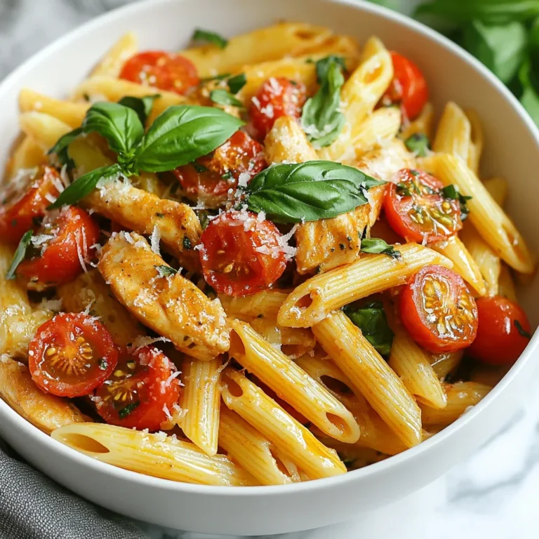 - 2 boneless, skinless chicken breasts - 8 oz penne pasta - 1 cup cherry tomatoes, halved - 1/2 cup fresh basil leaves, chopped - 2 cloves garlic, minced - 1 tablespoon balsamic vinegar - 1 tablespoon olive oil - Salt and pepper to taste - 1/2 cup mozzarella cheese, shredded - 1/4 cup grated Parmesan cheese When I cook, I always choose fresh ingredients. Fresh chicken tastes better and cooks evenly. Look for chicken that is pink and firm. For tomatoes, use bright, ripe cherry tomatoes. They add sweetness and color. Basil should be vibrant green and fragrant. Fresh herbs elevate the dish. For cheese, opt for whole blocks of mozzarella and Parmesan. Grating your own cheese gives the best flavor and texture. Measuring ingredients correctly is key for great results. Use a kitchen scale for the chicken. This ensures even cooking. For the pasta, measuring cups work well. Fill the cup to the top and level it off. For liquids like balsamic vinegar and olive oil, use a liquid measuring cup. Always check your measurements twice. This helps maintain balance in flavors and textures. {{ingredient_image_1}} Start by boiling a large pot of salted water. Add 8 ounces of penne pasta. Cook it according to the package instructions until it is al dente. This usually takes around 10-12 minutes. Once done, drain the pasta and set it aside. This step is key to getting the right texture. While the pasta cooks, grab two boneless, skinless chicken breasts. Season them with salt and pepper. Heat one tablespoon of olive oil in a skillet over medium heat. Add the chicken breasts to the hot skillet. Cook for 6-7 minutes on each side. You want them golden brown and fully cooked. Remove the chicken from the skillet and let it rest for a few minutes. After resting, slice the chicken into bite-sized pieces. This makes it easy to mix into the pasta. In the same skillet, add two cloves of minced garlic. Cook the garlic for one minute until it smells great. Next, add one cup of halved cherry tomatoes and one tablespoon of balsamic vinegar. Stir well and cook for another 3-4 minutes. The tomatoes should soften but still hold their shape. Now, add the cooked penne pasta to the skillet. Mix it with the tomato and garlic mix. Stir in half a cup of chopped fresh basil and the sliced chicken, blending everything nicely. Finally, add half a cup of shredded mozzarella cheese and half of the grated Parmesan cheese. Stir until the cheese melts. This creates a rich, creamy texture. Seasoning makes all the difference in Bruschetta Chicken Pasta. Use salt and pepper to bring out the chicken's flavor. Fresh herbs like basil add a bright taste. You can sprinkle some garlic powder for an extra kick. Balsamic vinegar gives a sweet tang that ties everything together. Taste as you cook, and adjust the seasoning to your liking. Cooking chicken right is key to a tasty dish. Start with boneless, skinless chicken breasts for a quick cook. Heat your skillet before adding the chicken; this helps it brown nicely. Sear the chicken for 6-7 minutes on each side. Check that it’s fully cooked by cutting into it; there should be no pink inside. Let it rest before slicing. This keeps the juices in and makes it tender. Melted cheese adds creaminess to your pasta. To get that perfect melt, add the mozzarella once the heat is off. Stir gently to combine it with the pasta. The residual heat will melt the cheese without making it rubbery. For extra flavor, sprinkle more grated Parmesan on top right before serving. This will give your dish a nice finish. Pro Tips Rest the Chicken: Let the seared chicken sit for a few minutes before slicing. This helps retain its juices, keeping the meat tender and flavorful. Fresh Basil Boost: Add fresh basil at the end of cooking to preserve its vibrant flavor and aroma. This ensures a bright, herbal note in your dish. Custom Cheese Blend: Feel free to mix different cheeses! Try adding feta or goat cheese for a tangy twist that complements the tomatoes beautifully. Perfect Pasta Texture: Cook the penne just until al dente and toss it with the sauce immediately to ensure it absorbs flavors without becoming mushy. {{image_2}} You can swap chicken for other proteins. Try shrimp or turkey for a change. Both cook quickly and add flavor. If you want plant-based options, use chickpeas or tofu. They soak up flavors well and add texture. Adding veggies boosts nutrition and flavor. Try bell peppers, spinach, or zucchini. They cook nicely with the chicken and tomatoes. You can toss in some broccoli for extra crunch. Just remember to chop them small for even cooking. Penne is great, but you can use other pasta too. Fusilli or farfalle work well in this dish. Whole grain pasta adds fiber and a nutty taste. For a gluten-free option, choose rice or lentil pasta. They will still give a nice bite. Store leftover bruschetta chicken pasta in an airtight container. Make sure it cools down first. Place it in the fridge for up to three days. Keep the pasta and chicken together for best results. This keeps the flavors fresh and tasty. To reheat, use a skillet for the best flavor. Add a splash of water or olive oil. This helps to keep the pasta moist. Heat over medium-low heat, stirring gently. You can also use the microwave, but this may dry out the dish. Heat in short bursts and stir often to warm evenly. You can freeze bruschetta chicken pasta for later meals. First, let it cool completely. Then, divide it into portions in airtight containers. It can stay good in the freezer for up to three months. When ready to eat, thaw it in the fridge overnight. Reheat it on the stove for the best taste. Yes, you can use dried herbs. Dried herbs are easy to find and store. They can last a long time in your pantry. Use about one-third of the amount you would use for fresh herbs. So, if the recipe calls for a tablespoon of fresh basil, use only a teaspoon of dried basil. The flavor might not be as bright, but your dish will still taste good. To make Bruschetta Chicken Pasta vegetarian, skip the chicken. You can add protein-rich options like chickpeas or tofu. Both will soak up the flavors well. You can also load up on veggies like bell peppers, spinach, or zucchini. These will add color and taste. Adjust the cooking time to ensure everything is tender and delicious. Bruschetta Chicken Pasta pairs well with several sides. A fresh green salad is a great choice. It adds crunch and balances the meal. Garlic bread or a crusty baguette is also good for dipping. You might enjoy a light dessert, like sorbet, to finish your meal. These options keep your dinner light and enjoyable. This blog post covered the key steps for making Bruschetta Chicken Pasta. We explored every ingredient, focusing on freshness, quality, and accurate measuring. I provided detailed cooking instructions for both pasta and chicken while sharing tips to enhance flavor and cheese melting. We even looked at variations and storage options to increase meal flexibility. In closing, cooking is an art, and each step matters. Follow these tips for great results! Enjoy your delicious creation!