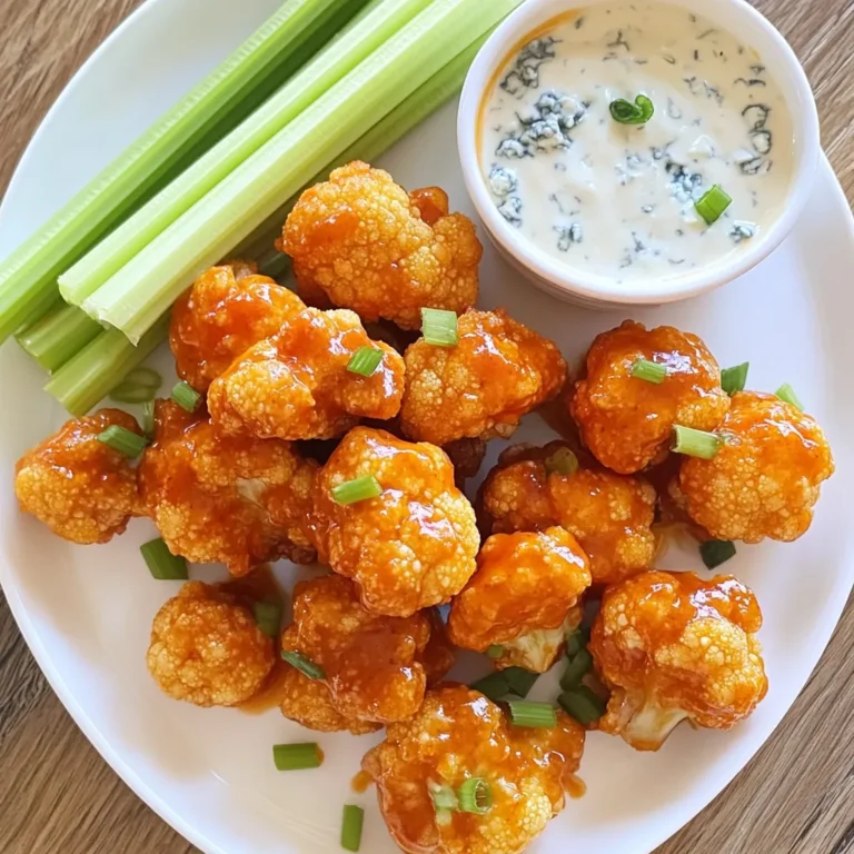 - Cauliflower florets - Batter ingredients: flour, garlic powder, onion powder, smoked paprika, salt, water - Buffalo sauce and butter For these Buffalo Cauliflower Bites, you need fresh cauliflower florets. They give the best taste and texture. Next, you will use a mix of flour, garlic powder, onion powder, smoked paprika, and salt to create a batter. This mix adds flavor and helps the cauliflower get crispy. You’ll also need water to make the batter smooth. To finish, you will need buffalo sauce and melted butter. This combination gives the bites that spicy kick we love. You can use store-bought buffalo sauce for convenience or make your own if you prefer. - Fresh celery sticks - Dipping dressings: blue cheese or ranch dressing When serving, I recommend fresh celery sticks. They add a nice crunch and balance the heat. Pair your bites with either blue cheese or ranch dressing for dipping. Both dressings complement the spicy flavor well. Enjoy these bites hot for the best experience! {{ingredient_image_1}} 1. Preheat your oven to 450°F (232°C). This heat makes the bites crispy. 2. Line a baking sheet with parchment paper. This helps with easy cleanup. 3. In a large bowl, whisk together these ingredients: - 1 cup all-purpose flour - 1 teaspoon garlic powder - 1 teaspoon onion powder - 1 teaspoon smoked paprika - 1 teaspoon salt - 1 cup water Mix until smooth. This batter will coat the cauliflower. 1. Dip each cauliflower floret into the batter. Make sure each piece is well-coated. 2. Place the coated florets on the baking sheet. Keep space between them for even cooking. 3. Bake these for 20 minutes. They should turn golden and slightly crispy. 4. While baking, mix 1 cup buffalo sauce with 2 tablespoons melted butter. Stir until combined. 5. After 20 minutes, remove the cauliflower from the oven. Drizzle the buffalo sauce on top. 6. Toss gently to coat the florets evenly with the sauce. 7. Return the cauliflower to the oven. Bake for another 10 minutes. This helps the sauce stick and caramelize. 8. Once done, take them out and allow them to cool slightly before serving. To get those crispy cauliflower bites, focus on the batter. A thick batter coats the florets well. If it's too thin, your bites will turn out soggy. You want a nice, smooth mix. Use equal parts flour and water for the best results. Next, baking technique matters. Preheat your oven to a high temperature, around 450°F (232°C). This helps to crisp the coating quickly. Spread the florets out on the baking sheet. Give them space to breathe. If they touch, they will steam instead of crisp. Bake for 20 minutes first. This initial bake creates a strong base. After that, add the buffalo sauce and bake again. This second bake allows the sauce to caramelize and adds extra crunch. To kick up the flavor, think about spices. You can add cayenne pepper for heat or smoked paprika for depth. A bit of cumin can also add a nice earthy note. Feel free to play around with your favorite spices for a personal touch. When it comes to buffalo sauce, choose wisely. A good sauce should have a balance of heat and flavor. Store-bought options work great, but homemade can shine. Consider mixing your buffalo sauce with melted butter. This adds richness and helps the sauce stick. Experiment with different brands or styles to find your favorite. Pro Tips Adjust the Spice Level: If you prefer a milder flavor, use a less spicy buffalo sauce or mix it with some ranch dressing before applying. Keep It Crisp: For extra crispiness, consider air-frying the cauliflower bites after baking. This will give them an even crunchier texture. Experiment with Seasonings: Feel free to customize the batter by adding different spices like cumin or cayenne pepper for a unique twist. Perfect Dipping Sauce: Try mixing blue cheese with a bit of sour cream for a creamy dip that complements the heat of the buffalo sauce. {{image_2}} You can switch up the sauce on your Buffalo cauliflower bites. BBQ sauce offers a sweet twist. Honey mustard adds a tangy kick. If you want a vegan option, look for plant-based buffalo sauces. Many brands make them now, and they taste great! If you need gluten-free options, try almond or coconut flour. Both work well and add unique flavor. You can also add cheese for extra richness. Try sprinkling shredded cheese on top before baking. For a fun twist, use different coatings. Panko breadcrumbs create a crunchy texture. To keep your Buffalo Cauliflower Bites fresh, store them properly. First, let them cool completely. Then, place the bites in an airtight container. Make sure to separate layers with parchment paper to avoid sticking. Store the container in the fridge. They last about 3 to 4 days this way. If you want to keep them longer, consider freezing them. Place the bites on a baking sheet in a single layer. Freeze until solid, then transfer to a freezer-safe bag. They can stay frozen for up to 3 months. Reheating is key to keeping that crunch. For best results, use your oven. Preheat it to 375°F (190°C). Place the cauliflower bites on a baking sheet lined with parchment. Bake for about 10 to 15 minutes. This will help restore their crispiness. You can also use an air fryer. Set it to 350°F (175°C) and cook for about 5 to 7 minutes. Both methods keep the bites tasty and crispy, just like when they were fresh. To make Buffalo Cauliflower Bites gluten-free, swap the all-purpose flour for a gluten-free flour blend. Many brands offer mixes that work well in recipes. You can also use almond flour or chickpea flour. These alternatives keep the bites crispy and tasty. Just follow the same steps in the recipe using your chosen flour. Yes, you can use frozen cauliflower! Just thaw it and pat it dry before using. Remove excess moisture to ensure crispiness. Frozen cauliflower may take a bit longer to bake, so keep an eye on it. Aim for a golden color to know when it’s ready. Buffalo Cauliflower Bites pair well with fresh celery sticks. The crunch of celery balances the spicy flavor. You can also serve them with blue cheese or ranch dressing for dipping. Feel free to add other veggies or chips for more variety. You now have a clear guide to making delicious Buffalo Cauliflower Bites. From preparing the ingredients to achieving the perfect batter, every step matters. Remember to experiment with spices and sauces to enhance flavor. Keep leftovers sealed tightly for freshness and reheat them to maintain crispiness. With these tips, you can enjoy this tasty treat any time. Step into the kitchen and start creating your own mouthwatering bites!