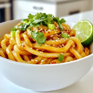To make this dish, you need these key ingredients: - 200g udon noodles - 3 tablespoons olive oil - 4 cloves garlic, minced - 1 red chili, finely chopped (adjust to taste) - 2 tablespoons soy sauce - 1 tablespoon sesame oil - 1 tablespoon rice vinegar - 1 teaspoon sugar These ingredients work together to create a bold and tasty meal. Udon noodles are thick and chewy, which makes them perfect for soaking up flavors. Garlic adds a strong, savory taste, and the red chili brings heat. Garnishes can add color and flavor. Here are some options: - 1 green onion, sliced (for garnish) - Sesame seeds (for garnish) - Fresh cilantro (optional, for garnish) Green onions give a fresh crunch. Sesame seeds add a nutty taste. Cilantro offers a bright, herbal note. These garnishes not only make the dish look nice but also enhance the overall flavor. You can swap some ingredients if needed: - Use canola oil instead of olive oil for a lighter taste. - Substitute the red chili with chili flakes for a different heat level. - If you're out of rice vinegar, lemon juice works well. These swaps keep the dish tasty while using what you have. Don’t be afraid to experiment; cooking should be fun! Start by boiling water in a pot. Add 200g of udon noodles when the water is bubbling. Cook them for about 3-4 minutes. Test the noodles to ensure they are soft but still firm. Drain the noodles and set them aside to keep warm. Perfectly cooked udon will be chewy and smooth. In a large skillet or wok, pour in 3 tablespoons of olive oil. Heat the oil over medium heat. Next, add 4 cloves of minced garlic and 1 finely chopped red chili to the skillet. Stir them for about 1 minute. Keep an eye on the garlic to prevent burning. The chili adds heat, while the garlic brings depth. This step is key for great flavor. After the garlic and chili smell amazing, stir in 2 tablespoons of soy sauce, 1 tablespoon of sesame oil, 1 tablespoon of rice vinegar, and 1 teaspoon of sugar. Mix well and let it simmer for about 30 seconds. Now, add the cooked udon noodles to the skillet. Toss the noodles in the sauce for about 1-2 minutes. Make sure they are well coated and heated through. Finally, transfer the noodles to a serving plate. Garnish with sliced green onions, sesame seeds, and fresh cilantro if you like. Enjoy your spicy garlic udon noodles! You can change the spice level in this dish easily. If you like it mild, use less red chili. You can also remove the seeds from the chili to lessen the heat. For more spice, add extra chopped chili or a dash of hot sauce. Always taste as you go. It helps you find the right balance. Want to add more flavor? Try adding some fresh ginger. A teaspoon of grated ginger gives a nice kick. You can also toss in vegetables like bell peppers, broccoli, or snap peas. They not only taste great but also add color. For a nutty touch, sprinkle in some crushed peanuts or cashews before serving. To save time, prep your ingredients before you start cooking. Mince the garlic and chop the chili ahead of time. Cook the udon noodles while you heat the oil. This way, you can add the noodles right after the sauce is ready. Using a large skillet or wok helps speed up cooking, as it gives you more room to toss the noodles and sauce together. {{image_2}} You can easily make this dish vegetarian. Just skip the meat. Instead, add more veggies. Great options include bell peppers, broccoli, or mushrooms. These add color and texture. You can also use tofu for protein. Firm tofu works best. Just cube it and sauté it with garlic. If you want some meat, chicken and shrimp work well. For chicken, use thin strips. Cook them in the oil first. For shrimp, add them after the garlic and chili. Both options will soak up the spicy sauce. If you prefer tofu, use extra-firm. It will hold its shape better. Cook it until golden brown. This adds a nice crunch. If you need gluten-free noodles, try rice noodles or zucchini noodles. Rice noodles mimic the texture of udon. Just soak them in warm water. For zucchini, spiralize it into thin strands. You will cook them less time than udon. This keeps the noodles crisp and fresh. Both options taste great with the spicy garlic sauce. After enjoying your Spicy Garlic Udon Noodles, let any leftovers cool down. Store them in an airtight container. You can keep them in the fridge for up to three days. This helps keep the flavors fresh. Make sure to seal the container tightly to avoid any unwanted smells. When you're ready to eat the leftovers, reheating is key. Place the noodles in a skillet over low heat. Add a splash of water or more oil to keep them moist. Stir gently to combine. Heat until they are warm, about 3-5 minutes. This keeps them tasty and prevents them from drying out. If you want to save your noodles for later, freezing is a great option. Put the cooled noodles in a freezer-safe bag. Squeeze out the air before sealing. They can stay in the freezer for up to a month. When you want to eat them, take them out and thaw in the fridge overnight. You can also microwave them for a quick thaw. Just add a bit of water to keep them nice and soft. Yes, you can make Spicy Garlic Udon Noodles ahead. Store the cooked noodles and sauce separately. This keeps the noodles from getting soggy. When ready to eat, just heat both and mix them together. It saves time for busy days. You can serve Spicy Garlic Udon Noodles in many fun ways. Try these ideas: - In Bowls: Use deep bowls for a nice look. - With Lime Wedges: Add lime for a fresh twist. - With Extra Toppings: Top with avocado, peanuts, or crispy shallots. - As a Side: Pair it with grilled meats or stir-fried veggies. To boost the heat in your Spicy Garlic Udon Noodles, try these tips: - Add More Chili: Use more chopped red chili. - Chili Oil: Drizzle chili oil on top before serving. - Red Pepper Flakes: Sprinkle red pepper flakes while cooking. - Hot Sauce: Mix in your favorite hot sauce to the sauce. These options let you adjust the spice to fit your taste. Spicy Garlic Udon Noodles offer a delightful mix of flavor and fun. You learned about key ingredients and how to cook them perfectly. We explored tips to enhance taste, adjust spice, and create variations. Storing and reheating methods ensure leftovers taste great too. Now, go ahead and enjoy making this dish your own. Experiment with flavors and share with friends and family. Enjoy the spicy goodness!