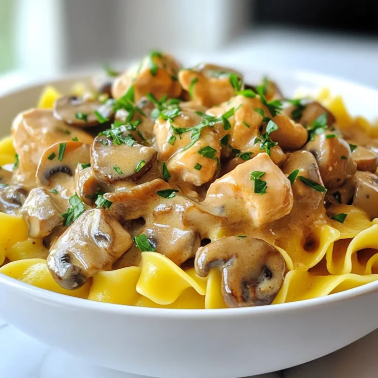 To create a tasty creamy chicken stroganoff, you need fresh and simple ingredients. Here’s what you will need: - 500g chicken breast, cut into strips - 250g mushrooms, sliced - 1 medium onion, finely chopped - 2 cloves garlic, minced - 1 cup chicken broth - 1 cup sour cream - 2 tablespoons olive oil - 2 tablespoons flour - 1 tablespoon Dijon mustard - Salt and pepper to taste - Fresh parsley, chopped (for garnish) - Cooked egg noodles or rice (for serving) Each ingredient plays a key role in the dish. The chicken breast offers protein, while mushrooms add earthy flavor. Onions and garlic bring aromatic warmth. Chicken broth gives depth, and sour cream adds creaminess. Olive oil helps with cooking, and flour thickens the sauce. Dijon mustard gives a tangy kick. Finally, salt, pepper, and parsley enhance the overall taste. Make sure you have everything ready before you start cooking. This helps you enjoy the process and create a delicious meal. {{ingredient_image_1}} 1. Heat 2 tablespoons of olive oil in a large skillet over medium heat. 2. Add 1 medium onion, finely chopped, and 2 cloves of minced garlic. Sauté until the onion turns translucent, about 2-3 minutes. 3. Add 500g of chicken breast, cut into strips. Season with salt and pepper. Cook for 5-7 minutes until the chicken is browned and cooked through. 4. Stir in 250g of sliced mushrooms. Cook for an additional 4-5 minutes until they are tender. 1. Sprinkle 2 tablespoons of flour over the chicken and mushroom mix. Stir well to combine and cook for 1-2 minutes to remove the raw flour taste. 2. Gradually pour in 1 cup of chicken broth while stirring constantly. Keep stirring until the mixture thickens. 3. Lower the heat. Stir in 1 cup of sour cream and 1 tablespoon of Dijon mustard until well blended. Heat through, but do not let it boil. Adjust seasoning as needed. 1. Serve the creamy chicken stroganoff over cooked egg noodles or rice. 2. Garnish with fresh parsley for a bright touch. - Ensuring chicken is cooked through: Cut chicken into strips. This helps it cook evenly. Cook until the inside reaches 165°F. Use a meat thermometer for best results. - Achieving the right thickness for the sauce: After adding flour, stir well. This helps thicken the sauce. Pour in broth slowly while stirring. It should become creamy, not runny. - Avoiding boiling the sour cream: When adding sour cream, lower the heat. Stir gently to combine. Boiling can cause the sour cream to curdle and lose its creaminess. - Suggested spices or herbs: Add fresh thyme or dill for a bright flavor. Paprika gives warmth and depth. A bit of garlic powder can boost the taste too. - Customizing with different mustards: Try whole grain mustard for texture. Spicy brown mustard adds a kick. Each type brings a new twist to your dish. - Pairing with side dishes: Serve over egg noodles or rice. Both soak up the sauce well. You can also pair it with steamed vegetables for balance. - Recommended garnishes: Fresh parsley adds color and freshness. You can also sprinkle some paprika for visual appeal. A squeeze of lemon juice brightens the flavors too. Pro Tips Use Fresh Ingredients: Fresh chicken and mushrooms will enhance the flavor and texture of your stroganoff, making it more delicious. Don’t Overcook the Chicken: To avoid dry chicken, cook it just until it’s no longer pink in the center; it will continue to cook in the sauce. Adjust the Thickness: If the sauce is too thick, add a little more chicken broth to reach your desired consistency. Garnish for Flavor: Adding fresh parsley not only makes the dish look appealing but also adds a fresh flavor that complements the creamy sauce. {{image_2}} You can easily switch the chicken for turkey or beef. Turkey gives a lighter taste, while beef adds a hearty flavor. Use the same method as with chicken. For a vegetarian option, try using mushrooms or tofu. Both options provide great texture and soak up flavors well. Mix things up with different sauces. You can create a creamy base using cream cheese or Greek yogurt. These alternatives give a rich flavor. Adding white wine or sherry can enhance the dish too. Just pour it in after browning the meat and let it simmer. This adds a nice depth to the taste. If you want dairy-free options, use coconut milk or cashew cream instead of sour cream. These keep the dish rich and creamy. For low-carb variations, use cauliflower rice instead of egg noodles. This makes it lighter and still delicious. Enjoy experimenting with these options to find your favorite! To keep your creamy chicken stroganoff fresh, follow these steps: - Let the dish cool completely before storage. - Use airtight containers to prevent moisture loss and odor absorption. - Store in the fridge for up to 3 days. For longer storage, consider freezing. However, the texture may change slightly. - Use freezer-safe containers or heavy-duty freezer bags. - Label the containers with the date. To enjoy your stroganoff again, reheat it gently. - Use a saucepan on low heat, stirring often. - Add a splash of chicken broth or water to keep it moist. Microwave reheating is quick but can dry out the dish. If you use a microwave: - Cover the container to trap steam. - Heat in short bursts, stirring in between. Avoid high heat to keep the creamy sauce smooth and tasty. How do I make Creamy Chicken Stroganoff without sour cream? You can use Greek yogurt or cream cheese instead. Both give a nice creaminess. Just stir them in at the end. This keeps the flavor rich without the sour cream. Can I freeze Creamy Chicken Stroganoff? Yes, you can freeze it! Just cool it first. Then place it in an airtight container. It will stay good for about 3 months. To reheat, thaw it overnight in the fridge and warm it on the stove. What is the best side to serve with Creamy Chicken Stroganoff? Egg noodles or rice are the best sides. They soak up the creamy sauce and add texture. You can also serve it with a fresh green salad for balance. How to reduce calories in this recipe? You can use lean chicken breast and low-fat sour cream. Also, cut back on the oil and flour. This will help lower the calorie count while still keeping it tasty. Can I prepare this dish in advance? Yes, you can! Make it a day ahead and store it in the fridge. Just reheat it gently when you’re ready to serve. This can help the flavors blend even more. What can I use instead of chicken broth? You can use vegetable broth or water with seasoning. Both options work well and keep the dish flavorful. Are there any substitutes for Dijon mustard? Yes, you can use yellow mustard or whole grain mustard. They will change the flavor slightly but will still taste great in your stroganoff. In this blog post, I covered how to make a delicious Creamy Chicken Stroganoff. We explored the key ingredients and step-by-step instructions to create this dish. I shared handy cooking tips, variations, and storage techniques to suit your needs. Remember, you can adjust the recipe with different proteins or sauces. Enjoy this comforting meal over egg noodles or rice. With these insights, you are ready to impress at your next meal. Happy cooking!