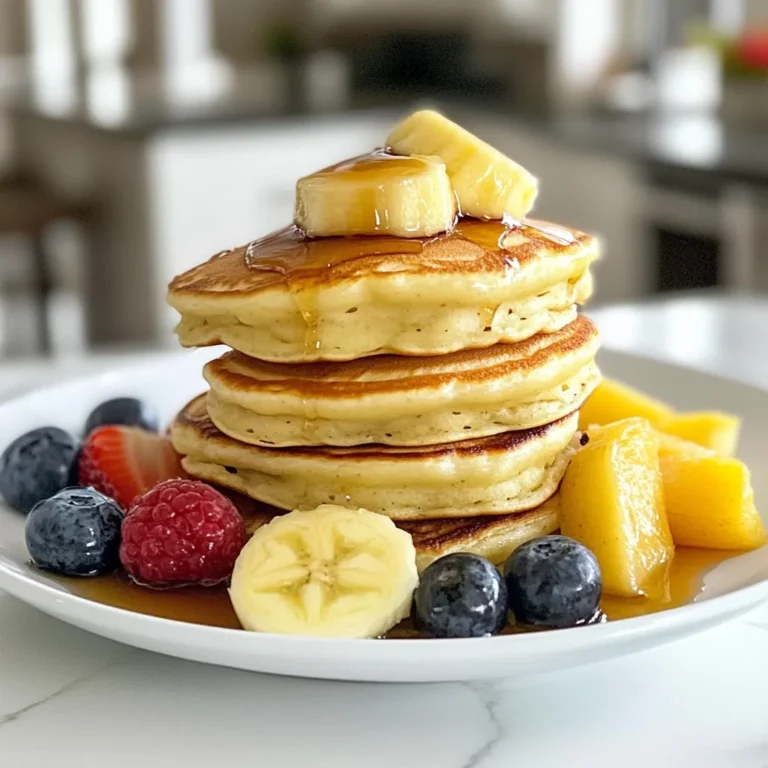 To make fluffy cottage pancakes, you need these key ingredients: - 1 cup cottage cheese - 3 large eggs - 1 cup all-purpose flour - 1 tablespoon baking powder - 2 tablespoons sugar - 1 teaspoon vanilla extract - 1/4 teaspoon salt - 1/2 cup milk (or more for desired batter consistency) - Butter or oil for cooking Cottage cheese adds a unique texture. It helps make the pancakes fluffy and moist. Eggs bind everything together, while flour gives structure. Baking powder makes the pancakes rise, creating a light feel. Sugar adds sweetness, and vanilla gives a lovely flavor. Salt balances the sweetness and enhances taste. You can customize your pancakes with these optional ingredients: - Fresh fruits (like blueberries or bananas) - Chocolate chips - Nuts (like walnuts or pecans) - Cinnamon for extra flavor Adding fruits or nuts can give your pancakes a delicious twist. Chocolate chips can turn breakfast into a treat. Feel free to mix and match for fun flavors. When buying ingredients, focus on quality: - Choose fresh cottage cheese. Look for a creamy texture and no lumps. - Use large eggs for the best results. Fresh eggs yield better flavor. - Select all-purpose flour that is unbleached for a natural taste. - Opt for pure vanilla extract instead of imitation for richer flavor. Quality ingredients make a big difference in taste and texture. Fresh eggs and cottage cheese enhance the flavor of your pancakes. Always check expiration dates to ensure freshness. {{ingredient_image_1}} To make the batter, start by mixing cottage cheese and eggs. Use a large bowl and whisk them together until smooth. Next, add milk and vanilla extract. Mix well to combine these ingredients. In another bowl, mix flour, baking powder, sugar, and salt. Slowly add this dry mix to the wet mix. Stir gently until just combined. It’s okay if the batter is a little lumpy. This will help keep your pancakes fluffy. Heat a non-stick skillet over medium heat. Add a small amount of butter or oil to the skillet. Pour 1/4 cup of batter for each pancake. Cook them for 2 to 3 minutes. You will see bubbles form on the surface. Then, flip the pancakes and cook for another 1 to 2 minutes until they are golden brown. Repeat this process with the remaining batter. Add more butter or oil as needed to prevent sticking. Serve your fluffy cottage pancakes warm. You can top them with fresh fruit, maple syrup, or a dollop of yogurt. Each topping adds a special touch. Feel free to mix and match to find your favorite combinations. Enjoy your delightful morning treat! To make your pancakes fluffy, use fresh cottage cheese. This adds moisture and lifts. Blend the cottage cheese and eggs well. Mixing them well creates a smooth batter. When adding dry ingredients, stir gently. Over-mixing leads to tough pancakes. Aim for a lumpy batter; lumps are okay. Let the batter rest for a few minutes. This helps the baking powder work its magic. One big mistake is using old baking powder. Always check the date on the package. If it’s past the date, it won't rise well. Another mistake is cooking on too high heat. Medium heat is best for even cooking. If the heat is too high, the outside cooks too fast. Lastly, don’t skip the butter or oil in the pan. This keeps the pancakes from sticking. A non-stick skillet or griddle works best. Make sure it’s preheated before pouring the batter. Use a 1/4 cup measure for even pancake sizes. This helps them cook evenly. A spatula with a thin edge helps flip the pancakes easily. If you have a large batch, consider using a warming tray. This keeps your pancakes warm while you finish cooking. Pro Tips Fresh Ingredients: Use fresh cottage cheese and eggs for the best texture and flavor in your pancakes. Don’t Overmix: Gently stir the batter to keep it fluffy. A few lumps are okay; overmixing can lead to dense pancakes. Adjust Consistency: If your batter is too thick, add a little more milk until you reach your desired consistency for pouring. Heat Control: Make sure your skillet is at the right temperature; too hot and they'll burn, too cool and they'll be soggy. {{image_2}} You can swap some ingredients for healthier options. Use whole wheat flour instead of all-purpose flour. This change adds fiber and nutrients. You can also use low-fat cottage cheese. This keeps the pancakes light while reducing fat. If you want less sugar, try using mashed bananas. They add sweetness and moisture without added sugar. Want to jazz up your pancakes? Add fruits like blueberries or strawberries to the batter. They bring color and natural sweetness. You can also mix in nuts for crunch. A splash of almond or coconut extract adds a lovely twist. Try cinnamon for a warm flavor. Just a pinch can make a big difference. Feeling adventurous? Make savory pancakes by adding cheese and herbs. Grated cheddar or feta works great. Chopped fresh herbs like chives or parsley add flavor. You can even mix in cooked bacon bits. Serve them with a dollop of sour cream or yogurt for a tasty twist. These savory pancakes can be a fun brunch option. To keep your leftover pancakes fresh, stack them with parchment paper in between each one. Place the stack in a sealed container. This way, they won't stick together. Store them in the fridge for up to three days. If you want to keep them longer, freezing is a great option. When reheating, a skillet works best. Heat it on low, and add a little butter. Place the pancake on the skillet for about one minute on each side. This warms it through and keeps it soft. You can also use the microwave. Just place the pancake on a microwave-safe plate and heat for 20-30 seconds. To freeze pancakes, let them cool completely. Then, stack them with parchment paper in between. Place the stack in a freezer bag or container. They can stay frozen for up to three months. When you're ready to eat, take them out and let them thaw in the fridge overnight. You can also reheat them straight from the freezer. Just add a minute or two to your cooking time. Enjoy your fluffy cottage pancakes any time! Cottage cheese pancakes have a unique texture. The cottage cheese adds moisture and fluffiness. Traditional pancakes are usually made with just flour and milk. This means they can be denser. Cottage cheese pancakes are lighter and more filling. They offer more protein, making them a great breakfast choice. Yes, you can make these pancakes ahead of time. Simply cook them as usual and let them cool. Once cool, stack them on a plate. Cover them with plastic wrap or foil. Store them in the fridge for a few days. You can also freeze them for longer storage. Just place parchment paper between pancakes before freezing. Toppings can make or break your pancake experience. Here are some tasty ideas: - Fresh berries like strawberries or blueberries - Sliced bananas for a sweet twist - A drizzle of maple syrup for classic flavor - A dollop of yogurt for creaminess - Chopped nuts for crunch Feel free to mix and match these toppings for a fun breakfast! Fluffy cottage pancakes are easy to make and even easier to enjoy. You learned how to choose the best ingredients and customize your pancakes to fit your taste. I shared tips for making them fluffy and avoiding common mistakes. You can also explore healthy swaps and flavor options. Lastly, I covered how to store leftovers. Now, you can enjoy these pancakes anytime. Try new flavors, share with friends, and have fun in the kitchen!