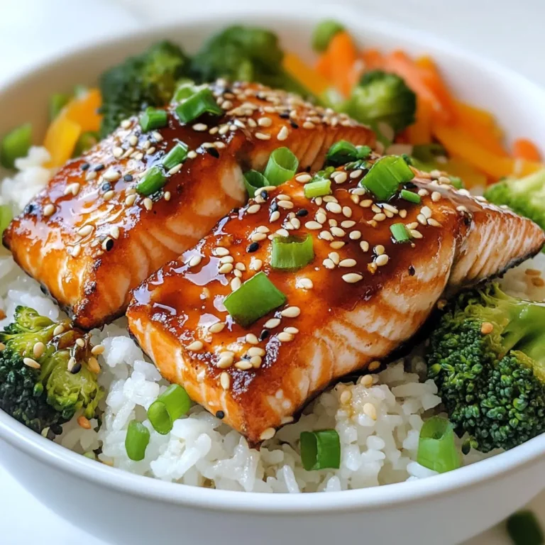 - 2 salmon fillets - 1 cup jasmine rice - 2 cups water - 1/4 cup soy sauce (low sodium) - 2 tablespoons honey - 1 tablespoon sesame oil - 1 tablespoon rice vinegar - 1 tablespoon grated ginger - 2 green onions, chopped - 1/2 cup broccoli florets - 1/2 cup sliced carrots - 1 tablespoon sesame seeds - Salt and pepper to taste You can add your favorite veggies like bell peppers or snap peas. Tofu is a great choice for a vegetarian version. You can also use brown rice instead of jasmine rice for a healthier option. To make this dish, you will need: - A saucepan for the rice - A non-stick skillet for the salmon - A small bowl for mixing the sauce - A pot or steamer for the vegetables - A fork for fluffing the rice - A serving bowl for the final dish Gather these items before you start cooking. Having everything ready makes cooking easy and fun! {{ingredient_image_1}} To cook jasmine rice, start by rinsing it. Place the rice in a strainer and run cold water over it. Keep rinsing until the water runs clear. This removes excess starch and helps the rice stay fluffy. Next, combine one cup of rinsed rice with two cups of water in a saucepan. Bring the mixture to a boil. Once it boils, lower the heat, cover the pan, and let it simmer for about 15 minutes. After that, check if the water is all absorbed. Fluff the rice with a fork and keep it warm for later. Making teriyaki sauce is quick and easy. In a small bowl, mix together the soy sauce, honey, sesame oil, rice vinegar, and grated ginger. Use a whisk to blend everything until smooth. This sauce adds a sweet and savory flavor to the salmon. You can adjust the ingredients to fit your taste. If you want more sweetness, add more honey. For more tang, add extra rice vinegar. Now, it’s time to cook the salmon. Season both sides of the salmon fillets with salt and pepper. Heat a non-stick skillet over medium heat and add a drizzle of sesame oil. Once the oil is hot, place the salmon fillets skin-side down in the skillet. Cook them for about 4 to 5 minutes until the skin is crisp. Carefully flip the fillets over and pour half of the teriyaki sauce over them. Cook for another 4 to 5 minutes until the salmon flakes easily with a fork. While the salmon cooks, you can sauté the vegetables. In a separate pot, steam the broccoli florets and sliced carrots. Cook them for about 3 to 4 minutes until they are tender but still crisp. Steaming keeps the veggies bright and vibrant. You can use any vegetables you like, but broccoli and carrots pair nicely with the teriyaki flavors. Now, it’s time to put everything together. Grab a serving bowl and scoop in a generous amount of jasmine rice. Place a cooked salmon fillet on top of the rice. Next, add the steamed broccoli and carrots around the salmon. Drizzle the remaining teriyaki sauce over the entire bowl. For a final touch, sprinkle chopped green onions and sesame seeds on top. This adds flavor and a nice crunch. Enjoy your colorful and tasty teriyaki salmon rice bowl! To cook salmon well, start with fresh fillets. Look for bright color and firm texture. Always season both sides with salt and pepper. This step boosts flavor. Use a non-stick skillet for easy cooking. Heat the skillet over medium heat before adding oil. This helps the salmon cook evenly. Cook skin-side down first to get crispy skin. Flip the fillets gently to avoid breaking them. Pour half of the teriyaki sauce over the salmon while it cooks. This adds a sweet glaze. Cook until the salmon flakes easily with a fork. Cooking jasmine rice is simple. Rinse the rice under cold water first. This removes excess starch and keeps it fluffy. Use a ratio of 1 cup of rice to 2 cups of water. Bring it to a boil, then lower the heat. Cover and let it simmer for 15 minutes. After cooking, fluff the rice with a fork. This adds air and keeps it light. Keeping the rice warm until serving helps keep it soft. You can swap ingredients if needed. For salmon, try other fish like tilapia or trout. If you want a vegetarian option, consider tofu or tempeh. Instead of jasmine rice, use brown rice or quinoa for a different taste. You can also add any veggies you enjoy. Peas, bell peppers, or snap peas work well. Get creative with the teriyaki sauce too. Use maple syrup instead of honey for a vegan option. Pro Tips Fresh Ingredients: Always choose fresh salmon and vibrant vegetables for the best flavor and texture in your rice bowl. Marinating Time: For deeper flavor, consider marinating the salmon in the teriyaki sauce for 30 minutes before cooking. Vegetable Variations: Feel free to add or substitute other vegetables like bell peppers or snap peas for added color and nutrition. Perfect Rice: For fluffy rice, let it rest covered for a few minutes after cooking before fluffing with a fork. {{image_2}} You can switch out the salmon for many other proteins. Chicken works well here. Just cook it the same way. Grilled shrimp gives a nice twist too. For a meat option, try beef or pork. Use the same teriyaki sauce for great flavor. If you prefer a vegetarian dish, replace salmon with tofu. Firm tofu holds up well. Press it to remove extra water, then season and cook. You can also use tempeh for a nutty flavor. Add more veggies like bell peppers or snap peas for texture. While jasmine rice is a classic, you can explore other grains. Quinoa offers a nutty taste and is high in protein. Brown rice gives a heartier feel and extra fiber. Cauliflower rice is a great low-carb option. Just sauté it briefly before adding toppings. To store your leftover teriyaki salmon rice bowl, first, let it cool. Use an airtight container for best results. Place the salmon, rice, and veggies in the container. Be sure to keep the teriyaki sauce in a separate small container. This helps keep everything fresh. You can store it in the fridge for up to three days. When you’re ready to enjoy your leftovers, reheat them gently. You can use a microwave or a stovetop. If using a microwave, place the rice and salmon on a plate. Cover it with a damp paper towel to keep it moist. Heat for about one to two minutes, checking to avoid overheating. For stovetop reheating, add a splash of water to the pan. Heat it on low until warm, stirring gently. The shelf life of the ingredients varies. Fresh salmon lasts about one to two days in the fridge. Jasmine rice can last much longer, up to a year when stored in a cool, dry place. The teriyaki sauce can last about a week in the fridge. If you have any cooked veggies left, they should also be eaten within three days. Always check for any signs of spoilage before eating leftovers. A Teriyaki Salmon Rice Bowl is a tasty dish that features salmon glazed in a sweet and savory teriyaki sauce. It usually sits on a bed of fluffy jasmine rice and is topped with fresh veggies like broccoli and carrots. This bowl is not just filling; it’s colorful and healthy too! Yes, you can use frozen salmon! Just make sure to thaw it first. Place it in the fridge overnight or run it under cold water. Once thawed, season it as you would fresh salmon. This makes it a great option for busy days! You can serve this dish with a side of edamame or a simple cucumber salad. These pair well and add a refreshing crunch. If you want more carbs, try adding some steamed dumplings. They complete the meal nicely! Making teriyaki sauce is simple. In a bowl, mix together: - 1/4 cup soy sauce - 2 tablespoons honey - 1 tablespoon sesame oil - 1 tablespoon rice vinegar - 1 tablespoon grated ginger Whisk until smooth. This homemade sauce adds a rich flavor to your salmon! This recipe is not gluten-free due to the soy sauce. However, you can substitute it with gluten-free soy sauce or tamari. This small change makes the dish safe for those with gluten sensitivities. Yes, you can prepare some parts in advance. Cook the rice and make the teriyaki sauce ahead of time. Store them in the fridge for up to three days. Just cook the salmon and veggies fresh when you’re ready to eat! You've learned how to make a tasty Teriyaki Salmon Rice Bowl. We covered main and optional ingredients, plus all the tools you'll need. The step-by-step instructions simplified cooking rice and salmon while assembling your bowl. Remember, cooking is an art. Use the tips to make each dish better. You can try different proteins or grains to match your taste and diet. Store leftovers properly for fresh meals later. Enjoy your cooking journey and share your perfect bowl with others!