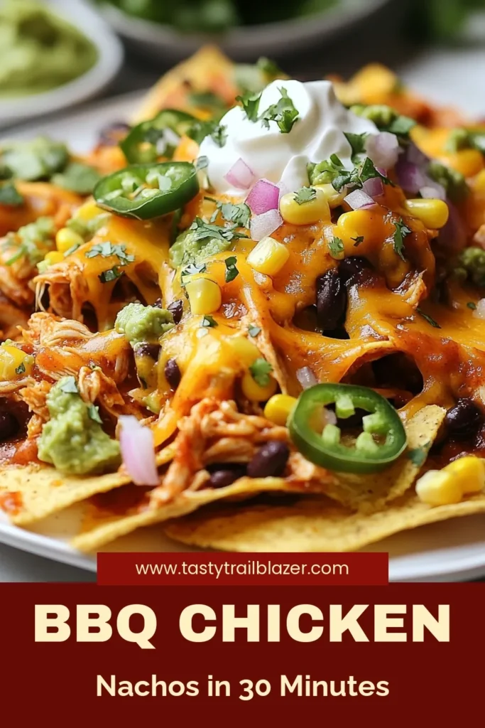 Indulge in these Sizzling BBQ Chicken Nachos, the ultimate crowd-pleaser! This Sheet Pan Nachos Recipe is perfect for game day or a cozy night in. Enjoy Easy Nachos with Chicken layered with cheddar cheese, black beans, and corn for a delightful BBQ chicken nachos appetizer. Quick to make and irresistibly tasty, these nachos will be a hit! Try it today and save for your next gathering! #BBQChickenNachos #SheetPanNachos #EasyNachos #CheddarCheeseNachos