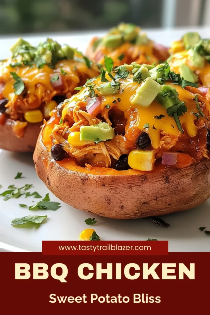 Discover the deliciousness of BBQ chicken stuffed sweet potatoes! This easy recipe combines tender sweet potatoes with shredded chicken in BBQ sauce, topped with cheddar cheese—perfect for healthy BBQ chicken recipes. Looking for filling dinner ideas? Try these stuffed sweet potato recipes for a nutritious meal! Get inspired and save this tasty dish for your next dinner! #BBQChickenStuffedSweetPotatoes #HealthyRecipes #SweetPotatoDinnerIdeas #CheddarCheeseStuffedPotatoes