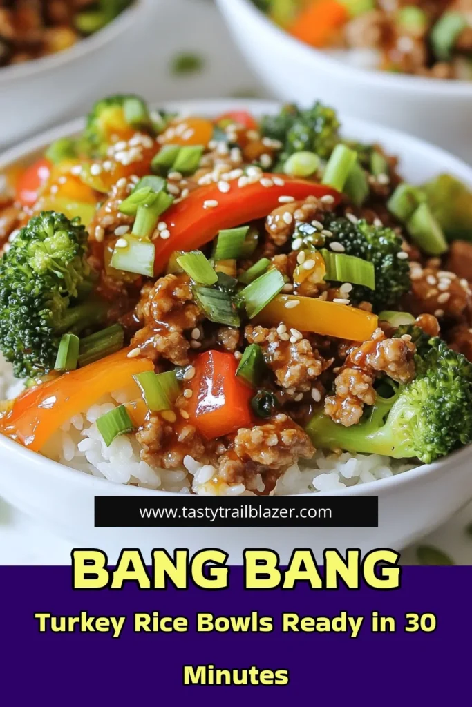 Looking for a quick and healthy dinner option? Try these Bang Bang Ground Turkey Rice Bowls! This delicious ground turkey rice recipe is packed with flavor and comes together in just 30 minutes. Perfect for busy weeknights, this easy stir fry recipe features juicy ground turkey, vibrant veggies, and a spicy-sweet sauce. Make your weeknight meals exciting and save this healthy turkey rice bowl for your next dinner! #BangBangTurkeyBowls #GroundTurkeyRiceRecipe #HealthyTurkeyRiceBowl #QuickTurkeyDinner