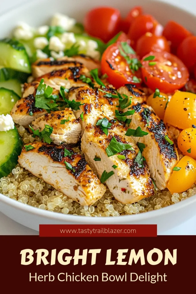 Discover how to make a delicious Lemon Herb Quinoa Chicken Bowl that's both healthy and satisfying! This quinoa chicken recipe features juicy marinated chicken, fluffy quinoa, and vibrant Mediterranean veggies. Perfect for meal prep or a quick weeknight dinner, this healthy chicken bowl is sure to impress. Try this flavorful lemon chicken marinade and elevate your meal. Save this recipe for a refreshing twist on dinner! #QuinoaChickenRecipe #HealthyChickenBowl #MediterraneanQuinoaSalad #LemonHerbQuinoaBowl